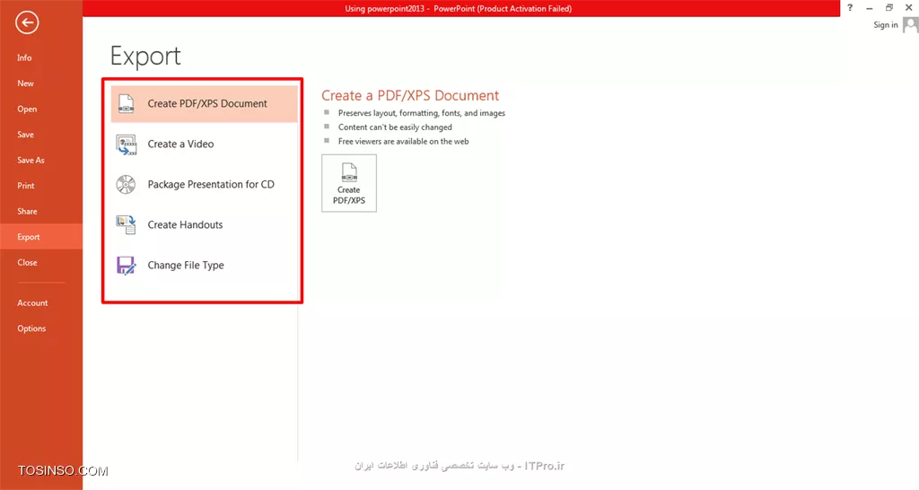 !! آموزش تنظیمات پاورپوینت
سلام دوستان ITPROای!! امروز با آخرین مطلب آموزشی از دوره آموزش تصویری پاورپوینت درخدمتتون هستم امیدوارم که تا اینجای کار پیگیر این آموزش بوده باشید و کلی تمرین کرده باشید و الان هم همراه من آخرین بخش مربوط به تنظیمات رو بررسی کنید.همون طور که گفتم چون این قسمت یکم طولانی بود مجبور بودم که به دو بخش تقسیمش کنم که بهتر باشه:) 

first :ابتدا پاورپوینت 2013 رو باز می کنیم و میریم سراغ file و گزینه ی export (خروجی) رو بررسی می کنیم:در واقع در این قسمت اگر ما *create pdf/exp document* رو انتخاب کنیم می تونیم از پاورپوینت مون به دو فرمت ذکرشده خروجی بگیریم.
اگر *create video *رو بزنیم خود برنامه از پاورپوینت ما ویدیو میسازه و خروجی میدهد.
با انتخاب گزینه ی  *package presentation for cd*  پاورپوینت رو به صورت یک پکیج دربیاریم برای CDها به طوری که بر روی همه ی کامپیوترها سازگار باشه و ارائه بشه.
گزینه ی *handout *برای این هست که شما پاورپوینت تون رو بر روی word office خروجی بگیرید.
با انتخاب گزینه ی *change file type* نوع پاور رو برای مثال به صورت open document یا powerpoint show و... درمیاریم:

||https://tosinso.com/files/get/6faa3017-dd68-424b-b857-aa6b45ea2c9a||

اما قسمت دیگه از تنظیمات:
برای مثال شما میخواین که رنگ ظاهری پاورپوینت تون تغییر کنه و دیگه سفید نباشه در این صورت option رو انتخاب می کنید و از قسمت office theme رنگ مورد نظرتون رو انتخاب می کنید مثلا من رنگ dark gray رو انتخاب کردم:(در 2016 رنگ مشکی هم هست)

||https://tosinso.com/files/get/f12c68e2-21f2-4d73-b472-5ed236e75f3c||
اگر بخوایم ریبون پاورپوینت رو مخفی کنیم در صفحه ی اصلی پاورپوینت بالا گوشه ی سمت راست (یک مربع که داخلش فلش هست) رو کلیک می کنیم یک منوی کوچک برامون نمایش داده میشه:
* *Auto-hide-ribbon* : کلا tab ها و ریبون ها رو مخفی می کنه.
* *show tabs* : فقط tab هارو نشون میده.
* *show tabs and commands* : تب ها به همراه دستورالعمل هاشون رو نمایش میده.به شکل زیر:

||https://tosinso.com/files/get/03c57819-2c12-4879-b7b2-dc473967b7c8||
اما میریم سراغ نمایش اسلایدهامون برای ارائه:
اگر کلید F5 رو انتخاب کنید وارد اسلایدشو می شوید و اگه روی صفحه کلیک راست کنید یک منویی براتون باز میشه:
با انتخاب next به اسلاید بعدی میره.
با انتخاب previous به اسلاید قبلی میره.
اگر see all slides رو بزنید همه ی صفحه اسلایدهاتون رو براتون نمایش میده مانند تصویر زیر:

||https://tosinso.com/files/get/fb5947c2-826c-4f24-8a60-149ae2bac9e2||
با انتخاب zoom in برروی قسمتی از اسلاید زوم می کنید:

||https://tosinso.com/files/get/a3332f3f-2c55-4208-b16d-0f5c8c970600||
pause به معنی توقف و end show به معنی پایان اسلایدشو می باشد.

اگر pointer option رو بزنید کادری براتون باز میشه که میتونید قلم لیزری رو انتخاب کنید،با قلم برروی صفحه اسلاید بنویسید و با eraser اون رو به راحتی پاک کنید و حتی یک قسمتی رو هایلایت کنید و حتی با انتخاب گزینه ی ink color رنگ بندی رو هم خودتون انتخاب کنید:

||https://tosinso.com/files/get/f759707c-22ae-4031-9d54-58177eb31f9b||

||https://tosinso.com/files/get/d3aea3b2-a49d-4955-9e02-9b21afe80346||

همچنین با انتخاب presenter view تصویر زیر براتون به نمایش درمیاد که می تونید از روی آن پاورپوینت خودتون رو ارائه بدید:

||https://tosinso.com/files/get/4337434f-f964-47ff-be7a-808ac9448e30||
خب آموزش تنظیمات پاورپوینت هم تمام شد امیدوارم که از این دوره آموزشی استفاده کرده باشید البته احتمالا یک نکته هم در همین موضوع مطالب خواهم گذاشت(نکاتی درمورد چگونگی نحوه ی ارائه پاورپوینت) حرف آخر: نظر درباره ی این دوره آموزشی فراموش نشه:)
*itpro باشید.*


نویسنده: حمیده سلامی
منبع: |جزیره مبانی کامپیوتر و مهارت های هفتگانه وب سایت توسینسو::https://tosinso.com/icdl|
هرگونه نشروکپی برداری از نوشته بدونه ذکر منبع و نام نویسنده حرام است.