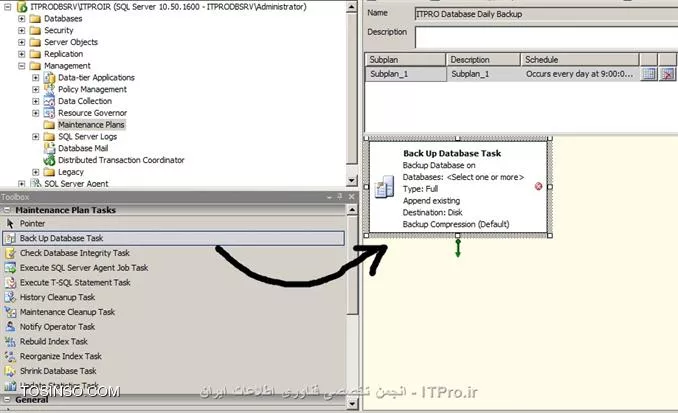 تصویر هفتم : انتخاب کردن Backup Maintenance Plan در SQL  سرور 2008