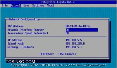 سلام دوست عزیز.
در نظز میگیرم که از سرور HP استفاده میکنی. سرورهای HP دارای یک Information Tag هستن مثل تصویر زیر:

||http://www.tosinso.com/files/get/96970602-e97b-4bd5-bd3f-2f642a7fdf97||

روی این Tag، دو چیز رو باید ببینین.
1. Serial Number که جلوی USE نوشته شده.
2. Factory set username & password که جلوی ILOUSE  و Password نوشته شدن.

در قسمت پشت سرو شما، یک پورت مخصوص برای ILO وجود داره. مثل تصویر زیر:

||http://www.tosinso.com/files/get/4e1b8a04-2260-4a6a-a2d4-09a14435692a||

می بایست با یه کابل RJ45 این پورت رو به شبکه خودتون متصل کنید.

حالا می بایست بقیه تنظیمات را روی POST انجام بدین. بدین ترتیب که سرور رو Restart کنید. زمانی که سرور در حال Boot شدن هستش، به شما پیغام میده که برای انجام تنظیمات Integrated Lights Out، کلید F8 رو بزنید.

||http://www.tosinso.com/files/get/18742be8-2bfb-488a-b706-99df6f60aa19||

از اینجا به بعد دیگه نیاز به توضیح زیادی نیست. اول Set Defaults کنین که تنظیمات به حالت پیش فرض برگردن.

||http://www.tosinso.com/files/get/c5af8b8d-2816-492d-9e30-a2fefe85b358||

سپس به تب Network برین و از حالت DHCP خارج کنین و DNS Name رو تغییر بدین.

||http://www.tosinso.com/files/get/55924ac8-80f9-4419-aa28-27a515abbcaf||

حالا Static IP رو Set کنید.

||http://www.tosinso.com/files/get/7001f267-0951-4d92-95d7-3d1582d4d243||

حالا به تب User برین و Password مربوط به Administrator رو تغییر بدین. و یا اینکه یه User جدید درست کنین.

||http://www.tosinso.com/files/get/60231c4d-ea83-48f4-aa14-49939a57f5e4||

توجه داشته باشین که Username و Password، هر دو Case Sensitive هستن. یعنی بزرگ و کوچک بودن حروف اهمیت داره.

حالا از منوی قبل خارج بشین، تنظیمات رو Save کنین و ILO رو Restart کنین. سپس برای اطمینان سرور رو Restart کنین. حالا میتونین تنظیمات خودتون رو امتحان کنین. (یک پنجره IE باز کنین و IP مربوط به ILO رو وارد کنین)

||http://www.tosinso.com/files/get/1b4aa0c4-9ba6-4b11-b5a6-b2ae47bf5057||

اگر نمیخواین از Static IP استفاده کنین، میتونین Lease های DHCP رو چک کنین و ببینین که ILO چه IP گرفته (بر اساس اسمی که روی Tag نوشته شده).
همینطور تمامی تنظیماتی که از طریق صفحه POST انجام دادین رو میتونین توی Web Interface هم انجام بدین. لازم به ذکر هستش که سرور های HP دارای قابلیتی هستش به اسم HPONCFG که با استفاده از اون، از طریق Command هم میتونین با ILO ارتباط برقرار کنین.