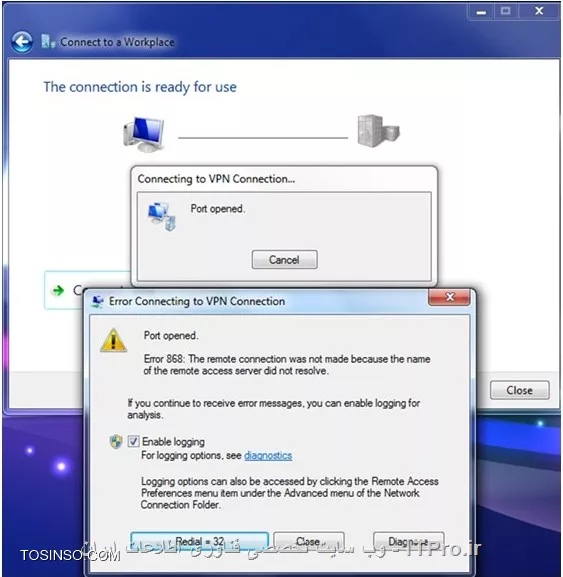 به نام خدا
با سلام 
بنده روی ویندوز سرور 2012 vpn server  راه اندازی کردم و  تنظیمات کلاینت هم این گونه است اما وقتی کلاینت هنگام کانکت شدن   از اینترنت این خطا را میدهد. در ضمن آنتی ویروس سرور را هم غیر فعال کردم اما دوباره این خطا را میدهد.
لطفا راهنمایی کنید
 با تشکر فراوان
سرور: workgroup
||https://tosinso.com/files/get/706bec65-c1b6-44ce-8e61-20cd6ccece6b||
||https://tosinso.com/files/get/751770b6-8836-476d-9449-cc090c5c0dcf||
در اینترنت هم جستجو کردم و راهنماییهای ارائه شده را انجام دادم اما متاسفانه نشد.