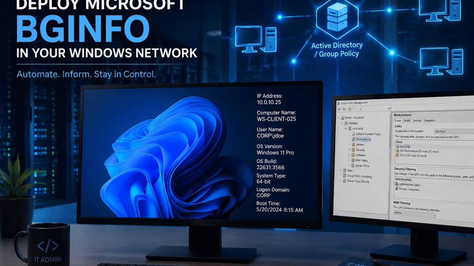 آموزش پیاده سازی BgInfo برای نمایش اطلاعات سیستم کاربران در شبکه با استفاده از Group Policy