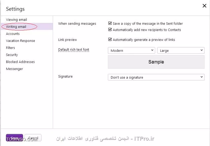 سلام 
در میل کلاسیک option  وجود داشت اما حالا مثل عکس زیر عمل کنید
فقط کافیه موس رو روی اون چرخ دنده نگه دارید(کلیک نکنید) تا پنجره ای که عکس زیر نمایش داده میشه ظاهر شه.

||http://network.tosinso.com/files/get/e3f1285a-168b-4097-a3de-f76d0507646e||

||http://network.tosinso.com/files/get/717c1d33-f58d-4020-8dee-d527537e49b5||

||http://network.tosinso.com/files/get/300ca264-a4fb-430f-bd5c-c77fd6fe13ec||

عکس های بالا برای اینه که با چه فونتی و سایزی ایمیلت تایپ شه اما کار شما مربوط به عکس زیر هست.

||http://network.tosinso.com/files/get/8a5cd76d-534b-4dbd-ac5f-138ed44834ff||