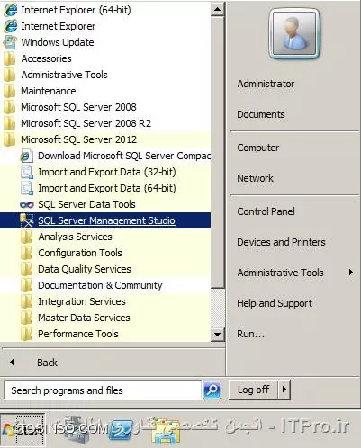 آموزش SQL Server انتخاب گزینه Management Studio در منوی استارت
