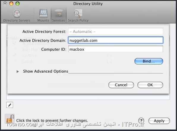 جهت این کار از نسخه 10.3 سیستم عامل MAC برنامه ای به اسم  directory access یا Direct Utility قرار گرفته که این برنامه امکان join کردن یک MAC را در شبکه domian ویندوز و سرویس active directory فراهم کرده ، ضمناً برنامه directory access تا ورژن 10.5 در آدرس زیر قرار دارد.
<c#>
Applications/Utilities/Directory Access.app
<c#>
||http://network.tosinso.com/files/get/4b025840-a867-4508-8342-9aac29990cde|| 
در ورژن 10.6 این برنامه حذف شده و به صورت bundle بخشی از تنضیمات خود سیستم عامل MAC شده که برای دسترسی به آن باید از بخش system prefrences در قسمت accounts اقدام به اتصال کنید.
زمانی که سیستم عامل MAC OS به هیچ domain ی متصل نباشد به جای دایره سبز رنگ دکمه join نمایش داده میشود.
پس از کلیک کردن بر روی دکمه join پنجره ای باز میشود که در آن اطلاعات مربوط به domain و username و password مربوط به admin شبکه را وارد نمایید را وارد نمایید و ok کنید ، حال در finderدر قسمت share به تمام client ها دسترسی دارید.
||http://network.tosinso.com/files/get/72d3a8fc-8e34-4bf9-b990-0d8164e961f8||
اطلاعات بیشتر در لینک های زیر:
* |Integrate Macs into a Windows Active Directory domain::http://www.techrepublic.com/blog/apple-in-the-enterprise/integrate-macs-into-a-windows-active-directory-domain/|
* |How to join a Mac OS X computer to Active Directory::https://4sysops.com/archives/how-to-join-a-mac-os-x-computer-to-active-directory/|
