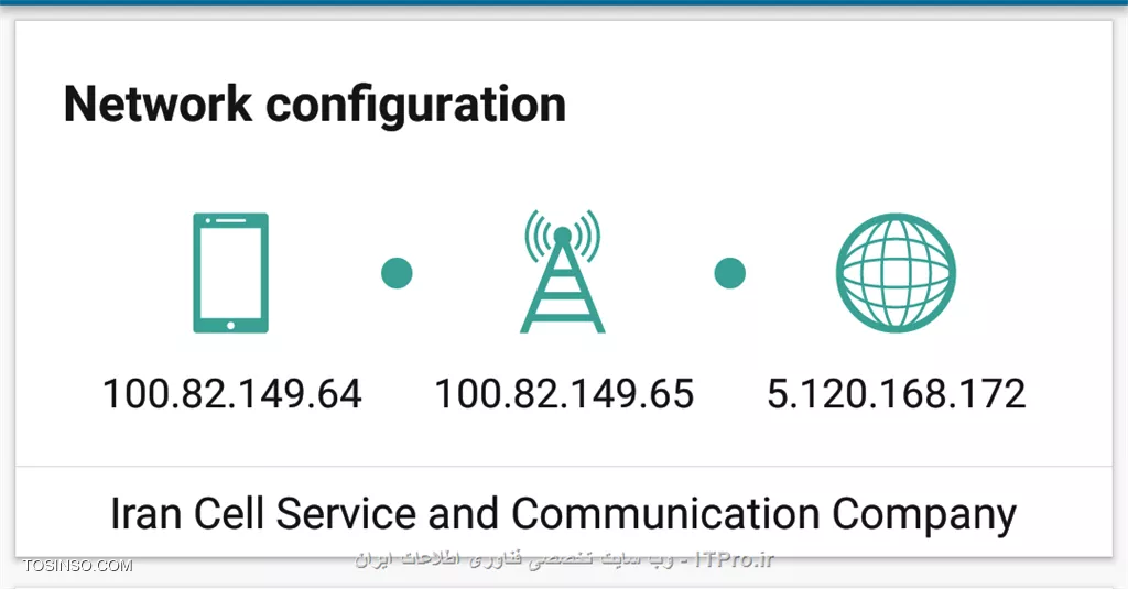 arash_ict عزیز
نه. اونجا آی پی Public رو نشون میده. ولی IP روی گوشی من یه چیز دیگه ست. واسه اینکه بهتر متوجه بشید یه عکس از برنامه Pingtools روی گوشیم به شما نشون میدم.

||https://network.tosinso.com/files/get/7337706b-abe7-4d43-9405-be026f80d5e9||

در اینجا آی پی Public همون 5.120.168.172 هست و آی پی دستگاه من 100.82.149.64 هست که از اینترنت دیده نمیشه.
