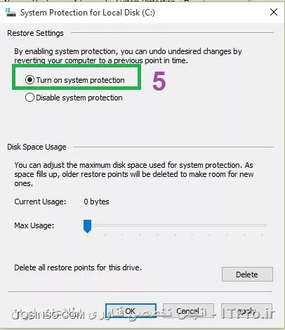 درود
برای ایجاد Restore Point اول باید System Protection رو فعال کنید:
1.روی my computer راست کلیک کرده و properties رو انتخاب کنید
||http://programming.tosinso.com/files/get/0f54f6f8-68c4-4e96-866e-977e95683930||
2.
||http://programming.tosinso.com/files/get/01b10189-f0fa-44d7-bc1b-e2bf4174bc91||
3. drive که میخوایید روش System Protection فعال کنید ، انتخاب و روی configuration کلیک کنید.
||http://programming.tosinso.com/files/get/09eac810-0377-42f6-83dc-f17db740d9d7||
4.گزینه turn on System Protection زو انتخاب و ok کنید
||http://programming.tosinso.com/files/get/7434c7b4-7af5-4cca-a49f-2458537956bb||
5.بعد از فعال کردن System Protection حالا باید یه Restore Point ایجاد کنید
 داریوی که میخواهید Restore Point رو روی اون ایجاد انتخاب و بر روی create کلیک کنید
||http://programming.tosinso.com/files/get/6dea9302-3ea2-4fb6-9b7a-ce0958409cf4||
6.یه اسم یا یه متن دلخواه وارد کنید 
||http://programming.tosinso.com/files/get/409acf79-0025-415d-840f-724701984adb||
7. برای استفاده از این Restore Point :
||http://programming.tosinso.com/files/get/75f6bad1-102e-47d6-b8f9-5b77eeaae329||



