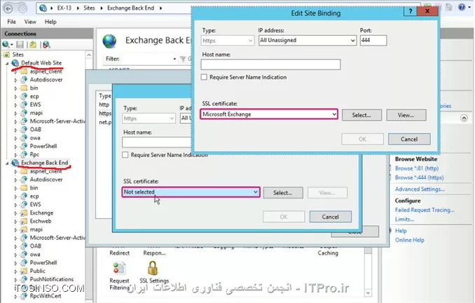 کنسول IIS را باز کنید. دو وب سایت مشاهده می کنید :
# Default Web Site
# Exchange Back End
بر روی هر کدام از اینها کلیک کنید در قسمت سمت راست گذینه Binding را مشاهده می کنید با کلیک بر روی آن کادری شبیه کادر زیر مشاهده می کنید :
||http://network.tosinso.com/files/get/4e33fbf9-5e9e-48e0-ac06-1cf10f0d7e89||
Https را انتخاب و گذینه edit را کلیک کنید و در قسمت SSL Certificate را به Microsoft Exchange تعقیر دهید :
||http://network.tosinso.com/files/get/74fdf138-dfbc-471b-a19c-4d60479dad6b||
بصورت پیش فرض Exchange برای خود یک Certificate بصورت Self-Sign  ایجاد می کند به نام Microsoft Exchange که در کادر بالا روری این Certificate ست شده است.

در محیط وب بیس Exchange در قسمت Certificate می توانید یک Certificate ایجاد یا درخواست کنید.
||http://network.tosinso.com/files/get/12e44385-8806-45b8-b2a8-5f449e491367||
موفق باشید
