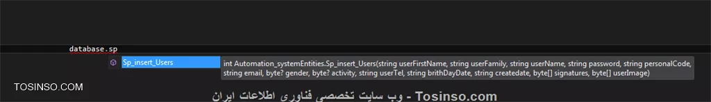 باسلام
من دوتا stored procedure در sql server 2012 ساختم مطابق شکل زیر:
||https://tosinso.com/files/get/e460f0c9-3be9-47b8-8164-3ae34f375377||
و این دو تا stored procedure در ویژوال استودیو در قسمت Model Browser نمایش داده میشه مطابق شکل زیر:
||https://tosinso.com/files/get/5ff1ea77-8ea1-404f-87a8-b879212ad501||
ولی فقط دستور sp_insert_users در قسمت کد نویسی ویژوال نمایش داده میشه مطابق شکل زیر:
||https://tosinso.com/files/get/76ea30df-6940-40a1-ab5b-fe733318d60d||
لطفا راهنمایی فرمایید علت این مشکل چیه و چه باید کرد؟
