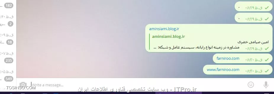 سلام اساتید و مهندسین عزیز
احتمالا با برخی آدرس های سایت در تلگرام برخورد کردید که بعد از ارسال برای دوستان یک Caption به آن اضافه میشود
بررسی نمودم دوستان فرمودن مربوط به سئو سایت هست و دستور خاصی داره و دستور مورد نظر رو امتحان کردم اما نشد
خواهشمندم بیشتر راهنمایی فرمایید.
با تشکر از شما
مطابق عکس
||http://tosinso.com/files/get/777256d8-67ec-47ee-8593-a6ac48a4c056||