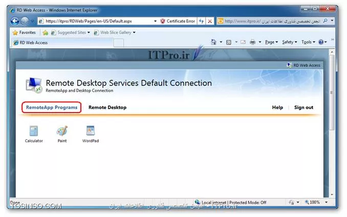 با آخرین قسمت از سری مقالات آموزش راه اندازی Remote Desktop Services در Windows Server 2008 R2 در خدمت شما هستیم ، در قسمت قبل از این سری مقالات روش ارائه این سرویس را با استفاده از کنسول RemoteApp Programs و بوسیله فایلهای RDP و MSI بررسی کردیم ، گفتیم که با استفاده از این روش کاربران میتوانند با نام و رمز کاربری خود بصورت همزمان چند Session برقرار کرده و از چندین نرم افزار بصورت همزمان استفاده کنند همچنین گفتیم که مدیران میتوانند با استفاده از فایلهای MSI آنها را بصورت متمرکز در شبکه نصب کنند تا دیگر نیازی به در دسترس قرار دادن فایلهای RDP و MSI برای کاربران نباشد اما با این حال باز ممکن است به هر دلیلی برخی از کاربران از قلم افتاده شود و به این فایلها دسترسی نداشته باشند لذا همین مورد ممکن است یکی از دغدغه های مدیران شبکه بوده باشد .

در این قسمت از این سری مقالات تصمیم داریم روش ارائه این سرویس را تحت وب به شما آموزش دهیم شما به عنوان مدیر شبکه با استفاده از این روش میتوانید یک آدرس URL را به کاربران خود معرفی کرده و از آن پس کاربران با وارد کردن این آدرس در مرورگر خود و وارد کردن نام کاربری و رمز عبور خود نام نرم افزارهای ارائه شده توسط مدیر شبکه را در مرورگر وب خود مشاهده کرده و با انتخاب نرم افزار (های) مورنظر به آنها دسترسی پیدا کند در این روش ، دیگر نیازی نیست که فایل هایی مثل RDP و یا MSI درست کنیم و یا اینکه آدرس مسیر نرم افزار مورد نظر را برای کاربران مورد نظر وارد کنیم. 

در ابتدا برای استفاده از این سرویس تحت وب لازم است که رول Remote Desktop Web Access را در Remote Desktop Server خود نصب کنید که ما در قسمت اول از این سری مقالات این کار را انجام دادیم و همانطور که مشاهده کردید IIS هم بصورت همزمان و بطور اتوماتیک بر روی سرور نصب خواهد شد. زمانی که این سرویس بر روی سرور نصب شود بصورت اتوماتیک یک وب سایت ایجاد میشود که کاربران از طریق این وب سایت با سرور ارتباط برقرار کرده و از این سرویس استفاده میکنند برای اینکه کلاینتها از این سرویس بتوانند استفاده کنند لازم است که آدرس DNS مناسب را برای هدایت کلاینتها به سمت سرور وارد شود در صورتی که کالینت ها DNS سرور را پیدا نکنند در زمان برقراری اتصال پیغامی مبنی بر عدم یافتن سرور به شما نمایش داده خواهد شد به شکل زیر :
<ltr>
The remote computer could not be found Please contact your helpdesk about this error
<ltr>
||http://tosinso.com/files/get/0158cc0e-4ff7-4839-8cbf-c144ebd31202||
خب برای اینکه نرم افزارها را در شبکه برای استفاده کلاینتها Publish کنیم در ابتدا وارد کنسول RemoteApp Manager شده و در قسمت RemoteApp Programs نرم افزار (های) مورد نظر خود را اضافه میکنیم ، بطور پیشفرض تمام نرم افزارهایی که در این لیست اضافه میشوند از طریق وب قابل دسترسی هستند اما شما با راست کلیک بر روی نرم افزارها در لیست و انتخاب دو گزینه ی Show in RD Web Access  و Hide in RD Web Access میتوانید آن نرم افزار را در دید کاربران در صفحه مرورگر پنهان کرده و یا نمایش دهید ، همانگونه که در تصویر زیر مشاهده میکنید در ستون RD Web Access وضعیت نرم افزار یعنی نمایش یا پنهان بودن آن در زمان استفاده از مرورگر وب را میتوانید مشاهده کنید
||http://tosinso.com/files/get/c3d9fda5-0451-4924-86d8-ef7789d09085||
تا اینجا کار ما در سرور تمام شده ، حالا کاری که کلاینت برای ان اتصال لازم است انجام دهند را با هم بررسی میکنیم. کلاینتها برای اینکه به صفحه وب مورد نظر دسترسی داشته باشند بایستی آدرس URL را به شکل زیر در صفحه مرورگر خود وارد کرده و به جای ServerName نام سرور و یا آدرس IP آن را قرار دهند
<htm>
https://ServerName/RDWeb
<htm>
البته این آدرس قابل تغییر بوده و در صورت نیاز میتوانید آن را تغییر دهید ، پس از باز کردن آدرس کلاینتها با صفحه ای به شکل زیر مواجه میشوند:
||http://tosinso.com/files/get/596a2efb-301f-45eb-9b38-054e982d57b9||
در این صفحه در قسمت Domain\user name: نام کاربری و در قسمت Password کاربر رمز عبور خود را وارد کرده همچنین در قسمت Security کاربر میتواند سطوح امنیتی خود را تغییر دهد و در نهایت Sign in را زده تا وارد محیط کاربری خود شود. پس از ورود ، کاربر با پنجره ای به شکل زیر مواجه خواهد شد و با کلیک بر لینک RemoteApp Programs در مرورگر خود میتواند نرم افزارهای Publish  شده ای که مدیر در اختیارشان قرار داده را در پایین این لینک مشاهده کند و با کلیک بر روی نرم افزار(های) مورد نظر، آنها را اجرا و از آنها استفاده کند.
||http://tosinso.com/files/get/7774497e-421d-4ddf-9aa3-c65a0858aa7b||
دقت داشته باشید که کاربران بعد از کلیک بر روی نرم افزار مورد نظر ، پنجره ای دقیقا به شکل همان پنجره ای که در زمان اجرای فایلهای RDP با آن مواجه میشود را مشاهده می کنند و با روش مشابه که در قسمتهای قبلی مقالات توضیح داده شده میتوانند ارتباط را برقرار کرده و پس از احراز هویت به سرور وصل شوند. گاهی ممکن است که بنا به نیاز مدیر شبکه با استفاده ازDelegation  به یک کاربر اجازه دسترسی به برخی کنسولهای مدیریتی در سرور را داده باشد و کاربر بنا به سطح دسترسی خود لازم باشد که به سرور ریموت زده تا تصویر دسکتاپ سرور را مشاهده و به کنسولهای مورد نظر دسترسی داشته باشد ، کاربر برای اینکار در  Run عبارت mstsc را تایپ کرده و با وارد کردن آدرس سرور به آن ریموت میزند ، با راه اندازی این سرویس تحت وب راه دیگری برای کاربر فراهم میشود که با رفتن به صفحه وب و کلیک بر روی لینک Remote Desktop صفحه به شکل زیر تغییر کرده و در قسمت Connect to آدرس و یا نام کامپیوتر مورد نظر خود را بنویسد و به آن متصل شود
||http://tosinso.com/files/get/40a95855-00f8-4279-b7d6-c1de2f1f24db||
کاربر با زده Options یک سری تنظیمات دیگر مشاهده میکنید و امکان انتخاب برخی اختیارات و تنظیمات برای شما فراهم میشود، در واقع بدینوسیله کاربر همان کاری که در mstsc انجام میدهد را میتواند انجام دهد و به سرور و یا هر کامپیوتر دیگری در شبکه در صورت وجود دسترسی مناسب Remote زده و وصل شود.

*نتیجه گیری:*
در این سری مقالات تصمیم بر آن داشتیم که آموزش راه اندازی Remote Desktop Services داده شده همچنین روشهای Publish نرم افزارها را در شبکه و با استفاده از Remote Desktop Services بررسی کنیم در قسمت اول آموزش نصب Rule و در قسمت دوم استفاده از تب Environment را بررسی کردیم و مزایا و معایب آن را با هم بررسی کردیم ، در قسمت سوم با کنسول RemoteApp Manager آشنا شدیم و روش ساخت و استفاده از فایلهای rdp و msi همچنین مزایا و معایب آنها را بررسی کردیم یکی از معایب آنها این بود که کاربران برای بهره مندی از این سرویس نیاز به فایل rdp و یا msi مربوط به نرم افزار مورد نیاز بودند و بایستی مدیر در شبکه این فایلها را به هر طریقی در اختیار کاربران قرار میداد همچنین با Publish کردن نرم افزار جدید بایستی فایل مربوطه در اختیار کاربران قرار داده می شد. در قسمت چهارم که قسمت آخر از این سری مقالات بود استفاده از Remote Desktop Web Access را بررسی کردیم که با استفاده از آن کاربران با وارد شدن به آدرس URL از پیش تعیین شده و احراز هویت میتوانند نرم افزارهای پابلیش شده توسط مدیر شبکه را مشاهده و بنا به نیاز خود آنها را اجرا کنند همچنین با استفاده از امکانات در همان صفحه میتوانند به کامپیوتری دیگر در شبکه خود متصل شوند که البته خود نیازمند به دارا بودن سطوح دسترسی مناسب میباشد . به امید آنکه این سری مقالات تاثیری هرچند بسیار کم در پیشرفت شما داشته باشد. شاد و پیروز باشید 

نویسنده : سعید شمس آبادی
منبع : |جزیره راهکارهای مجازی سازی وب سایت توسینسو::https://tosinso.com/virtualization|
هرگونه نشر و کپی برداری بدون ذکر منبع و نام نویسنده دارای اشکال اخلاقی می باشد.