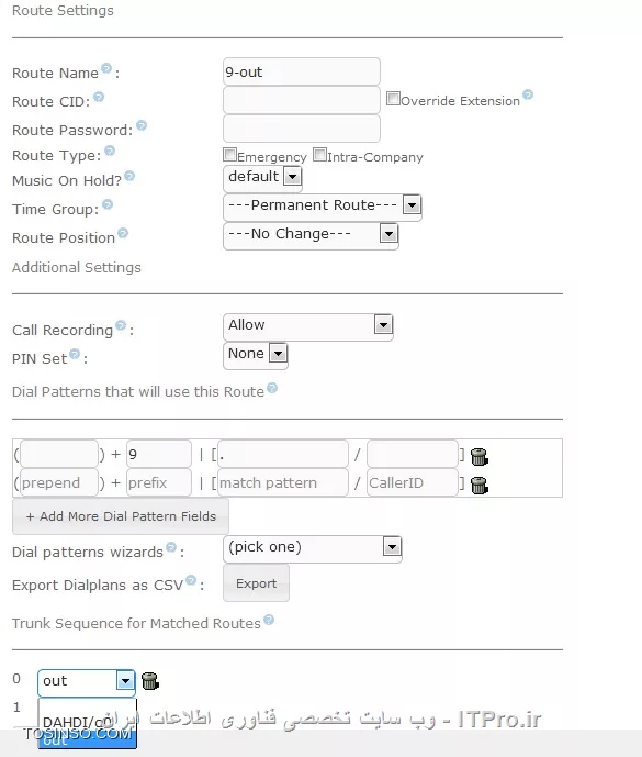 گام اول : تنظیمات Gateway ، Newrock
1-	اتصال به محیط گرافیکی:
Ip پیشفرض در مدل های مختلف Gateway های Newrock متفاوت است در جدول زیر چند نمونه از مدل ها نشان داده شده است.
 
     ||http://tosinso.com/files/get/f25f27a3-cb58-4545-9de0-3564304e8987||

 Ip دستگاه را در مرورگر وارد کنید تا محیط login دستگاه نمایش داده شود .

||http://tosinso.com/files/get/a8bce7b8-e036-470f-9bb7-8d3a8c636345||

به صورت پیشفرض username همه دستگاه های newrock ، admin و Password آن در مدل های مختلف متفاوت است جدول زیر به بخشی از آنها اشاره کرده است.

||http://tosinso.com/files/get/f916e55c-fb72-44a2-bff7-8ff71a615dda||

2-	بعد از ورود به محیط تنظیمات ابتدا باید sip server Elastix را به دستگاه معرفی کنیم  تا ارتباط بین elastix و gateway برقرار شود . برای این کار از مسیر زیر اقدام میکنیم .
                                                                                                                                                                                                                       Basic --- SIP
||http://tosinso.com/files/get/5baef045-c717-40f1-b775-0b6c73b7227a||

حال فییلدهارا بر اساس جدول زیر پرکنید و تنظیمات را save کنید.
پورت پروتوکل  sip (پورت پیشفرض پروتوکل sip ، 5060 است)	   :  Local signaling port
Ip سرور Elastix و پورت آن (پیشفرض 5060 )                            :   	Registrar server    
Ip سرور Elastix و پورت آن (پیشفرض 5060 )                            :         	Proxy server  
Per line	                :                                                                   Registrar mode

برای مثال 
Local signaling port    :                        5060
Registrar server         :      10.20.30.1:5060
Proxy server             :      10.20.30.1:5060
Registrar mode         :                      Per line

3-	بعد از تعریف sip server  باید برای مسیردهی پورت های FXO به سمت سرور Elastix ترانک (Trunk) ایجاد کنیم . برای ایجاد ترانک از مسیر زیر اقدام میکنیم.
                                                                                                                                                                                                    Trunk ---- Trunk 
||http://tosinso.com/files/get/0dd4d4a3-a10b-4f87-a3ac-6e1c18b05b72||

در بخش Trunk ID پورت FXO مورد نظر را انتخاب کنید Inbound handle را Binding  قرار دهید local SIP port را5060  و در بخش Number عددی دلخواه را وارد نمایید و گذینه های Caller ID detection  و Echo cancelation را تیک بزنید و این کار را برای تمام پورتهای FXO مورد نیازتان انجام دهید . بیاد داشته باشید که برای مسیردهی پورت های FXO با Elastix عددی که در بخش Number معرفی میکنید را باید در بخش Inbound Route  سرور Elastix و درقسمت DID Number  وارد کنید . 

پورت FXO مورد نظر	                               Trunk ID
Binding 	                                    Inbound handle
عددی دلخواه 	                                        Number
نمایش شماره تماس گیرنده	Caller ID detection  
حذف اکو از صدا 	                          Echo cancelation

برای مثال: 

Trunk ID                             FXO-1
Inbound handle                 Binding
Number                                9999
4-	حال باید برای مسیردهی تماس هایی که از سمت سرور Elastix می آید Route  بنویسیم . برای نوشتن Route  از مسیر زیر اقدام میکنیم .
                                                                                                                                                                  Routing ----- Routing Table          
||http://tosinso.com/files/get/89a440a0-2e80-4d00-a765-88042dfcad61||

در Box پیشه رو Route  مورد نظر را مینویسیم . این Route  به این معناست که تمام درخواست ها از سمت سرور Elastix را به سمت پورت های FXO بفرست .  
                                                                                                                                                                                       IP    X    ROUTE   FXO 1-8  
||http://tosinso.com/files/get/aa8a7501-d83e-4be9-81d2-3d1cadd4bc31||

5-	در اخر از تب Advance وارد  تب Tones شده و Country/region  را IRAN قرار میدهیم و دستگاه را یکبار Restart میکنیم . 

||http://tosinso.com/files/get/2148f7bb-0f89-4670-9ce1-fd3707ccb2b1||

گام دوم : تنظیمات سرور Elastix
1-	ایجاد Trunk  برای معرفی Gateway Newrock به  .Elastix برای ایجاد trunk  از مسیر زیر اقدام مینماییم :
                                                                                   PBX - PBX Configuration - Trunk - add sip trunk                                                                                                               در قسمت Outgoing Settings موارد زیر را مطابق شکل زیر پرکنید . نامی دلخواه برای Trunk درنظر بگیرید. 

||http://tosinso.com/files/get/be18aed9-422a-434d-bfbc-08ba550d35b8||

Trunk Name	           Trunk
host	Ip                   newrock
qualify	                     YES
Port                         	5060
type	                          PEER

2-	تعریف Inbound Routes برای مسیردهی تماس های ورودی از Gateway Newrock به سرور elastix در این قسمت تعیین میکنم که تماسهایی که وارد Elastix میشوند به کجا هدایت شون . برای مثال به تماس ورودی به داخلی مورد نظر یا منشی تلفنی (IVR) ،صف یا گروه پاسخ گو (Ring Group) یا ... هدایت شود .برای تعریف Inbound Routes  از مسیر زیر اقدام میکنیم .DID Number را همان شماره ای که در قسمت Trunk در Gateway newrock قرار دادیم مقدار دهی میکنیم ودر قسمت Set Destination ، Destination  مورد نظر را برای مسیردهی تماس ورودی قرار میدهیم .
                                                                                                                                                                     PBX - PBX configuration - Inbound Routes - Add Incoming Route

||http://tosinso.com/files/get/559ddd08-123d-4d22-844d-167e0641848f||
||http://tosinso.com/files/get/6caba472-aafe-4098-95d7-dd0763243cf5||

قسمت Set Destination شامل موارد زیر است . 

||http://tosinso.com/files/get/45d273d4-c2fb-4c1a-ab27-bfaac754ee0e||


3-	تعریف Outbound Routes برای مسیردهی تماس ها به سمت Gateway newrock . برای تعریف Outbound Routes از مسیر زیر اقدام میکنیم .اسمی دلخواه در قسمت Route Name انتخاب کنید و در قسمت Dial Patterns الگوی تماس دلخواه خود را وارد و در اخر از قسمت Trunk Sequence for Matched Routes ترانک مورد نظر برای هدایت تماسها به سمت Gateway  انتخاب کنید.
                                                                                                                                                                                                                PBX - PBX Configuration - Add Route

||http://tosinso.com/files/get/78056424-8215-4b2b-951f-64236308fe54||

روشهای Dial Pattern نویسی :

||http://tosinso.com/files/get/3f41a388-ec63-43f3-9a3a-a1245e184495||

PREPEND  =عددی یا مجموعه اعدادی که می خواهیم به شماره مورد نظر ما اضافه شود.
PREFIX  =عدد یا اعدادی می باشد که می خواهیم از شماره تماس گرفته شده حذف گردد.
   = MATCH PATTERN شماره هایی که در نهایت به سمت ترانک خروجی هدایت می شوند.
CALLER ID  = این پارامتر برای زمانی می باشد که ما میخواهیم این قانون برای یک داخلی خاص اعمال گردد.
کارکترهایی که در Dial Pattern مورد استفاده قرار میگیرد :
.	همه ی اعداد به هر تعدادی
X	اعداد بین 0 تا 9
Z	اعداد بین 1 تا 9
N	اعداد بین 2 تا 9
[ , ]       [ - ]	اعداد نوشته شده بین 2 عدد -  اعداد نوشته شده ,

 برای مثال:  
گرفتن شماره مبایل	                                                                09xxxxxxxxx                              
گرفتن شماره ثابت درون شهری (برای مثال شیراز)                       	0713zxxxxxx            

بعد از انجام مراحل گفته شده شما میتوانید هم به بیرون تماس داشته باشید هم از بیرون به داخل تماس دریافت کنید . 
موفق و پیروز باشید. 

نویسنده : آرش حیدری
منبع : |جزیره ویپ وب سایت توسینسو::https://tosinso.com/network|
هرگونه نشر و کپی برداری بدون ذکر منبع و نام نویسنده دارای اشکال اخلاقی است