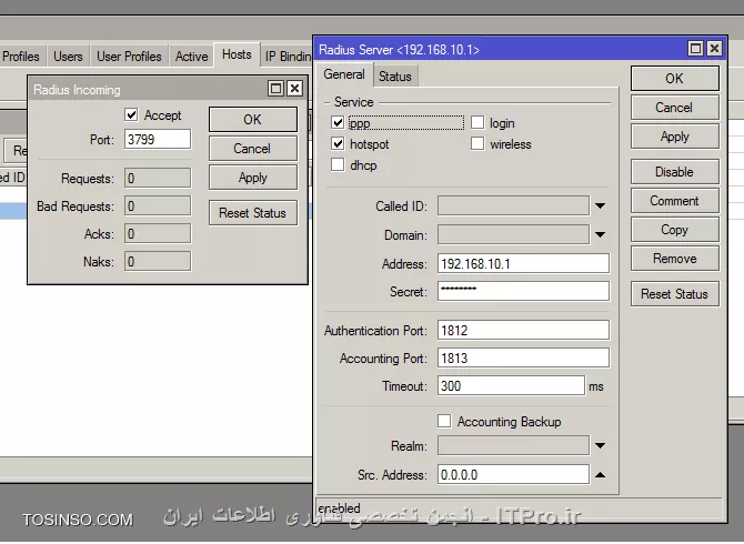 سلام
من هات اسپات رو روی میکروتیک راه اندازی کردم و user manager هم نصب کردم ولی کاربری که در خود میکروتیک درست میکنم میتونه وصل بشه ولی کاربری که در user manager ایجاد میکنم نمیتونه و خطای زیر رو میده
RADIUS server is not responding

کلیه تنظیمات درست انجام شده
تنطیمات radius میکروتیک
||http://tosinso.com/files/get/7808b1c7-b910-4e6b-82ea-a7bcd820e207||

تنظیمات  در user manager
||http://tosinso.com/files/get/2a9c102f-7e82-4ef5-b1cd-6ea8b07bd8a5||

اتصال هات اسپات به radius
||http://tosinso.com/files/get/75706c0c-f814-4209-9f91-334fe59b824d||

با تشکر