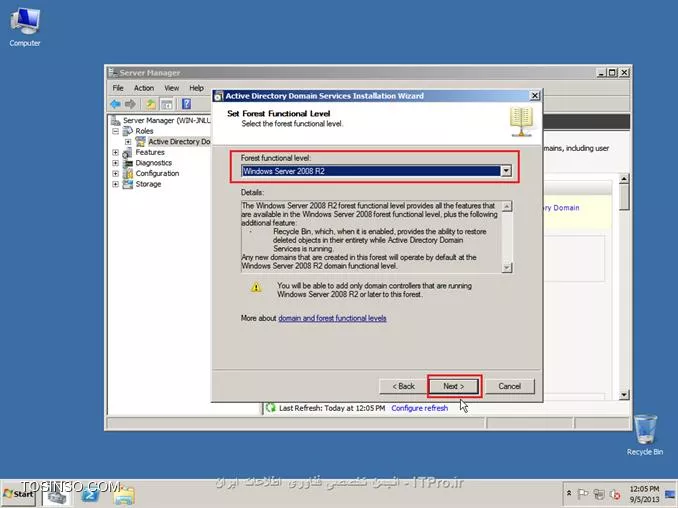||http://network.tosinso.com/files/get/465f83f1-ad1d-44fd-97d7-47db2dbdd599||
! راه اندازی یک شبکه قدرتمند محلی تحت دامین-Domain Networking

خب همان طور که از نامش معلوم هست شبکه ما تحت دامین میباشد و با شبکه های Workgroup خیلی تفاوت دارد. در شبکه دامین ما با سیستم عامل سرور یک شبکه راه اندازی میکنیم و بقیه کامپیوتر ها باید به سرور متصل شوند
تا بتوانند از سیستم های خود استفاده کنند همچنین ما در شبکه دامین میتوانیم سطح دسترسی کاربران را به قسمت های مختلف ویندوز محدود کنیم برای مثال از سرور دستور میدهم که کاربر X نتواند از USB استفاده کند و...
در شبکه Domain شما باید روی سرور برای هر کاربر Username و Password تعریف کنید تا کاربران با User و Pass های تایین شده توسط شما بتوانند کامپیوتر های خود را Login کنند.
در این قسمت از سیستم عامل Windows Server 2008 R2 استفاده میکنیم.

*خصوصیات شبکه Domain:*
قابلیت مدیرت هزاران کامپیوتر تنها از یک کامپیوتر ( سرور )
تعیین کردن سطح دسترسی کاربران به قسمت های مختلف سیستم عامل ویندوز
نصب برنامه ها تحت شبکه ( شما تایین میکنید که کاربران بتوانند چه برنامه هایی نصب کنند )
امنیت فوق العاده بالا
انعطاف پذیری بالا در مدیریت کاربران
نصب ویندوز بر روی کامپیوترهای Client عضو شبکه Domain
و......

پیکربندی ویندوز Server 2008 R2 Enterprise:
1- سیستم عامل ویندوز را روی کامپیوتر سرور نصب کنید. سیستم عامل را حتما فعال و Active کنید و ساعت آن را تنظیم کنید.
2- در این قسمت باید سرویس Active Directory را روی ویندوز سرور نصب کنید تا شبکه شما به Domain تبدیل شود. ( ADDC: Active Directory Domain Controller )
2-1: نصب سرویس Active Directory:

روی Start کلیک کنید سپس از Administrative Tools گزینه Server manager را انتخاب کنید:
||http://network.tosinso.com/files/get/d1bb9151-613e-43a6-9396-6d85acb85013||
2-2- در صفحه باز شده روی Roles کلیک کنید سپس Add Roles را بزنید:
||http://network.tosinso.com/files/get/9a64b30c-3142-4369-bca1-a874b86e16c5||
2-3- در این قسمت روی Next کلیک کنید:
||http://network.tosinso.com/files/get/587b1e57-15e6-462f-8a79-c55b970d6213||
2-4- در این قسمت تیک گزینه Active Directory Domain Services را بزنید:
||http://network.tosinso.com/files/get/ff749a6f-06e0-45a4-901e-53d8baa048a6||
2-5- صفحه ای باز میشود و باید روی Add Required Features کلیک کنید:
||http://network.tosinso.com/files/get/3fbe52f7-01e0-45d6-adb0-5fb2c2f42793||
2-6- تیک Active Directory Domain Services زده شد حالا روی Next کلیک کنید:
||http://network.tosinso.com/files/get/524e7fd5-206f-47f3-854a-efe49c96326d||
2-7- روی Next کلیک کنید:
||http://network.tosinso.com/files/get/2e1a28d8-acb0-4701-a7ae-9f42e86e1968||
2-8- روی Install کلیک کنید تا سرویس Active Directory نصب شود:
||http://network.tosinso.com/files/get/162dd0de-588b-4136-aaa4-2104315ab108||
2-9- در حال نصب:
||http://network.tosinso.com/files/get/6489b5cd-83f0-4b66-a890-eaa10b5c4660||
2-10- روی Close کلیک کنید تا نصب به اتمام برسد:
||http://network.tosinso.com/files/get/1b8b18aa-6986-418a-b01e-6b59c2ca8d5d||
2-11- روی Start کلیک کنید سپس از Administrative Tools گزینه Server manager را انتخاب کنید.
روی Roles کلیک کنید سپس روی Active Directory Domain Services کلیک کنید:
||http://network.tosinso.com/files/get/dee593d9-243f-44b2-93bc-6b300fe7d76c||
2-12- روی Run the Active Directory Domain Services Installation Wizard dcpromo.exe کلیک کنید:
||http://network.tosinso.com/files/get/3a44e3d2-068c-4c3d-9b58-80f609dbc2ad||
2-13- روی Next کلیک کنید:
||http://network.tosinso.com/files/get/3e5f84e4-a44a-4fad-8f5d-9f4ceb6e859f||
2-14- روی Next کلیک کنید:
||http://network.tosinso.com/files/get/2305697b-c67d-47d3-8601-cc7be14bc60a||
2-15- تیک گزینه Creat a new domain in a new forest را بزنید و روی Next کلیک کنید:
||http://network.tosinso.com/files/get/8dba017d-96aa-4fe6-bf36-681a52f70056||
2-16- در این قسمت باید برای دامنه شبکه دامین یک نام انتخاب کنید. دقت کنید که باید از 2 یا 3 کلمه تشکیل شود و بین آن ها نقطه ( . ) گذاشته شود. سپس روی Next کلیک کنید:
||http://network.tosinso.com/files/get/82dff6dd-706c-4bba-90b1-96701c4711e3||
2-17- در این قسمت از بالا ( Forest fuctional level ) گزینه Windows server 2008 R2 را انتخاب کنید و روی Next کلیک کنید:
||http://network.tosinso.com/files/get/781a032f-d08e-4aa9-bbfe-f0a3ed1ca1eb||
2-18- در این قسمت مطمئن باشید که تیک گزینه DNS خورده باشد سپس روی Next کلیک کنید:
||http://network.tosinso.com/files/get/f9000eaf-8a56-439c-b3f8-d985a60c39c0||
2-19- در این قسمت باید نوع سیستم IP دهی به شبکه را انتخاب کنید که DHCP و Manual میباشد من در اینجا ار IP دهی Manual استفاده میکنم و IP کارت های شبکه را دستی تنظیم میکنم
پس ابتدا IP سرور را دستی تنظیم کنید سپس گزینه زیر را انتخاب کنید:
||http://network.tosinso.com/files/get/82ea3931-05e4-4aea-99f3-969ef43e0458||
IP که من تنظیم کردم:
||http://network.tosinso.com/files/get/8154f867-bb10-4d7b-8e89-260cebf69a2b||
IP Address: 192.9.200.77 این IP باید در رنج IP ها و روترهای داخل شبکه باشد.
Subnet Mask: 255.255.255.0 باید همین مقدار باشد: 255.255.255.0
Default Geteway: 192.9.200.50 باید IP مودم یا روتر اینترنت باشد تا به اینترنت دسترسی داشته باشد.
2-20- سپس روی Next کلیک کنید و Yes را بزنید:
||http://network.tosinso.com/files/get/ea8c50c0-9f6d-4b9f-a188-7ea6f9e099d5||
2-21- روی Next کلیک کنید:
||http://network.tosinso.com/files/get/8065e660-4640-4674-a0ce-a263e88611f7||
2-22- در این قسمت برای بازیابی Active Directory یک رمز وارد کنید ( رمز شما باید ترکیبی از حروف کوچک حروف بزرگ و اعداد و کاراکتر یاشد ) سپس روی Next کلیک کنید:
||http://network.tosinso.com/files/get/f7579a6a-96f7-49b2-88d8-e51c2efbae91||
2-23- روی Next کلیک کنید تا تنظیمات اعمال شود:
||http://network.tosinso.com/files/get/01968a4a-546e-4e3b-9b0a-0577c06aaa91||
2-24- در این قسمت تیک گزینه Reboot on completion را بزنید تا بعد از اتمام نصب و تنظیمات سرور ریست شود:
||http://network.tosinso.com/files/get/4bf0cd9d-497e-4e7c-a2b6-07c6bdc59e00||
خب تا اینجا توانستیم شبکه Domain را روی سرور راه اندازی کنیم. حالا باید کامپیوترهای کاربران و کلاینت ها را عضو این شبکه کنیم.
||http://network.tosinso.com/files/get/2953c08f-ffda-4765-a24f-b57b27b1acb9||
! join کردن کامپیوتر ها به سرور
عضو کردن کامپیوترهای کاربران و کلاینت ها به شبکه Domain:
تعریف Username و Password برای یک یا چتد کاربر روی ویندوز سرور:
خب شما ابتدا باید روی سرور برای هر کاربر و کلاینت یک نام کاربری و رمز عبور تعریف کنید تا کاربران بتوانند وارد حساب کاربری خود شوند.
1- روی Start کلیک کنید سپس از Administrative Tools گزینه Server manager را انتخاب کنید.
به مسیر زیر بروید:
<c#>
Roles > Active Directory Domain Services > Active Directory users and Computers > Domain name > Users
<c#>
Domain name همان اسمی هست که برای شبکه Domain انتخاب کردید.
||http://network.tosinso.com/files/get/3643b8f5-fd04-49bd-afe5-70167391d2e2||
2- روی Users کلیک راست کنید و New user را بزنید:
||http://network.tosinso.com/files/get/5ad37cf3-02f0-47f7-9f82-91d39d93a7c9||
3- First name: نام کاربر را وارد کنید.

Last name: اسم فامیل کاربر را وارد کنید.

User logon name: نام کاربری کاربر برای وارد شدن به سیستم را وارد کنید.
سپس روی Next کلیک کنید:
||http://network.tosinso.com/files/get/60bb779e-6856-40b1-93ff-80b3c7021f24||
4- در این قسمت برای User که ساختید پشورد بزارید و همه تیک ها را بردارید و روی NExt کلیک کنید ( پسورد ترکیبی از اعداد حروف کوچک و بزرگ و کاراکتر باشد )
||http://network.tosinso.com/files/get/2591bc9d-892f-4d2c-9123-0c27023ee07c||
5- روی Finish کلیک کنید:
||http://network.tosinso.com/files/get/5a60ff1d-80d2-4d32-87e6-959e80df3dfc||
6- User ما بر روی سرور ساخته شد.

به کامپیوتر کاربر یا کلاینت بروید سپس IP آدرس برای آن کلاینت تعریف کنید ( IP باید در رنج IP سرور و شبکه باشد )
IP Address: آدرس IP در رنج شبکه و سرور ( تکراری نباشد )
Subnet Mask: باید 255.255.255.0 باشد
Default geteway: باید IP روتر یا مودم اینترنت باشد
Prefered DNS Server: که خیلی مهم میباشد باید IP سرور را وارد کنید اگر وارد نکنید امکان عضویت و بر قراری ارتباط با سرور را ندارید.
||http://network.tosinso.com/files/get/7120de2c-28be-4b06-b6bb-5dea7c2b1fa0||
6- روی Computer کلیک راست کنید و Properties را بزنید سپس روی Change settings کلیک کنید:
||http://network.tosinso.com/files/get/6448080b-1d7a-4f29-b68a-e22e062d076a||
7- روی Change کلیک کنید:
||http://network.tosinso.com/files/get/4268e27b-a4e8-40cf-ad0a-d49da540731d||
8- تیک گزینه Domain را بزنید و نام Domain که در سرور موقع نصب Active Directory انتخاب کردید را وارد کنید و OK را بزنید:
||http://network.tosinso.com/files/get/5c2cd75d-4a84-4a5a-9075-2672ada1bd65||
9- از شما USER Name و Password میخواهد:
||http://network.tosinso.com/files/get/4a3f8a04-0fc3-402d-bba6-4957033a51ff||
Username باید Administrator را وارد کنید و Password را رمز عبور ویندوز سرور 2008 سپس Ok را بزنید:
10- پیام خوش آمد گویی به شما نمایش داده میشود. این یعنی این که کاربر شما عضو شبکه Domain شد. روی OK کلیک کنید:
||http://network.tosinso.com/files/get/ba3a7f60-7726-457f-af71-9cec5e2c5a65||
11- از شما میخواهد کامپیوتر را ریست کنید رو OK کلیک کنید:
||http://network.tosinso.com/files/get/78b86ffc-d746-48f7-afbe-5e5df898929f||
سپس Close را بزنید و Restart now را بزنید.
12- سیستم کاربر که روشن شد به شما میگه مه CTRL + ALT + Delete را بزنید تا Login شوید:
||http://network.tosinso.com/files/get/18282e58-64b6-46c1-adb1-c3291cb96d40||
13- روی Switch User کلیک کنید:
||http://network.tosinso.com/files/get/52f35079-78d5-4633-bd7f-a71623317de8||
14- Other User را بزنید:
||http://network.tosinso.com/files/get/6b9d9841-f62d-48f3-a6ff-215ce30e2824||
15- User name و Password که در سرور برای کاربر تعریف کردید را وارد کنید تا Login شود:
||http://network.tosinso.com/files/get/5d6df99e-ab52-4b11-80f9-630070acbe20||
||http://network.tosinso.com/files/get/e51322cc-c0f7-4ffc-ade0-f0dc086b4188||
16- کاربر شما با موفقیت عضو شبکه Domain شد
||http://network.tosinso.com/files/get/4b8fb913-5ae3-40bb-b733-f01b85f970a1||
موفق باشید.