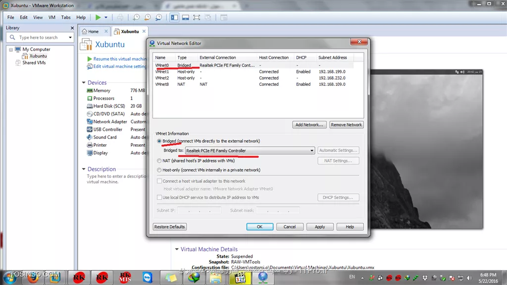 سلام
شما باید در داخل vmware از  قسمت edit گزینه ی virtual network editor بزنید و در قسمت  bridge کارت شبکه ای که اینترنت داره رو انتخاب کنید
مثل شکل زیر
||http://network.tosinso.com/files/get/78855581-3592-458e-8e87-b2dcc32fdd18||