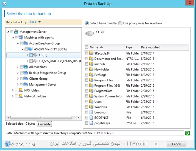 --
! Creating a backup plan
--
بعد از ایجاد مراحل مقدماتی که در آموزشهای قبلی توضیح داده شد نوبت به شروع Backup گیری از Client/Server میرسد.قبل از اینکه شما Backup گیری را شروع کنید باید چند پارامتر را قبل از Backup مشخص کنید. مانند:
*از چه چیزهای Backup بگیرم؟*
شما باید مشخص کنید از چه چیزی می خواهید Backup بگیرید؟ VMها،  Physical Machineها،  سرورها یا کلاینتها؟ از کدام قسمت آنها Backup تهیه کنم؟
*با چه credentials های از ریسورسهای بالا Backup تهیه کنم؟*
شما باید یک User مشخص کنید که مجوز لازم برای Backup از منابع حساس را داشته باشد. علت Fail شدن بیشتر Backup jobها این مورد می باشد.
*بحث Exclusions *
شما باید تصمیم بگیرید چه ایتمهای نباید از آنها Backup گرفته شود؟ (این Option اختیاریه)
*Backupها را کجا ذخیره کنم؟*
یکی از مهمترین پارامترهای که باید در نظر گرفته شود. اهمیت این مورد بیشتر از موارد قبلی می باشد، خیلی از Admin ها در مواقع اضطراری دلشونو خوش این Backup هستش و اگر اسورج این Backup ها بصورت ناپایداری باشد شما در مواقع اضطراری باید دنبال یک معرف قوی باشید که با مدیر عامل آن شرکت یا سازمان حرف بزند که اگر از بخش اینورماتیک اخراج شدید در قسمت های دیگر شما را جذب کنند D:
*Credentials for storage access*
اگر Backupهای شما در Storage node, FTP, SFTP and etc… ذخیر می شود باید یک User در Backup plan معرفی کنید که مجوز دسترسی به آن استورج ها را داشته باشد.
*Backup scheme*
در این پارامتر باید مشخص کنید در چه زمانهای میخواهید از ریسورسها Backup تهیه کنید؟؟؟ تا چه زمانی Backup در Storage باقی بمانند؟؟؟ یا تنظیمات،  کپی کردن یک نسخه از Backupهای گرفته شده در جائی دیگر، و بقیه تنظیمات دیگر
--
قبل از اینکه شما بتوانید از ریسورسهای شبکه Backupی تهیه کنید باید یک برنامه Plan برای Client/Server های خود در Management Server خود ایجاد کنید.
Acronis توصیه می کنه برای هر دسته از کامپیوترها (این دسته می تونه شامل چند صدتا Server باشه یا یک سرور باشه) مثلا: سرورهای FTP یک Plan و سرورهای DC یک Plan وغیره.
این دسته ها را می توانید با ایجاد گروه در Management Server ایجاد کنید و Serverهای مشابه را عضو این گروه ها کنید. و Plan مناسب هر گروه را فقط به آن گروه ربط دهید.
برای ایجاد Plan :
||http://tosinso.com/files/get/27369028-2ca4-4f3b-94d5-cd888f8f9cc7||
گذینه مشخص را کلیک کنید:
||http://tosinso.com/files/get/475c99e8-b327-4bc2-97c2-0ba74ea4726c||
این قسمتها خیلی مهمه همه را یک به یک مرور می کنیم.
! قسمت 1:
--
قسمت اول باید مشخص کنیم از چه چیزهای قصد داریم Backup تهیه کنیم، که برای اینکار لینک Required را کلیک می کنیم:
||http://tosinso.com/files/get/18a0e8ef-ab93-4120-930a-a7b8a5d2d1dc||
در قسمت های بالا که مشخص کردم میتوانید تعین کنید از چه چیزهای قصد Backup گرفتن دارید Disk, Volumes, Files end etc… در قسمت سمت راست هم می توانید تعین کنید که قصد انتخاب ایتمها بصورت مستقیم دارید یا از طریق تعریف Policy؟؟ Policy در این قسمت بدین شکل است که می توانید از ماشینهای انتخابی Profile آنها یا پوشه %windir%..., و  یا دیسکت های Dynamic or fixed و غیره را مشخص کنید. به عکس زیر توجه کنید:
||http://tosinso.com/files/get/1f703a16-b137-4f0b-8a0e-332d3924375c||
 که من قصد انتخاب ایتمها بصورت مستقیم را دارم:
||http://tosinso.com/files/get/790f1c1a-a15e-4a2c-9fc7-765327b6b527||
! قسمت 2:
--
||http://tosinso.com/files/get/98730cd2-9c69-4955-95b7-b533e1bfd9c3||
بعد از انتخاب کردن ایتم های مورد نیاز برای Backup گیری باید مشخص کنید این Backup را کجا ذخیره کنید؟؟ لینک Required را کلیک کنید
||http://tosinso.com/files/get/779440d1-6f9b-4e06-92cc-7fdabbe44b00||
# همه Backup ها (Archive) در یک نقطه مرکزی ذخیره می کند.
# Backup ها را در پوشه ی که مشخص می کنیم بر روی همان ماشین ذخیره می شود.
# Backupها بر روی Acronis Secure Zone که بر روی خود ماشین ساخته شده ذخیره می شود.
که در بالا من گذینه اول را انتخاب و Backupها را بر روی Acronis Storage Node ذخیره می کنم. که بعد از Ok کردن باید Userی که عضو گروه Local Administrators بر روی BSN می باشد وارد کنید.
! قسمت 3:
--
||http://tosinso.com/files/get/57dc483c-5f83-4f6f-b54e-ce749338d796||
بعد از مشخص کردن جائی برای ذخیره کرده اطلاعات Backup باید مشخص کنیم این Backup Plan چگونه از Resource ها Backup بگیرد.
# این قسمت را بعدا مفصل توضیح میدم.
# زمان بندی کردن دفعات Backup گیری می باشد.
# تنظیم کردن قابلیت Cleanup. این قابلیت در فواصلی که ما در اینجا مشخص می کنیم Backup ها را پاک می کند. برای بهینه سازی در مصرف فضای ذخیره سازی این کار انجام میشه.
# با تنظیم کردن این قابلیت می توانیم از Backup گرفته شده یک نسخه دیگر تهیه کنیم و آن را در جائی دیگر ذخیره کنیم. در سازمانهای خیلی بزرک Backupها هیچ وقت پاک نمی شود بلکه در جائی به نام off-site بر روی Tape library ذخیره می شود. شما می توانید off-site خود را در قسمت شماره 8 تنظیم کنید.
# نوع Backup را مشخص می کنیم.Full or incremental.
# Validate یا اعتبارسنجی کردن Backupهای گرفته شده در این قسمت تنظیم میشه. که این پروسه بر روی اخرین Full Backup گرفته شده تنظیم شده. 
! قسمت 4: 
--
||http://tosinso.com/files/get/0446f4d3-6d02-4251-b4da-bd0ec0d95d74||
در این قسمت می توانیم اسمی برای این Backup Plan همراه توضیحاتی بنویسیم.
قسمت Backup Option را در جلسه بعدی توضیح میدم.
شما بوسیله Plan’s Credentials می توانید برای اجرای این Backup plan یک User-Pass درست کنید که با مجوز این User-pass اجرا شود. بصورت پیش فرض قرار دهید.
بعد از تنظیم کل پارمتراها Ok کنید.
||http://tosinso.com/files/get/1558c4b0-e284-4c7b-a407-14a536509db7||
طبق زمان بندی که شما انجام می دهید این Plan اجرا می شود. در بالای Plan چندین گذینه وجود دارد. که واضح هستن کاربردشون چیه مثلا Clone یک کپی کامل مانند Plan قبلی ایجاد می کند. گذینه Export از تنظیمات این Plan یک فایل XML ایجاد می کند که بر روی Acronis Backup Advanced های دیگر می توانید Import کنید.
! Backup Schemes
--
در هنگام ایجاد Backup plan شما قسمتی به نام Backup Schemes دارید که شامل چند گذینه می باشد:
<ltr>
•	Simple
•	Grandfather-father-son
•	Custom
•	Tower of Hanoi
•	Manual Start 
•	Initial seeding
<ltr>
حوصله بذارید اینا رو با هم یاد بگیریم...... 
! Simple
شما با انتخاب این گذینه بصورت ساده باید مشخص کنید کی و چه اوقاتی قصد Backup گیری را دارید. 
بقیه پارامتراها بصورت اختیاری می باشد.
||http://tosinso.com/files/get/ee5c8971-c683-4ebd-82d1-04adc1979f47||
پارامترهای بالا واضح ، ساده و نیاز به توضیح خاصی ندارن.
قسمت Schedule باید مشخص کنید چه زمانی قصد Backupگیری دارید؟ قسمت Retention rules باید مشخص کنید این Backup تا کی در Storage باقی بماند؟ که من  بصورت دائمی ست کردم (Backup حذف نشود). و بقیه پارامترها که بدیهی و ساده هستن...
! Grandfather-Father-Son scheme
پدربزرگ، پدر و فرزند!!! 
یک روش و یک نوع متد Backup گیری می باشد که پارامترهای خاص خودشو داره
در یک نگاه اگر بخواهیم این روش را توضیح بدیم:
به روز فرزند گفته می شود، به هفته پدر گفته می شود و به ماه پدربزرگ. که روزهای خاصی را برای Backup گیری تعریف می کند. و همچنین تنظیمات retention periods
اجازه بدید فرض کنیم شما قصد دارید بصورت مرتب روزانه (D) و هفته گی (W) و ماهیانه (M) از منابع خود Backup تهیه کنید. جدول زیر زمان بندی این روش در دو ماه، را نشان می دهد:
||http://tosinso.com/files/get/00eb5b8c-6dde-4b8b-b180-32c3fe844187||
Backup های روزانه در روزهای کاری به جز جمعه اجرا میشود. و Backup های ماهیانه در اخرین جمعه ماه اجرا می شود. و Backup های هفتگی در روزهای جمعه بجز آخرین جمعه ماه اجرا می شود.
و اما پارامترهای این روش. وقتی شما این متد را انتخاب می کنید پارامترهای زیر ظاهر می شوند:
||http://tosinso.com/files/get/3f85dc8b-3d45-4663-857d-b5dc3e4566c1||
# باید تعیین کنید Backup گیری در چه ساعتی شروع شود؟ این ساعت، زمان اجرای Backup های (D), (W) and (M) می باشد. 
# روزهای که Backup های (D) اجرا میشوند را مشخص می کنیم. که روزهای کاری ما در ایران هستن.
# روزی که Backup های (W) and (M) اجرا می شوند را مشخص میکنیم. ( در تنظیم بالا هر چهارشنبه هفته ما یک Backup هفتگی و در آخرین چهارشنبه ماه یک بکآپ (M) می توانیم داشته باشیم.
# مدت زمانی که Backup های D, W and M در Storage باقی بمانند را مشخص می کنیم. که در بالا تنظیم کردم که Backup های روزانه 5 روز در database باقی بمانند و Backup های هفتگی 7 روز و Backup های ماهیانه بصورت دائم باقی بمانند.
# در این قسمت نوع Backup گیری را مشخص می کنیم؟ که دو گذینه داریم: 1-Always Full که همیشه از منابع بصورت Full بکاپ تهیه می کند و گذینه دوم 2-full/incremental/differential که بکاپ ماهیانه بصورت Full و بکاپ هفتگی بصورت Differential و بکاپ Incremental بصورت روزانه استفاده می شود.
و بقیه پارمتراها ساده و اختیاری هستن.....
*سوال:*
شما یک مشاور مالی هستید که بصورت پاره وقت در روزهای 4 شنبه و 5 شنبه در یکی از سازمانها مشغول به کار هستید. شما در این روزها اسناد مالی، بیانه ها و اطلاعات دیگر را در اسناد خود ایجاد و ویرایش می کنید. 
شما  نامه ای به تیم Backup گیری سازمان ارسال می کنید ( درکشورهای دیگر سازمانهای بزرگ  برای هر پروسه مهم در شبکه یک تیم بزرگ دارد  بگذریم که توی ایران یک ادمین باید پرینترها را تعمیر کند و مواظب شبکه و سرویسهای آن باشد و هم موبایلهای بقیه را تنظیم و کانکش مورد نظر را روی آنها ایجاد کند. بعللله) مبنی بر اینکه تمام تعقیراتی که در یک روز ایجاد می شود Backup گرفته شود و همچنین  تعقیراتی که در طول هفته اتفاق می افتد. و روز آخر هر ماه یک Full بکاپ از اسناد خود تهیه کنند. و همچنین بتواند به اطلاعات خود در 6 ماه قبلی دسترسی داشته باشد. 
الان ما توسط متد grandfather-father-son چگونه می توانیم سناریوی بالا را به نحوه احسنت انجام دهیم؟؟؟
خودتون حلش کنید.
! Custom
این یک متد کاملا Customize شده می باشد و می توانید یک زمان بندی ایجاد کنید که بر اساس شرایط خاصی اینPlan اجرا شود....
و اما پارامترهای این متد:
||http://tosinso.com/files/get/3eb5af6a-38e9-4f6d-91e4-2d2aa48b6b24||
# باید مشخص کنیم بکاپ های Full/incremental/differential کی و تحت چه شرایطی اجرا شوند. این شرایط را در قسمت زمانبندی در Acronis backup advanced توضیح میدم.
# مشخص کردن روز و ساعت اجرا شدن این Plan.
# شرایطی را مشخص می کنیم که این Plan تحت یک زمانبندی مشخص و طبق این شرایط اجرا شود.
# این قسمت شامل چند گذینه می باشد برای خلاص شدن از Backup های قدیمی. گذینه   Using retention rules باعث تعریف یک فرجه زمانی برای پاک سازی Backup های قدیمی می باشد و گذینه When there is insufficient space while backing up این گذینه در هنگام اجرای Plan و در هنگامی که فضای اضافی برای ذخیره Backup ها وجود نداشته باشد Backup های قدیمی همراه با Backup های متعلق به آن را پاک سازی می کند.
وبقیه پارامترها ساده و اسان می باشد. فقط  بوسیله گذینه Convert to virtual می توانید از Backup گرفته شده ، آن را تبدیل به یک VM کنید و آن را در Hypervisor مورد نظر منتقل کنید . در اینباره مقالات زیادی در انجمن می توانید پیدا کنید. همچنین برنامه Symantec Backup Exec هم چنین قابلیتی دارد .
نکته: پروسه Clean up در صورتی آخرین Full Backup را پاکسازی می کند که پروسه جاری در حال ایجاد یک Full backup می باشد. اگر پروسه در حال یجاد یک Incremental  یا differential باشد Plan را توسط خطای مبنی بر عدم وجود فضای کافی برای ذخیره کردن Backup متوقف می کند. 
*سناریو:*
می خواهیم توسط همین متد یک بکاپ روزانه، هفتگی و ماهیانه داشته باشیم همراه یک Clean Up برای پاک سازی Backupهای قدیمی. پس تنظیمات بدین صورت می باشد:
||http://tosinso.com/files/get/59679437-3e6c-4931-a2c5-ea6376a358b8||
--
ادامه دارد....

موفق و پیروز باشید. 

نویسنده: احمد جهلولی 
منبع: |جزیره راهکارهای ذخیره سازی اطلاعات وب سایت توسینسو ::https://tosinso.com/virtualization|
نشر و کپی برداری، صرفاً با ذکر نام نویسنده و منبع مجاز می باشد. 