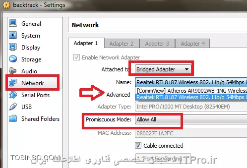 این تصاویر نشون میده شما AP رو وصل نکردید برای این منظور در ابتدا که ifconfig رو بزنی با تصویر زیر روبرو میشی
||http://linux.tosinso.com/files/get/0bf5c5ae-b42d-4853-87f3-bb0d71d52f64||
همونطور که میبینید wlan0 هم وجود نداره چون اصلاً کارت وایرلسی وجود نداره حالا باید به Tools ماشین مجازیتون برید و کارت شبکه USB که دارید رو به کالی یا بک ترک متصل کنید مثلاً در تنظیمات Virtual Box گزینه settings و network setting را اجرا کنید . همون جا طبق تصویر زیر romiscous mode رو Allow All کنید
||http://linux.tosinso.com/files/get/79abcd2c-b3d1-4486-9f7e-181d95c0535d||
البته اگر Vmware Workstation دارید فکر میکنم به مرحله بالا نیازی نداشته باشید همون جا به منوی Device برید گزینه USB devices رو باز کنید و در این قسمت Ap خودتون رو کانکت کنید در این مثال Alfa adapter را انتخاب مکنیم
||http://linux.tosinso.com/files/get/b5f416b3-43f2-419d-aeff-e530b0517ab0||
حالا اگر دستور ifconfig و یا iwconfig  رو بگیری میبینی که wlan 0 به لیست اضافه شده
||http://linux.tosinso.com/files/get/f0417214-b18f-4159-89e7-ab86045c4c5b||

||http://linux.tosinso.com/files/get/57bb5e01-85f6-4aeb-a325-9be5aa911014||
نکته1: اگر این مراحل رو رفتید باز هم wlan0 نداشتید احتمال زیاد Ap شما اصلاً قابلیت packet injection رو نداره اگر کالی استفاده میکنید سوئیچ کنید روی بک ترک اگر بک ترک استفاده میکنید سوئیچ کنید روی کالی چون بعضی از ap ها روی هر دوشون کار نمیکنن و فقط روی یکی از این ها کار میکنند.
نکته 2: اگر بار اول هست که این کار رو میکنید موقع وصل کردن AP به کالی یا بک ترک باید درایورشم نصب کنید گاهی اوقات نصب نکردن درایور مثل این میمونه که اصلاً وصلش نکردی.
