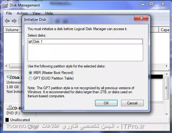 برای شناسایی صحیح ظرفیت هاردهای بالاتر از 2 TB و قابل استفاده نمودن تمام ظرفیت آن ، هارد باید بصورت GPT و  Initialize شود . در صورتی که ظاهرا شما بصورت MBR، هارد را Initialize کردید در این صورت بايد كليه پارتيشنهاي موجود حذف و مجدداً initialize كنيد . 
برنامه disk management را اجرا کنید و طبق عکس زیر روي دیسک مورد نظر (در سمت چپ) راست كليك كنيد و initialize disk رو انتخاب کنید .
||http://network.tosinso.com/files/get/6959f84c-87b7-481d-933d-62dd5054118b||
 طبق عکس زیر گزینه GPT را انتخاب کنید .
||http://network.tosinso.com/files/get/79d9a000-eabe-4b86-923a-2fdfb92cfe38||
* نکته: ویندوز XP از GPT پشتیبانی نمیکند . 
* نکته: اگر ميخواهيد ويندوز نصب كنيد مادربرد حتماً دارای بایوس UEFI باشد .