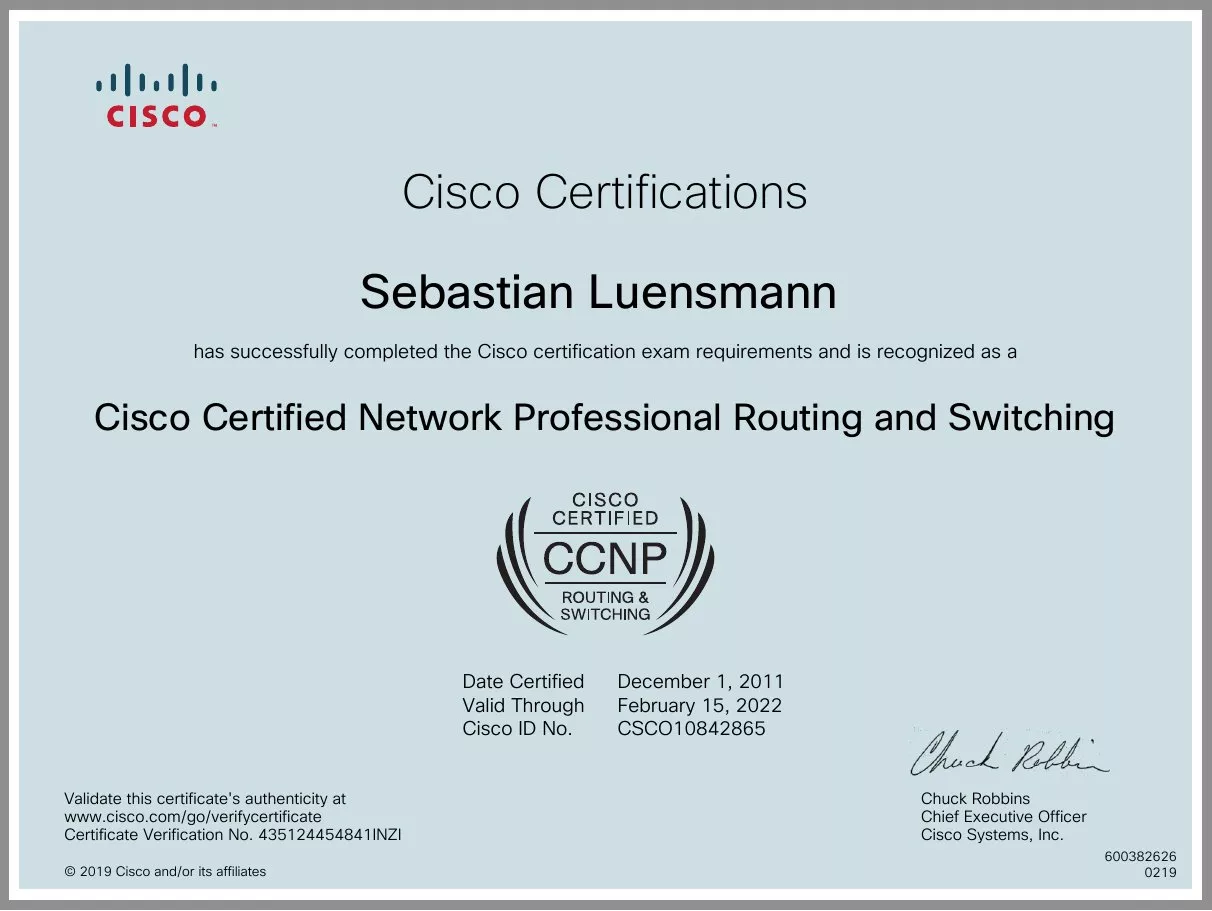 Cisco CCNP Route and Switch Certificate Sample Image