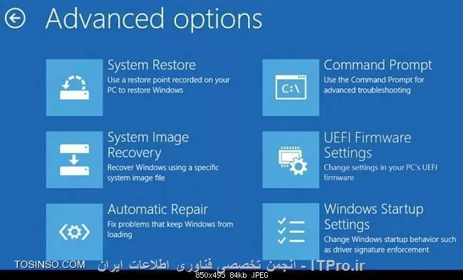 ! How to Open a Command Prompt at Boot in Windows 8
این آموزش به شما یاد خواهد داد در هنگام راه اندازی ویندوز 8 (بوت شدن) به خط فرمان دسترسی پیدا نمود 
ابتدا برای اینکه بدانید چطور میشود به بوت ویندوز 8 رسیر آموزش زیر را مطالعه فرمایید.
|راه های دسترسی به منوی بوت در ویندوز ۸::https://tosinso.com/articles/40116/%d9%85%d8%b9%d8%b1%d9%81%db%8c-3-%d8%b1%d8%a7%d9%87-%d8%af%d8%b3%d8%aa%d8%b1%d8%b3%db%8c-%d8%a8%d9%87-%d9%85%d9%86%d9%88%db%8c-%d8%a8%d9%88%d8%aa-%d8%af%d8%b1-%d9%88%db%8c%d9%86%d8%af%d9%88%d8%b2-%d9%87%d8%b4%d8%aa|

||http://tosinso.com/files/get/b134c13e-dc8e-450c-94c8-423c61ad8071||
||http://tosinso.com/files/get/4fafdbe0-4c91-4d4f-86dd-b31785cd5c3c||
1. مرحله 2 یا 3 را میتوانید استفاده کنید برای باز کردن خط فرمان (Command Prompt) در هنگام بوت.
2. ویندوز خود را از طریق DVD بوت کنید و یا میتوانید این بوت را توسط USB، و یا فایل ISO البته اگر در یک ماشین مجازی هستید انجام دهید
میتوانید از دو روش این کار را انجام دهید.

A) میتوانید دکمه های Shift + F10 را زمانی که در صفحه نمایش ویندوز نصب می باشد، استفاده کنید در این حالت میتوانید به مرحله 4 بروید یعنی پایان .
||http://tosinso.com/files/get/91ae7747-6f20-4ff7-8045-dcf464b62712||

*یا*

3. استفاده از بوت قسمت System Recovery Option که برای رسیدن به این حالت مسیر زیر را باید طی کنید 

A) کلیک کنید روی گزینه عیب یابی Troubleshoot (تصویر زیر را ببینید)
||http://tosinso.com/files/get/965ba071-8505-4bcb-85c8-6ca05bd3a816||

B) کلیک کنید روی گزینه پیشرفته Advanced options (تصویر زیر را ببینید)
||http://tosinso.com/files/get/f6a0396b-bf0a-4fc2-a4b8-721488433e4c||

C) کلیک کنید روی گزینه Command prompt. (تصویر زیر را ببینید)
||http://tosinso.com/files/get/7a35c91f-fade-43eb-b3c3-4b97f8b7984c||

D) در پنجره جدید باز شده لیستی از یوزر ها رو مشاهده میکنید که میتوانید روی administrator  یا یوزر مورد نظر کلیک کنید
توجه: اگر شما نمیخواهید از دی وی دی ویندوز 8 برای بوت کردن استفاده کنید حساب کاربر استاندارد و حساب های کاربری تحت Domain را نمیتوانید ببینید ولی چنانچه بوت شما از طریق F8 انجام شود میتوانید ببینید .
||http://tosinso.com/files/get/da8cf4f2-22fb-42e6-87bc-4ca6da427038||

E) روی یوزر کلیک کنید و پسورد را بزنید (تصویر زیر را ببینید)
||http://tosinso.com/files/get/9a77564c-5e10-4f00-884f-c0345668e80a||

4. Command Prompt با انجام کار های بالا در هنگام بوت باز خواهد شد.

|لینک منبع::http://www.eightforums.com/tutorials/2755-command-prompt-boot-startup-windows-8-a.html|

نویسنده : فرهاد خانلری 
منبع : انجمن تخصصی فناوری اطلاعات ایران 
هرگونه نشر و کپی برداری بدون ذکر منبع و نام نویسنده دارای اشکال اخلاقی می باشد 