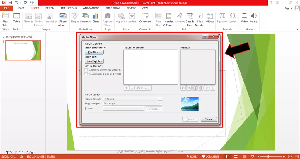 سلام و عرض ادب خدمت همه ی دوستان itpro ای!! با قسمت دیگری از آموزش پاورپوینت 2013 همراهتون هستم/قسمت سوم-بخش دوم ، در این بخش میخوایم نحوه ی کار با کادر images رو بررسی کنیم و ببینیم که چطورمیشه در اسلایدهامون از تصاویر هم استفاده کنیم.ابتدا پاورپوینت رو باز میکنیم و به قسمت insert رفته و کادر images را برمی گزینیم:)

||http://tosinso.com/files/get/113deb9f-1b41-41b0-8c77-8132aebdf381||
و با استفاده از اولین آیکون :

||http://tosinso.com/files/get/a933534c-9f8f-4430-9114-816d28563003||
یعنی آیکون pictures رو انتخاب می کنیم و یک پنجره ای باز میشه که ما می توانیم از بین آلبوم های تصاویر داخل pc مون تصویر مورد نظر رو insert کنیم.
حالت بعدی انتخاب تصویر به صورت آنلاین هست که در این حالت آیکون بعدی یعنی online pictures رو انتخاب می کنیم:

||http://tosinso.com/files/get/d012b416-052c-4f92-a9a7-f08523eb2398||
که با انتخاب این آیکون پنجره کوچکی باز میشه و شما می توانید به صورت آنلاین عکس مورد نظرتون رو از سایت مورد نظرتون انتخاب کنید:)

||http://tosinso.com/files/get/de2edb9a-bf5c-4e21-b723-2a321b68315a||
حالت بعدی استفاده از screenshot هست و با انتخاب این آیکون که به صورت یک دوربین عکاسی کوچک هست ، می تونید از روی صفحه دسکتاپ تون یا هر پنجره ی دیگه ای از pc تون عکس بگیرید و اون رو به صورت مستقیم داخل اسلایدی از پاورپوینت تون استفاده کنید.

||http://tosinso.com/files/get/0ed44ae9-36cf-41c0-a347-b5c1024ce450||
روش بعدی ایجاد یک آلبوم هست که البته این رو هم بگم که این آلبومی رو که ایجاد می کنید به صورت یک پاورپوینت جدا save میشه و داخل اسلایدهاتون و بین آنها ذخیره نمیشه photo album رو انتخاب می کنیم:

||http://tosinso.com/files/get/d7af916a-e16e-4d1e-963e-4bd1e8991891||
یک پنجره کوچک مجددا باز میشه مانند تصویر زیر:

||http://tosinso.com/files/get/7a635e74-cd35-4653-b97e-1fa6d8e13b80||
شما باید دکمه ی file/disk رو انتخاب کنید و تصویر یا تصاویر مورد نظرتون رو از آلبوم داخل کامپیوتر انتخاب کنید:

||http://tosinso.com/files/get/e12fc18d-56b8-427d-b367-e1dfcb985c48||
بعداز اینکه تصویرهاتون رو انتخاب کردید حتی می تونید با استفاده از text box براشون متن و توضیح هم قرار بدید برای مثال من الان یک تصویر رو انتخاب کردم و یک text box هم براش در نظر گرفتم و برای اینکه بتونم یک سری تنظیمات ویرایشی مربوط به عکس رو انجام بدم توجه کنید که حتما باید تیک مربع کنار عکس رو بزنم:)
سپس می تونم یک سری تغییرات مربوط به contrast و نورپردازی رو که زیر عکس در این پنجره قرار گرفته رو انجام بدم که تمام این توضیحات رو می تونید در دو تصویر زیر ببینید:

||http://tosinso.com/files/get/91a948e7-d2df-4eb1-aa6a-28b96daa2424||

||http://tosinso.com/files/get/34421df9-f2f0-44bd-9498-4a8fed8853de||
درپایان گزینه ی creat رو می زنیم و آلبوم مون رو ایجاد می کنیم:

||http://tosinso.com/files/get/98441083-7159-41de-b9bb-cef9dbff175c||
در پایان هم می تونیم تغییرات text box رو انجام بدیم و متن مورد نظرمون رو بنویسیم : 

||http://tosinso.com/files/get/5efec941-777b-4581-a837-f3a35f7a69dd||
و در آخر هم پاورپوینتمون رو که مجوعه از تصاویرهست رو save می کنیم:) خب امیدوارم که این بخش از آموزش هم براتون مفید بوده باشه و اگر سوالی درباره ی این قسمت داشتید حتما در همین پست بپرسید که جواب بدم.
*itpro بــاشـیـد.*

نویسنده: حمیده سلامی
منبع: |جزیره مبانی کامپیوتر و مهارت های هفتگانه وب سایت توسینسو::https://tosinso.com/icdl|
هرگونه نشروکپی برداری از نوشته بدونه ذکر منبع و نام نویسنده حرام است.