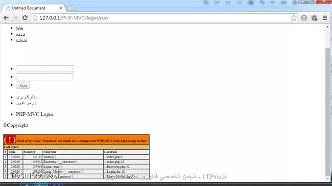 سلام به همه دوستان خوب در ابتدا یه تغییراتی انجام میدیم، میخوایم این کادر بالای صفحه Login توی کل صفحات باشه به عنوان هدر سایت و در ادامه یه قالب واسه لیست منو ها مینویسیم .توی کد Index.php (توی فولدر Login) تگ div با id بنام SingUp داریم که این تگ رو انتقال میدیم به کدهای Header.php .البته به غیر از انتقال تگ ، یکمی هم کد header.php بصورت زیر تغییر میدیم .کد header.php :
<htm>
<!DOCTYPE html PUBLIC -//W3C//DTD XHTML 1.0 Transitional//EN http://www.w3.org/TR/xhtml1/DTD/xhtml1-transitional.dtd>
<html xmlns=http://www.w3.org/1999/xhtml>
<head>
<meta http-equiv=Content-Type content=text/html; charset=utf-8 />

<link rel=stylesheet type=text/css href=CSS/Header.css/>

<title>Untitled Document</title>
</head>

<body>
	
    <div id=Header>
    	<div id=SingUp>
            <ul>
                <li id=title>
                    PHP-MVC
                </li>
                <li>
                    <input type=button id=Btn_SingUp value=ثبت نام name=Btn_SingUp />
                </li>
            </ul>
    	</div>
        
        <div id=MainMenu>
            <ul>
                <li>
                    <a href=Index>خانه</a>
                </li>
                <li>
                    <a href=Login>ورود</a>
                </li>
                <li>
                    <a href=About>درباره</a>
                </li>
            </ul>
        </div>        
    </div>

</body>
</html>
<htm>
خوب حالا یه فایل بنام header.css توی فولدر CSS میسازیم و سپس کدهای CSS مربوط به تگ SingUp رو از فایل Login.css انتقال میدیم به فایل header.css (با کمی تغییرات) .

کد header.css :
<css>
#Header
{
	margin: 0 auto;
	background-color: #6260b6;
}

#SingUp
{
	margin: 0 auto;
	width: 1000px;
	height: 80px;
	background-color: #6260b6;
}

#SingUp ul
{
	list-style: none;
}

#SingUp li
{
	float: left;
	margin-top: 20px;
}

#SingUp #Btn_SingUp
{
	background-color: #168500;
	border: 1px solid #999;
	width: 70px;
	height: 30px;
	color: #FFF;
	font-weight: bold;
	cursor: pointer;
	
	text-shadow: 0px 0px 10px #FFF;
}

#SingUp #title
{
	font-size: 30px;
	font-weight: bold;
	color: #FFF;
	margin-right: 40px; 
	margin-left: 100px;
	
	text-shadow: 0.5px 0.5px 5px #000;
}
<css>

کد Login.css :
<css>
#Login
{
	margin: 0 auto;
	width: 550px;
	height: 200px;
	border: 1px solid;
	border-radius: 5px;
	border-color: #999;
}

#Login #textbox
{
	position: absolute;
	margin: 45px 0 0 170px;	
}

#Login #label
{
	position: absolute;
	margin: 50px 0 0 80px;
}

#Login ul
{
	padding: 0;
	list-style: none;
}

#Login #title
{
	border-bottom: 1px solid #999;
	margin: 0 20px 30px 20px;
}

#Login #title div
{
	color: #4d279c;
	font-weight: bold;
	padding-bottom: 5px;
}

#Login label
{
	color: #615f64;
}

#Login #label li
{
	margin-bottom: 5px;
}

#Login #textbox #txt_Pass
{
	margin-top: 5px;
}

#Login #textbox #btn_Login
{
	margin-top: 12px;
	background-color: #005caa;
	border: 1px solid #000;
	color: #FFF;
	width: 50px;
	height: 27px;
	font-weight: bold;
	margin-left: 3px;
}
<css>

حالا یه خروجی میگیریم :
||https://tosinso.com//files/get/c12e6551-a622-4583-8498-b8102150e264||
||https://tosinso.com//files/get/779059f9-849e-47d2-8e5f-52d9ae879ee5||

خوب الان میایم یه قالب واسه منوها مینویسیم .
کد زیر رو به کدهای header.css اضافه میکنیم :
<css>
#MainMenu
{
	margin: 0 auto;
	width: 1000px;
	background-color: #6260b6;
	border: 1px solid #000;
	height: 40px
}

#MainMenu li
{
	float: right;
	margin: 0 10px;
	border: 1px solid #000;
	text-align: center;
	line-height: 30px;
}

#MainMenu ul
{
	margin: 0 20px 0 0; 
	padding: 0;
	list-style: none;
}
<css>
خروجی رو باهم میبینیم :
||https://tosinso.com//files/get/c7717d97-50bc-4218-a8a9-78eafeda9bfc||

حالا این کدهارو هم اضافه میکینم :
<css>
#MainMenu a
{
	font: Arial, Helvetica, sans-serif;
	font-size: 16px;
	color: #bdbbbb;
	background-color: #3f44a0;
	text-decoration: none;
	display: block;
	width: 80px;
	height: 30px;	
}
<css>
خروجی :
||https://tosinso.com//files/get/463ad652-3d1e-492e-9289-e1c8e7247776||
خوب حالا میخوایم زمانی که کاربر نشانگر موس رو روی منو ها میبره، رنگ پس زمینه منو ها عوض بشه :
این کد رو به header.css اضافه میکینم :
<css>
#MainMenu a:hover
{
	color: #fff;
	background-color: #000676;
	text-shadow: 0px 0px 5px #fff;

     box-shadow: 0 0 20px #9b9b9b;
	-moz-box-shadow: 0 0 20px #9b9b9b;
	-webkit-box-shadow: 0 0 20px #9b9b9b;
	-ms-box-shadow: 0 0 20px #9b9b9b;
	-o-box-shadow: 0 0 20px #9b9b9b;
}
<css>
خروجی :
||https://tosinso.com//files/get/d10618d1-d962-47bd-b62e-03c61fc1872c||
خوب میبینید که با موس روی منو خانه رفتیم و رنگ پس زمینه عوض شد همچنین با استفاده از کد box-shadow یه سایه هم دور دکمه منو ها گذاشتیم ، بخاطر اینکه box-shadow روی browser های مختلف کار کنه در نتیجه به اول این کد moz و webkit و ms و o اضافه میکنیم . (این کد جز کدهای CSS3 هست) ولی خوب این قضیه 100% جواب نمیده یعنی با اینکه به ابتدای کدها ms یا moz اضافه کردیم ولی ممکنه بازم روی بعضی از browser ها کار نکنه .
moz واسه mozila 
webkit واسه google chrome 
ms واسه Internet Explorer
o واسه Opera

حالا میایم کدهایی رو بصورت زیر تغییر میدیم :
<css>
#MainMenu
{
	margin: 0 auto;
	width: 1000px;
	background-color: #6260b6;
	/*border: 1px solid #000;*/
	height: 40px
}

#MainMenu li
{
	float: right;
	margin: 0 10px;
	border: 1px solid #9b9b9b;
	text-align: center;
	line-height: 30px;
}
<css>
خروجی میگیریم :
||https://tosinso.com//files/get/6f0e52b6-49af-4352-8f69-5516128b9056||

خوب توی قسمت قبلی دیدیم که کدمون اشکال داشت و یه هکر راحت میتونست بدون اینکه یوزر و پسورد داشته باشه به سایت نفوذ کنه حالا میایم این باگ رفع میکنیم .
میتونیم از تابعی به نام  mysql__real__escape__string استفاده کنیم ابتدا قبل استفاده از این تابع، کد Login__Model.php بصورت زیر تغییر میدیم ( فقط یه تابع die اضافه میکنیم تا ببینیم مقادیری که وارد میکنیم به چه صورتی میشه )
<php>
             .
             .
             .
$user = $_POST[txt_User];
$pass = md5($_POST[txt_Pass]);
$sql = select * from tlb_UserPass where username='{$user}' and password='{$pass}';
		die($sql);
             .
             .
             .
<php>

خوب الان یه خروجی میگیریم :
||https://tosinso.com//files/get/cdef762c-38a4-45b0-a8ff-2f780d265331||
||https://tosinso.com//files/get/7f83a8f5-a715-43d1-b77a-8a973db1be50||
خوب توی عکس میبینید که با توجه به ورودی ما، برنامه زمانی خروجی برمیگردونه که یا یوزر برابر مقدار alaki باشه یا هم 1 برابر 1 ، پس همیشه نتیجه شرط درست میشه و هکر میتونه به سایت نفوذ کنه و بقیه دستورات بعد از کاراکتر # نیز نادیده گرفته میشه (یعنی بقیه دستورات بصورت کامنت یا توضیحات در نظر گرفته میشه)
حالا میایم یه مقدار کد تغییر میدیم و تابع mysql__real__escape__string اضافه میکنیم .
<php>
                  .
                  .
                  .
//$user = $_POST[txt_User];
//$pass = md5($_POST[txt_Pass]);
$user = mysql_real_escape_string($_POST[txt_User]);
$pass = md5(mysql_real_escape_string($_POST[txt_Pass]));

$sql = select * from tlb_UserPass where username='{$user}' and password='{$pass}';
$result = mysql_query($sql);
                  .
                  .
                  .
<php>
و خروجی میگیریم ببینیم بازم میتونیم به سایت نفوذ کنیم یا نه ؟؟
||https://tosinso.com//files/get/cdef762c-38a4-45b0-a8ff-2f780d265331||
||https://tosinso.com//files/get/5f29e5df-c89e-4817-aaad-d7e74dd5f045||
خوب میبینید که دیگه اجازه نداد به سایت نفوذ کنیم، الان میایم از تابع die استفاده میکنیم ببینیم این تابع mysql__real__escape__string چه بلایی سر ورودی که ما بهش دادیم آورد که دیگه بهمون Welcome نداد (یعنی نتونستیم به سایت نفوذ کنیم)
کد بصورت زیر تغییر میدیم (فقط یه die بهش اضافه میکنیم) :
<php>
             .
             .
             .
//$user = $_POST[txt_User];
//$pass = md5($_POST[txt_Pass]);
$user = mysql_real_escape_string($_POST[txt_User]);
$pass = md5(mysql_real_escape_string($_POST[txt_Pass]));

$sql = select * from tlb_UserPass where username='{$user}' and password='{$pass}';
die($sql);
           .
           .
           .
<php>

خروجی :
||https://tosinso.com//files/get/6db43116-e261-404c-8bcc-86497d2d31b2||
خوب میبینید که کاراکتر های ' (تک کوتیشن) رو با استفاده از کاراکتر \ غیر فعال میکنه .

با این حال که باگ کد گرفتیم ولی بازم شاید یه هکر بتونه به سایت نفوذ کنه ، بهترین راه حل اینکه که از توابع PDO واسه اتصال به بانک اطلاعاتی و اجرای دستورات روی جداول استفاده کنیم اینجوری هم امنیت سایت بالا میره هم اینکه با استفاده از توابع PDO میتونیم به راحتی با تغییر خیلی کوچیک توی کدها، به انواع دیگه ای از بانکهای اطلاعاتی (مثلاً MSSql، SQLite و Oracle و...) متصل بشیم و ازشون استفاده کنیم ولی اگه از توابع PDO استفاده نکنیم زمانی که مثلاً دیگه نمیخوایم توی سایتمون از بانک Mysql استفاده کنیم و ترجیح میدیم از بانک Oracle استفاده کنیم در نتیجه مجبوریم خیلی از کدهایی که نوشتیمو تغییر بدیم که کلی دردسر داره و  وقت زیادی میبره ولی با استفاده از توابع PDO این کار خیلی راحت با تغییر چند خط کد انجام میشه ، پس حالا میایم یه تغییراتی توی کدهامون میدیم که بتونیم از توابع PDO استفاده کنیم .
یه فولدر میسازیم بنام Config و یه فایل بنام database.php توش میسازیم ، حالا این کدهارو توش مینویسیم .
<php>
<?php
define(DB_TYPE, mysql);
define(DB_HOST, localhost);
define(DB_NAME, ITPro);
define(DB_USER, root);
define(DB_PASS, mehdi!1230);
<php>
تابع define یه متغیر میسازه و یه مقدار داخلش میزاره، که میتونیم همه جای سایت به این متغیر دسترسی داشته باشیم و مقدارش هم ثابت هست (یعنی قابل تغییر نیست) .
الان میایم یه فایل دیگه بنام Database.php توی فولدر Libs میسازیم و کدهای زیر توش قرار میدیم (میخوایم یه کلاس بنام Database ایجاد کنیم که از PDO ارث میبره و میتونیم از توابع PDO استفاده کنیم توی سایتمون)
<php>
<?php
class Database extends PDO
{
	function __construct()
	{
		parent::__construct(DB_TYPE.:host=.DB_HOST.;dbname=.DB_NAME, DB_USER, DB_PASS);
	}
}
<php>
ورودی تابع سازنده PDO به ترتیب نوع بانک اطلاعاتی، هاست، نام دیتابیس، یوزر و پسورد هست که با استفاده از متغیرهایی که ساختیم مقدار دهی کردیم .
الان با این خط کد به بانک اطلاعاتی متصل شدیم حالا از این کلاس استفاده میکنیم توی فایل Login_Model.php  .
ابتدا یه کلاس دیگه هم تولید میکنیم و کدهایی که مشترک هستن واسه کار با دیتابیس رو اونجا مینویسیم و سپس بقیه کلاس ها از این کلاس ارث میبرن .
یه فایل بنام Model.php توی فولدر Libs میسازیم و کدهای زیر توش مینویسیم (میخوایم کلاس Model ایجاد کنیم تا بقیه کلاسها که عملیاتی روی دیتابیس انجام میدن از این کلاس ارث ببرن)
<php>
<?php

class Model
{
	function __construct()
	{
		$this->db = new Database();
	}
}
<php>
یه شی از نوع کلاس Database میسازه (و تابع سازنده اش فراخوانی میشه) و مقدار برگشتی رو توی یه متغیر به نام db میریزه که بعداً از این متغیر استفاده میکنیم .
حالا میایم کد Login_Model.php کمی تغییر میدیم بصورت زیر (فقط کاری میکنیم که این کلاس از کلاس Model ارث ببره و تابع سازنده کلاس Model فراخوانی میکنیم)، در ضمن کدهای اتصال به دیتابیس و MYSql غیر فعال میکنیم (یا بهتر که حذفشون بکنیم) چون دیگه این کدهارو توی کلاس Databese نوشتیم و دیگه نیازی بهشون نداریم .
کد Login_Model.php :
<php>
<?php

class Login_Model extends Model
{
	function __construct()
	{
		parent::__construct();
	}
	
	function run()
	{
		/*$link = mysql_connect('localhost', 'root', 'mehdi!1230');
		if (!$link) {
			die('Could not connect: ' . mysql_error());
		}
		$db_selected = mysql_select_db('ITPro', $link);
		if (!$db_selected) {
			die ('Can\'t use user_pass : ' . mysql_error());
		}*/
		
		$user = $_POST[txt_User];
		$pass = $_POST[txt_Pass];
		
		//$user = mysql_real_escape_string($_POST[txt_User]);
		//$pass = md5(mysql_real_escape_string($_POST[txt_Pass]));
		
		//$sql = select * from tlb_UserPass where username='{$user}' and password='{$pass}';
		//$result = mysql_query($sql);
		
		$qurey = $this->db->prepare(select * from tlb_UserPass where 
										username = :userlogin and password = md5(:passlogin));
		
		$qurey->execute(array(:userlogin => $user, :passlogin => $pass));
		
		//die($sql);
		
		$count = $qurey->rowcount();
		
		/*if (!$result) {
			die ('Invalid query : ' . mysql_error());
		}
		if($row = mysql_fetch_row($result))
		{
			echo <br>welcome;
		}
		else
		{
			echo <br>Invalid Username Or Password;
		}
		die();*/
		
		if($count > 0)
		{
			echo <br>welcome;
		}
		else
		{
			echo <br>Invalid Username Or Password;
		}
	}
}
<php>
توضیح کدهای بالا، Query که مینویسیم رو توی تابع prepare قرار میدیم و تابع execute میاد Query که نوشتیمو اجرا میکنه و اگه این Query باید ورودی بگیره توی تابع execute ورودی هارو بصورت آرایه بهش میدیم (که اینجا من ورودی هارو بصورت آرایه به Query دادم) و سپس با تابع rowcount چک میکنیم که اگه بزرگتر از صفر بود یعنی Query با موفقیت اجرا شده و یه رکورد برای ما (به عنوان خروجی) برگردونده ولی اگه کمتر از صفر باشه یعنی نتونست نسبت به شرط و مقداری که به Query دادیم رکوردی برای ما برگردونده .
||https://tosinso.com//files/get/097a2b03-9f31-4553-9319-c376c0a773e4||
||https://tosinso.com//files/get/89b1c566-a9d5-4fcd-8c64-8a477a273417||
خطا میده ، میگه نتونست کلاس Model پیدا کنه ، پس ما باید با دستور require این خطا رو برطرف کنیم، کد زیر رو اضافه میکنیم به فایل Index.php (توی پوشه اصلی سایت)  .
کد Index.php :
<php>
             .
             .
             .
require(libs/view.php);
	
require(libs/Model.php);

require(libs/Bootstrap.php);
             .
             .
             .
<php>
فقط خط دوم به کدها اضافه میکنیم (مابقی خطها توی Index.php هست)
یه بار دیگه که امتحان کنیم به این خطا برخورد میکنیم :
||https://tosinso.com//files/get/7b93b03e-c632-417a-89dc-053407360393||
این سری کلاس Database پیدا نکرد در نتیجه همون کاری که بالا انجام دادیم واسه کلاس Database هم انجام میدیم، کد زیر به Index.php اضافه میکنیم :
<php>
require(Libs/Database.php);
<php>

همین جوری هی خروجی میگیریم تا ببینیم به چه خطاهایی برخورد میکنیم و اونارو رفع کنیم :
||https://tosinso.com//files/get/27493487-3c66-496f-8f84-84a24b7764d8||
این خطا هم میگه که نتونست اون متغیرهایی که با دستور define تعریف کردیمو پیدا کنه پس این خطا رو هم مثل بالا رفعش میکنیم، کد زیر به Index.php اضافه میکنیم :
<php>
require(Config/database.php);
<php>
خروجی میگیریم :
||https://tosinso.com//files/get/5bbc2f64-e4ce-45b4-803b-ce302cff829f||
میبینید که الان جواب داد ، حالا میایم یه تغییرات دیگه هم به کدهای سایتمون میدیم .
در ابتدا کد Bootstrap.php بصورت زیر تغییر میدیم .
<php>
                 .
                 .
                 .
$controller = new $url[0]();
$controller->loadModel($url[0]);

if(!empty($url[1]))
                 .
                 .
                 .
<php>
فقط خط دوم به کدها اضافه میکنیم (مابقی خطها توی Bootstrap.php هست)، یه تابع فراخوانی میکنیم بنام loadModel و مقدار [0]url$ بهش میدیم (در ادامه این تابع توی کلاس Controller تعریف میکنیم)
کد Controller.php بصورت زیر تغییر میدیم :
<php>
<?php

class Controller
{
	function __construct()
	{
		//echo <br>Main Controller<br>;
		
		$this->view = new View();
	}
	
	function loadModel($name)
	{
		$path = models/.$name._model.php;
		
		if(file_exists($path))
		{
			require($path);
			
			$ModelName = $name._model;
			$this->model = new $ModelName();
		}
	}	
}
<php>
تابع loadModel یه ورودی میگیره که این ورودی اولین خانه آرایه url هست (یعنی [0]url$) و این ورودی رو به model.php__ و /models میچسبونه و یه مقدار جدید (که میشه یه فایل بهمراه مسیرش) درست میشه و توی متغیر path$ قرار میگیره و سپس چک میکنه که اگه این فایل با همچین مسیری وجود داشت که یه شی ازش میسازه (که در نتیجه تابع سازندش فراخوانی میشه) و سپس نتیجه رو توی متغیر model میریزه که بعداً توی کلاس Login ازش استفاده میکنیم . (این کد رو واسه این نوشتیم چون در آینده توی فولدر Models یا Controllers کلاس های دیگه ای به غیر از Login__Model یا Login اضافه میکنیم و بخاطر اینکه از تعداد خط های کد اضافی بکاهیم این تابع رو نوشتیم اگه این تابع رو نمی نوشتیم باید توی هر کلاسی که (در آینده) توی فولدر Models یا Controlers تعریف میکنیم چند خط کد بنویسیم (مثلاً همین کدی که توی تابع run از کلاس Login نوشتیم) و اینجوری هم تعداد خط کد بالا میره هم بیشتر پیچیده میشه در نتیجه خطا یابیش مشکل تر میشه) .
خوب طبق چیزایی که در بالا گفتم باید تابع ()run توی کلاس Login بصورت زیر تغییر بدیم :
<php>
function run()
{
	//require(models/Login_Model.php);
	
	//$L_M = new Login_Model();
	//$L_M->run();
	
	$this->model->run();
}
<php>
کدهای قبلی رو غیر فعال کردم و بجاش فقط خط آخر اضافه میکنم . (که پیچیدگی کمتر بشه و خطایابیش سریع تر انجام بگیره)
خوب الان یه خروجی میگیریم :
||https://tosinso.com//files/get/e14ef9a0-04c2-46fe-97b9-4a380c1c6c2a||
میبینید که داره درست جواب میده .

امیدوارم این آموزش هم استفاده لازم برده باشید .

نویسنده : مهدی رزمجویی
منبع : |جزیره طراحی و توسعه وب وب سایت توسینسو::https://tosinso.com/web|
هرگونه نشر و کپی برداری بدون ذکر منبع و نام نویسنده دارای اشکال اخلاقی می باشد