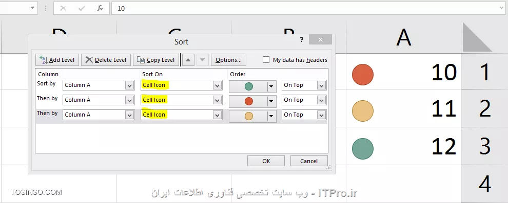 با سلام خدمت همه ITPRO های عزیز و دوستداشتنی ،در ادامه بخش اول مقاله انواع روش های مرتب سازی در اکسل با شما همراه هستیم . در ابتدای اون مقاله گفتیم که یکی از مباحث بسیار کاربردی در مجموعه نرم افزار آفیس قابلیت مرتب سازی یا همان Sort می باشد. این قابلیت در نرم افزار اکسل بسیار پرکاربرد تر و برجسته تر می باشد چون معمولا بحث محاسبات در این نرم افزار صورت می گیرد این ویژگی کمک زیادی به کاربران آن در انجام راحت تر این محاسبات و مرتب سازی آنها می کند. مثلا همین الان کاربران برتر در این وب سایت را در نظر بگیرید که به ترتیب از امتیاز بالا به پایین مرتب شده اند این یک نمونه مرتب سازی نزولی می باشد. ما در این مقاله به بررسی انواع مرتب سازی یا SORT های باقیمانده می پردازیم. 

1- مرتب سازی ستونی (Columns) در اکسل
2- مرتب سازی سطری (Rows) در اکسل 
3 - مرتب سازی صعودی (از A به Z) بر اساس محتویات سلول ها در اکسل
4 -مرتب سازی نزولی (از Z به A) بر اساس محتویات سلول ها در اکسل
*5- مرتب سازی بر اساس یک یا چند ستون یا سطر در اکسل*
*6 - مرتب سازی بر اساس لیست در اکسل*
*7 - مرتب سازی بر اساس رنگ سلول ها در اکسل*
*8 - مرتب سازی بر اساس رنگ فونت محتویات سلول ها در اکسل*
*9 - مرتب سازی بر اساس آیکون های سلول ها در اکسل*

در ادامه با روش پنجم مرتب سازی از لیست بالا  این آموزش رو ادامه می دهیم .

*5- مرتب سازی بر اساس یک یا چند ستون یا سطردر اکسل *
ما در بخش یک این مقاله فقط به مرتب سازی صعودی و نزولی در حد یک ستون یا سطر پرداختیم . اما در واقع اکثر کاربرگ های اکسل شامل اطلاعات در چندین سطر یا ستون می باشد . گاها چون این اطلاعات مرتبط به هم هست ما باید همه آنها را با هم مرتب کنیم و گاهی هم دربین سطرها و ستون های زیادی که شامل اطلاعات هست ما فقط می خواهیم یک سطر یا ستون را مرتب سازی کنیم . ما در این مثال می خواهیم سه ستون را که شامل اطلاعاتی مرتبط بصورت سطری هست را مرتب سازی کنیم. ستونی را که می خواهیم بر اساس آن مرتب سازی را انجام دهیم انتخاب می کنیم که ما در اینجا بر اساس ستون نام خانوادگی اینکار را انجام می دهیم. سپس روی یکی از گزینه های مرتب سازی صعودی و یا نزولی کلیلک می نماییم.

||http://tosinso.com/files/get/7bde2ba1-6da1-46b8-99bc-434aa0d2b569||

با کلیلک کردن روی گزینه مرتب سازی صعودی پنجره کوچکی ظاهر می شود به شکل زیر 

||http://tosinso.com/files/get/9ac53e38-df3e-44ac-8a6e-6dbb88bacef0||

که شامل دو گزینه می باشد .گزینه اول Expand The Selection به این معنی که تمام ستون های مجاور هم به همراه محدوده انتخابی مرتب سازی می شوند.

||http://tosinso.com/files/get/d27cb965-ce51-4500-8044-9942dd39e686||

گزینه دوم Continue with The Current Selection به این معنی که فقط محدوده انتخابی مرتب سازی می شود.

||http://tosinso.com/files/get/a3c5963c-c34b-4054-9ae2-f5b6734a4665||

||http://tosinso.com/files/get/be9405c9-3bfd-422d-a2fc-08a10fa9b0ee||

در تصویر زیر مشاهده می کنید که فقط ستون نام خانوادگی مرتب سازی شده است و اطلاعات دو ستون دیگر تغییری نکرده است . با توجه به اینکه معمولا یک کاربرگ اکسل شامل سطرهایی از اطلاعات مربوط به یک موضوع خاص می باشد ، معمولا در انجام این نوع مرتب سازی دقت لازم را داشته باشید که باعث بهم ریختگی اطلاعات شما نشود .

||http://tosinso.com/files/get/c818c6fb-8770-4947-bb13-c58dfa13a5c5||

روش مرتب سازی برای سطرها هم همانند روش بالا نیز می باشد .یک نکته قابل توجه در این روش این هست که گاها شما در هنگام مرتب سازی بر اساس یک ستون ممکن است به موارد مساوی در آن بخش برخورد کنید در اینجا شما می توانید ملاک مرتب سازی در آن ستون را بر اساس ستون های دیگر مشخص کنید .در مثال زیر ما مرتب سازی را براساس ستون نام بصورت صعودی انجام می دهیم اما با دو نام یکسان روبرو می شویم و ملاک مرتب سازی را برای این موارد ستون نام خانوادگی انتخاب می کنیم و در آن نوع مرتب سازی را روی نزولی قرار می دهیم .

||http://tosinso.com/files/get/f7e41b00-91f8-49fc-a747-9b72a4c13124||

||http://tosinso.com/files/get/db640466-2f1c-4c1e-86bf-3e1e8164489d||

با استفاده از گزینه Add Level در تصویر زیر یک مرحله دیگر جهت مرتب سازی اضافه می کنیم و آن را روی ستون نام خانوادگی و از بزرگ به کوچک تنظیم می نماییم.

||http://tosinso.com/files/get/8db87dbc-fa6d-4765-8600-20dabc52568b||

در تصور زیر مشاهده می کنید که به نسبت قبل از مرتب سازی دو نام خانوادگی که اسامی یکسانی داشتند جابجا شده اند .

||http://tosinso.com/files/get/b34a0ee1-d56f-4244-8de5-6d29e8943607||

*6 - مرتب سازی بر اساس لیست در اکسل*
بعضی مواقع می توانیم مرتب سازی را براساس لیست هاانجام دهیم . مثلا روزها و ماه ها ی لاتین بصورت پیش فرض در لیست های اکسل موجود می باشند چنانچه شما لیست خاصی مد نظرتان هست می توانید آن را بسازید و بر اساس آن مرتب سازی را انجام نمایید .ابتدا محدوده مورد نظر جهت مرتب سازی را انتخاب نمایید در کادر Sort در قسمت Order گزینه Custom List را انتخاب نمایید و گزینه New List را انتخاب و لیست مورد نظرتان را به ترتیب وارد نمایید و سپس گزینه Add را انتخاب تا به لیست های پیش فرض اکسل اضافه گردد.

||http://tosinso.com/files/get/44777d33-e132-4633-8f7a-0b1524f75f30||

||http://tosinso.com/files/get/ce2dfb62-a672-4161-b8cd-6947686593d5||

مرتب سازی بر اساس لیست ساخته شده  را در تصور زیر مشاهده می کنید.

||http://tosinso.com/files/get/42621836-7fe7-4d47-b2c4-9a5411516da2||

*7 - مرتب سازی بر اساس رنگ سلول ها در اکسل*
یکی از روش های جالب مرتب سازی بر اساس *رنگ سلول ها* می باشد. برای انجام اینکار محدوده مورد نظر را انتخاب و در کادر SORT به تعداد مورد نیاز روی گزینه Add Level کلیلک می نماییم و در بخش SORT ON گزینه Cell color را انتخاب می نماییم  و در بخش Order  نوع چینش ترکیب رنگ را برای سطرهای مختلف انتخاب می نماییم.

||http://tosinso.com/files/get/a44e4179-ea16-4efc-9af6-2fdd17e7d4cf||

||http://tosinso.com/files/get/6e2d3f9a-bc5c-4830-a05d-190b3bcb7362||

مرتب سازی بر اساس چینش مشخص شده را در تصویر زیربر اساس رنگ سلول ها  مشاهده می نمایید.

||http://tosinso.com/files/get/94f532c8-285f-4d4a-a56f-7ad440dffc27||

*8 - مرتب سازی بر اساس رنگ فونت محتویات سلول ها در اکسل*
 روش متفاوتی دیگر جهت مرتب سازی سلول ها در اکسل که بر اساس *رنگ فونت محتویات سلول ها* انجام می گیردو برای انجام اینکار محدوده مورد نظر را انتخاب و در کادر SORT به تعداد مورد نیاز روی گزینه Add Level کلیلک می نماییم و در بخش SORT ON گزینه font color را انتخاب می نماییم  و در بخش Order  نوع چینش ترکیب رنگ را برای سطرهای مختلف انتخاب می نماییم.

||http://tosinso.com/files/get/9a494c22-2354-4381-892a-66665f958c53||

||http://tosinso.com/files/get/a7d6656c-5dae-4a04-adde-1880c6f8b39a||

مرتب سازی بر اساس چینش مشخص شده را در تصویر زیر بر اساس رنگ فونت ها  مشاهده می نمایید.

||http://tosinso.com/files/get/136aea32-1905-4877-a6b5-e9ae68aabedd||

*9 - مرتب سازی بر اساس آیکون های سلول ها در اکسل*
و باز هم روش جالب دیگر جهت مرتب سازی سلول ها در اکسل که بر اساس *آیکون های موجود در سلول ها* انجام می گیرد جهت استفاده از این آیکون ها بایدبه بخش Conditional Formatting  و گزینه Sets Icon مراجعه نمایید. جهت اطلاع از کاربرد های دقیق این بخش به مقاله زیر مراجعه نمایید.
|ویژگی های جالب Conditional Formatting در نرم افزار اکسل (Excel)::https://tosinso.com/articles/42797/Conditional-Formatting-%da%86%db%8c%d8%b3%d8%aa%d8%9f-%d9%85%d8%b9%d8%b1%d9%81%db%8c-%d9%82%d8%a7%d8%a8%d9%84%db%8c%d8%aa-%d9%82%d8%a7%d9%84%d8%a8-%d8%a8%d9%86%d8%af%db%8c-%d8%b4%d8%b1%d8%b7%db%8c-%d8%af%d8%b1-%d8%a7%da%a9%d8%b3%d9%84(excel)|
||http://tosinso.com/files/get/80665d9d-628b-43e0-a733-6c56dd6b4007||

و برای انجام اینکار محدوده مورد نظر را انتخاب و در کادر SORT به تعداد مورد نیاز روی گزینه Add Level کلیلک می نماییم و در بخش SORT ON گزینه Cell Icon را انتخاب می نماییم  و در بخش Order  نوع چینش آیکون ها را برای سطرهای مختلف انتخاب می نماییم.

||http://tosinso.com/files/get/7b98f5a0-c2f1-4588-8a04-148fc0ff6700||

مرتب سازی بر اساس چینش مشخص شده را در تصویر زیر بر اساس آیکون ها مشاهده می نمایید.

||http://tosinso.com/files/get/45a82ce4-0b9c-4cce-95db-52d70bfb0667||

امیدوارم که مفید واقع شده باشد.

نویسنده : احمد نظری
منبع : |جزیره مبانی کامپیوتر و مهارت های هفتگانه وب سایت توسینسو::https://tosinso.com/icdl|
هرگونه نشر و کپی برداری بدون ذکر منبع و نام نویسنده دارای اشکال اخلاقی می باشد.  