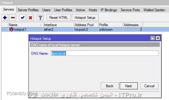 با سلام 
حتما با توضیحات دوستمون مشکلتون حل شده ولی من یه توضیح مختصر آماده کردم اگر کسی دیگه هم مشکل داشت استفاده کنه
چون روی vmware است من خودم تنظیمات را با این صورت قرار دادم یک کارت شبکه در حالت بریج برای تامین اینترنت متصل به مودم ADSL
و یک کارت شبکه در حالت NAT  متصل به سوئیچ شبکه داخلی 
||http://network.tosinso.com/files/get/91a1ddea-5a5e-4e81-83cd-0526433f1c91||
پس از اینکه میکروتیک بالا اومد با یوزر admin و بدون پسورد وارد می شوید می توانید با کامند IP ست کنید یا winbox به وسیله mac address 
به روتر متصل شوید .برای کامند که دوستمون اشاره کرد.
 اگر winbox را باز کنید باید ip را وارد کنید یا روی قسمت مشخص شده کلیک کنید و چند لحظه صبر کنید تا روتر از طریق  mac  شناسایی شود و سپس با یوزر admin کانکت شوید  ||http://network.tosinso.com/files/get/eba6266a-7835-46a6-bd26-6020022422e4||
وقتی وارد شدید می توانید اینترفیس ها را از اینجا نیز تغییر دهید||http://network.tosinso.com/files/get/41e59188-d565-4de4-9e43-3acf1c21f307||
خب حال برای کانفیگ و تست hotspot ابتدا تنظیمات کارت شبکه های ویندوز را چک می کنیم در این سناریو کارت شبکه اصلی ویندوز هیچ گونه Gateway ندارد و Gateway کارت شبکه مجازی به سمت میکروتیک ست شده یعنی 192.168.20.200 ||http://network.tosinso.com/files/get/2bc9809b-a101-4c03-9b89-f0fe2aba9d93||
خب حالا اگر تست کنیم می بینیم ویندوز ما اینترنت ندارد ولی خود روتر می تواند ip های اینترنتی را ping کند برای این کار باید یه nat اضافه کنیم طبق تصویر زیر source interface شبکه داخلی را انتخاب می کنیم و Out interface همان اینترفیسی است که به اینترنت متصل است
||http://network.tosinso.com/files/get/c118642e-b771-472a-86f3-a314bcc81fba||
حالا ویندوز اینترنت دارد ولی کاربران بدون هیچ گونه احراز هویت می توانند وارد شوند.خب برای کانفیگ hotspot به منوی ip و سپس روی hotspot کلیک می کنیم و بعد hotspot setup را کلیک می کنیم و اینترفیس متصل به شبکه ای را که می خواهیم hotspot را برای آن کانفیگ کنیم را انتخاب می کنیم و رنج شبکه داخلی را نمایش می دهد پس از چند next و کامل کردن آنها و ست کردن یک DNS (برای مثال 8.8.8.8)
در قسمت DNS name یک نام وارد می کنیم که کلاینت ها موقع login به سمت آن re direct می شوند و نباید برای آن 
Public Top level domain استفاده کرد برای مثال در اینجا از itpro.local استفاده شده که public نیست بعد یک یوزر admin ساخته
 می شود که پسورد ان را ست می کنیم در سر برگ Users می توانیم یوزر های دیگری ایجاد کنیم 
||http://network.tosinso.com/files/get/7bd81f81-e9a2-4f5a-815c-9ae2bfa6caac||
در مرورگر  پس تایپ اسم سایت ها صفحه login hotspot ظاهر می شود 
||http://network.tosinso.com/files/get/f11dc958-0b6b-4a51-94ae-c399c80e8741||
پس از وارد شدن می توانیم از اینترنت استفاده کنیم 
||http://network.tosinso.com/files/get/d5c8a5d2-052b-4415-b654-ccd0b495c317||
با وارد کردن آدرس DNS  name که در مرحله قبل ست کردیم وارد  صفحه login می شویم در اینجا itpro.local
||http://network.tosinso.com/files/get/9e13860b-269d-4f5c-b2fa-5e73cc9e8c09||


