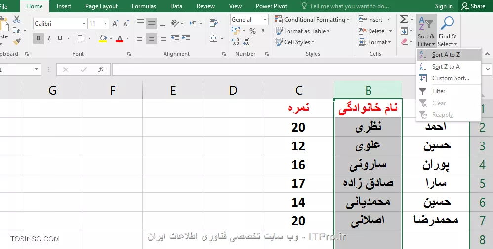 با سلام خدمت همه ITPRO های عزیز و دوستداشتنی ،در ادامه بخش اول مقاله انواع روش های مرتب سازی در اکسل با شما همراه هستیم . در ابتدای اون مقاله گفتیم که یکی از مباحث بسیار کاربردی در مجموعه نرم افزار آفیس قابلیت مرتب سازی یا همان Sort می باشد. این قابلیت در نرم افزار اکسل بسیار پرکاربرد تر و برجسته تر می باشد چون معمولا بحث محاسبات در این نرم افزار صورت می گیرد این ویژگی کمک زیادی به کاربران آن در انجام راحت تر این محاسبات و مرتب سازی آنها می کند. مثلا همین الان کاربران برتر در این وب سایت را در نظر بگیرید که به ترتیب از امتیاز بالا به پایین مرتب شده اند این یک نمونه مرتب سازی نزولی می باشد. ما در این مقاله به بررسی انواع مرتب سازی یا SORT های باقیمانده می پردازیم. 

1- مرتب سازی ستونی (Columns) در اکسل
2- مرتب سازی سطری (Rows) در اکسل 
3 - مرتب سازی صعودی (از A به Z) بر اساس محتویات سلول ها در اکسل
4 -مرتب سازی نزولی (از Z به A) بر اساس محتویات سلول ها در اکسل
*5- مرتب سازی بر اساس یک یا چند ستون یا سطر در اکسل*
*6 - مرتب سازی بر اساس لیست در اکسل*
*7 - مرتب سازی بر اساس رنگ سلول ها در اکسل*
*8 - مرتب سازی بر اساس رنگ فونت محتویات سلول ها در اکسل*
*9 - مرتب سازی بر اساس آیکون های سلول ها در اکسل*

در ادامه با روش پنجم مرتب سازی از لیست بالا  این آموزش رو ادامه می دهیم .

*5- مرتب سازی بر اساس یک یا چند ستون یا سطردر اکسل *
ما در بخش یک این مقاله فقط به مرتب سازی صعودی و نزولی در حد یک ستون یا سطر پرداختیم . اما در واقع اکثر کاربرگ های اکسل شامل اطلاعات در چندین سطر یا ستون می باشد . گاها چون این اطلاعات مرتبط به هم هست ما باید همه آنها را با هم مرتب کنیم و گاهی هم دربین سطرها و ستون های زیادی که شامل اطلاعات هست ما فقط می خواهیم یک سطر یا ستون را مرتب سازی کنیم . ما در این مثال می خواهیم سه ستون را که شامل اطلاعاتی مرتبط بصورت سطری هست را مرتب سازی کنیم. ستونی را که می خواهیم بر اساس آن مرتب سازی را انجام دهیم انتخاب می کنیم که ما در اینجا بر اساس ستون نام خانوادگی اینکار را انجام می دهیم. سپس روی یکی از گزینه های مرتب سازی صعودی و یا نزولی کلیلک می نماییم.

||http://tosinso.com/files/get/7bde2ba1-6da1-46b8-99bc-434aa0d2b569||

با کلیلک کردن روی گزینه مرتب سازی صعودی پنجره کوچکی ظاهر می شود به شکل زیر 

||http://tosinso.com/files/get/9ac53e38-df3e-44ac-8a6e-6dbb88bacef0||

که شامل دو گزینه می باشد .گزینه اول Expand The Selection به این معنی که تمام ستون های مجاور هم به همراه محدوده انتخابی مرتب سازی می شوند.

||http://tosinso.com/files/get/d27cb965-ce51-4500-8044-9942dd39e686||

گزینه دوم Continue with The Current Selection به این معنی که فقط محدوده انتخابی مرتب سازی می شود.

||http://tosinso.com/files/get/a3c5963c-c34b-4054-9ae2-f5b6734a4665||

||http://tosinso.com/files/get/be9405c9-3bfd-422d-a2fc-08a10fa9b0ee||

در تصویر زیر مشاهده می کنید که فقط ستون نام خانوادگی مرتب سازی شده است و اطلاعات دو ستون دیگر تغییری نکرده است . با توجه به اینکه معمولا یک کاربرگ اکسل شامل سطرهایی از اطلاعات مربوط به یک موضوع خاص می باشد ، معمولا در انجام این نوع مرتب سازی دقت لازم را داشته باشید که باعث بهم ریختگی اطلاعات شما نشود .

||http://tosinso.com/files/get/c818c6fb-8770-4947-bb13-c58dfa13a5c5||

روش مرتب سازی برای سطرها هم همانند روش بالا نیز می باشد .یک نکته قابل توجه در این روش این هست که گاها شما در هنگام مرتب سازی بر اساس یک ستون ممکن است به موارد مساوی در آن بخش برخورد کنید در اینجا شما می توانید ملاک مرتب سازی در آن ستون را بر اساس ستون های دیگر مشخص کنید .در مثال زیر ما مرتب سازی را براساس ستون نام بصورت صعودی انجام می دهیم اما با دو نام یکسان روبرو می شویم و ملاک مرتب سازی را برای این موارد ستون نام خانوادگی انتخاب می کنیم و در آن نوع مرتب سازی را روی نزولی قرار می دهیم .

||http://tosinso.com/files/get/f7e41b00-91f8-49fc-a747-9b72a4c13124||

||http://tosinso.com/files/get/db640466-2f1c-4c1e-86bf-3e1e8164489d||

با استفاده از گزینه Add Level در تصویر زیر یک مرحله دیگر جهت مرتب سازی اضافه می کنیم و آن را روی ستون نام خانوادگی و از بزرگ به کوچک تنظیم می نماییم.

||http://tosinso.com/files/get/8db87dbc-fa6d-4765-8600-20dabc52568b||

در تصور زیر مشاهده می کنید که به نسبت قبل از مرتب سازی دو نام خانوادگی که اسامی یکسانی داشتند جابجا شده اند .

||http://tosinso.com/files/get/b34a0ee1-d56f-4244-8de5-6d29e8943607||

*6 - مرتب سازی بر اساس لیست در اکسل*
بعضی مواقع می توانیم مرتب سازی را براساس لیست هاانجام دهیم . مثلا روزها و ماه ها ی لاتین بصورت پیش فرض در لیست های اکسل موجود می باشند چنانچه شما لیست خاصی مد نظرتان هست می توانید آن را بسازید و بر اساس آن مرتب سازی را انجام نمایید .ابتدا محدوده مورد نظر جهت مرتب سازی را انتخاب نمایید در کادر Sort در قسمت Order گزینه Custom List را انتخاب نمایید و گزینه New List را انتخاب و لیست مورد نظرتان را به ترتیب وارد نمایید و سپس گزینه Add را انتخاب تا به لیست های پیش فرض اکسل اضافه گردد.

||http://tosinso.com/files/get/44777d33-e132-4633-8f7a-0b1524f75f30||

||http://tosinso.com/files/get/ce2dfb62-a672-4161-b8cd-6947686593d5||

مرتب سازی بر اساس لیست ساخته شده  را در تصور زیر مشاهده می کنید.

||http://tosinso.com/files/get/42621836-7fe7-4d47-b2c4-9a5411516da2||

*7 - مرتب سازی بر اساس رنگ سلول ها در اکسل*
یکی از روش های جالب مرتب سازی بر اساس *رنگ سلول ها* می باشد. برای انجام اینکار محدوده مورد نظر را انتخاب و در کادر SORT به تعداد مورد نیاز روی گزینه Add Level کلیلک می نماییم و در بخش SORT ON گزینه Cell color را انتخاب می نماییم  و در بخش Order  نوع چینش ترکیب رنگ را برای سطرهای مختلف انتخاب می نماییم.

||http://tosinso.com/files/get/a44e4179-ea16-4efc-9af6-2fdd17e7d4cf||

||http://tosinso.com/files/get/6e2d3f9a-bc5c-4830-a05d-190b3bcb7362||

مرتب سازی بر اساس چینش مشخص شده را در تصویر زیربر اساس رنگ سلول ها  مشاهده می نمایید.

||http://tosinso.com/files/get/94f532c8-285f-4d4a-a56f-7ad440dffc27||

*8 - مرتب سازی بر اساس رنگ فونت محتویات سلول ها در اکسل*
 روش متفاوتی دیگر جهت مرتب سازی سلول ها در اکسل که بر اساس *رنگ فونت محتویات سلول ها* انجام می گیردو برای انجام اینکار محدوده مورد نظر را انتخاب و در کادر SORT به تعداد مورد نیاز روی گزینه Add Level کلیلک می نماییم و در بخش SORT ON گزینه font color را انتخاب می نماییم  و در بخش Order  نوع چینش ترکیب رنگ را برای سطرهای مختلف انتخاب می نماییم.

||http://tosinso.com/files/get/9a494c22-2354-4381-892a-66665f958c53||

||http://tosinso.com/files/get/a7d6656c-5dae-4a04-adde-1880c6f8b39a||

مرتب سازی بر اساس چینش مشخص شده را در تصویر زیر بر اساس رنگ فونت ها  مشاهده می نمایید.

||http://tosinso.com/files/get/136aea32-1905-4877-a6b5-e9ae68aabedd||

*9 - مرتب سازی بر اساس آیکون های سلول ها در اکسل*
و باز هم روش جالب دیگر جهت مرتب سازی سلول ها در اکسل که بر اساس *آیکون های موجود در سلول ها* انجام می گیرد جهت استفاده از این آیکون ها بایدبه بخش Conditional Formatting  و گزینه Sets Icon مراجعه نمایید. جهت اطلاع از کاربرد های دقیق این بخش به مقاله زیر مراجعه نمایید.
|ویژگی های جالب Conditional Formatting در نرم افزار اکسل (Excel)::https://tosinso.com/articles/42797/Conditional-Formatting-%da%86%db%8c%d8%b3%d8%aa%d8%9f-%d9%85%d8%b9%d8%b1%d9%81%db%8c-%d9%82%d8%a7%d8%a8%d9%84%db%8c%d8%aa-%d9%82%d8%a7%d9%84%d8%a8-%d8%a8%d9%86%d8%af%db%8c-%d8%b4%d8%b1%d8%b7%db%8c-%d8%af%d8%b1-%d8%a7%da%a9%d8%b3%d9%84(excel)|
||http://tosinso.com/files/get/80665d9d-628b-43e0-a733-6c56dd6b4007||

و برای انجام اینکار محدوده مورد نظر را انتخاب و در کادر SORT به تعداد مورد نیاز روی گزینه Add Level کلیلک می نماییم و در بخش SORT ON گزینه Cell Icon را انتخاب می نماییم  و در بخش Order  نوع چینش آیکون ها را برای سطرهای مختلف انتخاب می نماییم.

||http://tosinso.com/files/get/7b98f5a0-c2f1-4588-8a04-148fc0ff6700||

مرتب سازی بر اساس چینش مشخص شده را در تصویر زیر بر اساس آیکون ها مشاهده می نمایید.

||http://tosinso.com/files/get/45a82ce4-0b9c-4cce-95db-52d70bfb0667||

امیدوارم که مفید واقع شده باشد.

نویسنده : احمد نظری
منبع : |جزیره مبانی کامپیوتر و مهارت های هفتگانه وب سایت توسینسو::https://tosinso.com/icdl|
هرگونه نشر و کپی برداری بدون ذکر منبع و نام نویسنده دارای اشکال اخلاقی می باشد.  