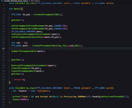 Complete code of creating a new ThreadPool and destroying it with a Walker Thread