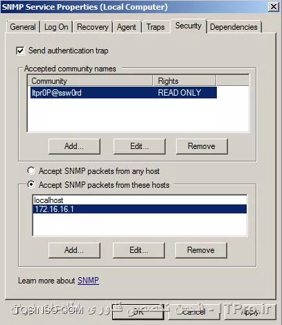 تصویر یازدهم نمای کلی از تنظیمات انجام شده بر روی SNMP Services