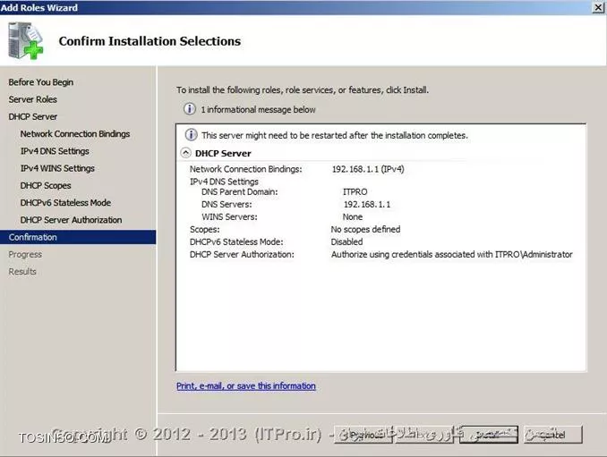 DHCP  یا Dynamic Host Configuration Protocol هسته ی یکی از سرویس های زیرساختاری شبکه محسوب می شود که مسئولیت ارائه IP آدرس ها و اطلاعات مربوط به DNS  سرورها به کلاینتها را بر عهده دارد. درمقاله |DHCP Option::http://www.tosinso.com/Articles/Details/541/DHCP%20Options| به معرفی Option ها و گزینه هایی که در نصب سرویس DHCP در ویندوز سرور 2008 به دانستن مفهوم آنها نیازمند بودیم پرداختم.در این مقاله به صورت تصویری نحوه ی نصب رول DHCP را توضیح خواهم داد و نگاهی گذرا به کنسول مدیریتی DHCP در ویندوز سرور 2008 خواهم داشت.

جهت نصب رول DHCP ، اولین موردی که باید به آن توجه داشت و پیش از نصب ،تنظیم مربوط به آن را چک کرد،داشتن Static IP سروری است که قصد نصب رول DHCP بر روی آن را دارید.در صورتی که سرور دارای Static IP نباشد،شما قادر نخواهید بود رول DHCP را بر روی آن نصب کنید.بعد از دادن IP دستی به سرور یا همان تنظیم Static IP باید طراحی های لازم جهت راه اندازی سرویس DHCP را انجام دهید.در طراحی باید موارد زیر را در نظر بگیرید:

* شبکه ای که قصد نصب این سرویس را بر روی آن دارید دارای چند سابنت و چه رنج IP می باشد؟
* IP آدرس های مر بوط به DNS سرور ،Default Gateway  و  دیگر سرورهای حیاتی و مهم در شبکه ،چه IP هایی هستند؟
*  سرویس DHCP مسئولیت ارائه خدمات به چندین کلاینت یا Device را در شبکه دارد؟
* سروری که قرار است سرویس DHCP بر روی آن نصب شود دارای چند کارت شبکه است ؟
* آیا نیاز شما اقتضا میکند که به روی هرکارت شبکه یک Scope  طراحی کنید یا نه ؟
* متناسب با تعداد کارتهای شبکه،چندین Scope خواهید داشت و کدام Scope بر روی کدام کارت شبکه قرار خواهد گرفت؟
* هر Scope باید از چه رنج IP شروع و تا چه رنج  IP ادامه داشته باشد.بهتر است Scopeها از قبل تعیین شوند.
* رنج IP مربوط به Exclusion Range را مشخص کنید.
* پیشنهاد می شود کلاینتهایی را که می خواهید IP آنها در Reservation Range قرار گیرند را مشخص کنید تا از قلم نیفتند.

!! نصب DHCP Role
جهت نصب رول DHCP ابتدا باید وارد کنسولServer Manager شوید،سپس گزینه Add Roles را انتخاب کنید:

 ||http://www.tosinso.com/files/get/49e7db6a-f526-430f-b283-eef0c7313ab5||
||http://www.tosinso.com/files/get/5ac7cf32-5bb3-4e9b-ba6e-ac73fd9855d5||
 سپس در میان رولهای نمایش داده شده در پنجره زیر،رول DHCP را تیک دارو گزینه Next را انتخاب کنید:

||http://www.tosinso.com/files/get/05e5b9ba-1932-4229-ad65-9ea4b7eeff08||
در صورتی که به سرور خود Static IP نداده باشید،در این مرحله اخطاری مبنی بر Static IP نبودن سرور و عدم امکان نصب رول DHCP را دریافت خواهید کرد.
در مرحله بعدی تعداد کارتهای شبکه ای که در سرور شما وجود دارند و شما می خواهید به روی آنها Scope های خود را تعریف کنید، نمایش داده خواهدشد. هرکدام از کارت شبکه هایی که می خواهید Scope های خود را به روی آنها تعریف کنید ،انتخاب یا تیک دار کنید.اصطلاح Connection Binding یعنی اینکه کدام رنجهای IP بر روی کدام کارت شبکه قرار گرفته باشند. 
همچنین شما درحین نصب رول DHCP  میتوانید دیگر تنظیمات مربوط به Scope ها را هم انجام دهید.در صورتی که تمایل داشته باشید Scope های خود را در همان کنسول مدیریتی DHCP انجام دهید،میتوانید از این مراحل بدون پر کردن گزینه های آن بگزرید.در اینجا ما انجام تنظیمات مربوط به Scope ها را به کنسول مدیریتی DHCP واگذار خواهیم کرد.

 ||http://www.tosinso.com/files/get/d954be2c-3741-4e67-87d9-2f18a1386ca6||
سپس در این مرحله مشخصات مربوط به Parent Domain یا دومینی که می خواهید DHCP  سرور بر روی آن فعالیت داشته باشد و همچنین مشخصات مربوط به DNS Server را وارد کنید و سپس گزینه Validate  را انتخاب کنید تا معتبر بودن DNS سرور شما بررسی و تایید شود.در صورت درست بودن IP مربوط به DNS سرور ، عبارت Valid همراه با تیک سبز رنگ در زیر آن قسمت ظاهر خواهد شد.در نهایت گزینه Next  را انتخاب کنید.

 ||http://www.tosinso.com/files/get/047dd83e-aab9-4ec0-9fa9-ef2a23c0e9e2||
در این مرحله در مورد سرویس WINS از شما سوال پرسیده می شود.در صورتی که در شبکه خود از این سرویس استفاده میکنید در اینجا IP مربوط به سرورهای آن را باید وارد کنید در غیر اینصورت گزینه اول را انتخاب و Next را بزنید:

 ||http://www.tosinso.com/files/get/c8f90b3b-bced-48bf-9612-0c8f1d61b39a||
همانطور که در بالانیز اشاره کردم شما میتوانید در حین نصب رول DHCP ، Scopeهای خود را نیز تعریف کنید .اینکار را در این مرحله از نصب رول می توانید انجام دهید.جهت تعریف Scope  کافی است گزینه Add را زده و اطلاعات خواسته شده مربوط به آن Scope را نیز وارد کنید.در غیر اینصورت گزینه Next را انتخاب کنید و وارد مرحله بعد شوید.
 
||http://www.tosinso.com/files/get/5a9b42e5-6711-44c5-8caa-de4dee95a345||
||http://www.tosinso.com/files/get/ae7a8e02-c12b-4299-9df7-3444b4a306d3||

در این مرحله در صورتی که از IPV6 استفاده میکنید میتوانید گزینه اول را جهت فعالسازی DHCPV6 انتخاب کنید.در غیر اینصورت گزینه دوم را انتخاب و Next را بزنید.
 
||http://www.tosinso.com/files/get/7e1dc8f1-17c7-45d1-b44f-abdf4f620325||

همانطور که از عنوان این پنجره بر می آید،در این قسمت نحوه Authorize کردن را انتخاب میکنید.اکتیودایرکتوری لیستی از DHCP سرورهای مجاز را در خود ذخیره میکند .جهت ذخیره و معرفی این DHCP سرور به اکتیودایرکتوری ،در این قسمت کاربری که در اکتیودایرکتوری است را وارد میکنید.در گزینه اول کاربری که با آن مشغول نصب این سرویس می باشید را انتخاب میکند که معمولا این کاربر ادمین است.در گزینه دوم شما نام کاربر دیگری را میتوانید وارد کنید.در گزینه ی آخر هم می توانید از ذخیره و معرفی این DHCP سرور به اکتیودایرکتوری خودداری کنید و گزینه Next را انتخاب کنید.اما همانطور که میبینید در پایین گزینه سوم به شما این هشدار را میدهد که این DHCP سرور برای اینکه بتواند در اکتیودایرکتوری سرویس دهد باید در آن Authorize شود.به هر حال این انتخاب شما می باشد.در نهایت گزینه Next را انتخاب کنید.

||http://www.tosinso.com/files/get/eabf314e-768e-4890-88cc-f4cadc3d7c7a||
 
در آخر خلاصه ای از اطلاعاتی که وارد کرده اید را به شما نمایش میدهد  و شما با زدن کلید Install این اطلاعات را تائید و نصب رول DHCP را آغاز میکنید.در صورتی که قسمتی از اطلاعات به درستی وارد نشده است گزینه  Previous را انتخاب و آن قسمت مورد نظر را اصلاح کنید.

||http://www.tosinso.com/files/get/7cf3ecd5-e7f5-4656-b614-a0ea465ad130||
 
با انتخاب گزینه Install ، رول DHCP شروع به نصب میکند.

||http://www.tosinso.com/files/get/be4b7009-f294-4b9d-9161-aa79f43cf497||
 
و در نهایت رول DHCP نصب می شود:
 
||http://www.tosinso.com/files/get/ab71f3f7-eae5-4fe1-900c-ecf8be4eeb96||

جهت وارد شدن به کنسول مدیریتی DHCP سرور از طریق منوی استارت،گزینه Administrative Tools و سپس DHCP را انتخاب کنید یا در Run تایپ کنید: dhcpmgmt.msc

شکل زیر نمایی از کنسول مدیریتی DHCP سرور است:

||http://www.tosinso.com/files/get/9d02c750-7c35-4dc4-9607-627f90456827||

!! ایجاد Scope جدید
برای ایجاد یکScope جدید در کنسول مدیریتی DHCP ،بر روی IPV4 راست کلیک کرده و گزینه New Scope را انتخاب کنید.سپس مراحل زیر را با دقت دنبال کنید:
 
||http://www.tosinso.com/files/get/34d01466-0152-4896-8166-7742f011fd8f||
||http://www.tosinso.com/files/get/b252e709-06b6-4010-9263-7b276c3ccf82||
 
در این پنجره باید برای Scopeی که می خواهید ایجاد کنید نامی انتخاب کنید و برای آن می توانید توضیحاتی را در قسمت Description اضافه کنید.Description در مواقعی که تعداد Scope ها زیاد باشد بسیار کاربردی می باشد.سپس گزینه Next را انتخاب کنید:

||http://www.tosinso.com/files/get/9fe64976-e2b7-4ee8-a34d-03144fc29c63||
 
در این پنجره،رنج IP ی که می خواهید آن Scope داشته باشد را مشخص می کنید.به خاطر داشته باشد که در End IP ، 8 کاراکتر آخر نمی تواند بیشتر از 254 باشد(همانطور که می دانید از 255 جهت Broadcast استفاده می شود). متناسب با رنج IP ی که واردمیکنید و کلاسی که آن رنجIP دارد،در قسمت پایین به صورت خودکار Subnet پر می شود:

||http://www.tosinso.com/files/get/47653958-410e-44a5-b8e7-0848a93487fa||
 
در پنجره بعدی شما آن رنجی را که می خواهید به عنوان Exclusion Range در نظر بگیرید را تعریف میکنید.شما می توانید بیش از یک Exclusion Range تعریف کنید.همانطور که میبینید در اینجا دو رنج IP برای Exclusion Range در نظر گرفته شده است:
 
||http://www.tosinso.com/files/get/a4f5cca4-1815-44ae-b36d-1cdd28af941b||

همانطور که از اسم این پنجره بر می آید،شما در اینجا مدت زمانی را که می خواهید IP ها را به کلاینتها قرض بدهید را تعریف می کنید،این مدت زمان یا همان Lease Duration به صورت پیش فرض 8 روز در نظر گرفته شده است که می توانید آن را تغییر دهید:
 
||http://www.tosinso.com/files/get/1fa23d7d-5a2b-4f5b-869f-22e83d7dde20||

در پنجره بعدی مشخص میکنید که آیا می خواهید تنظیمات مربوط به Option های DHCP را انجام دهید یا نه؟در اینجا جهت انجام این تنظیمات گزینه اول انتخاب شده است:

||http://www.tosinso.com/files/get/4ceda800-8a6c-42b8-bc71-0fe5f861c063||
 
Default Gateway های خود را در این قسمت تعریف و سپس Next را انتخاب کنید:

||http://www.tosinso.com/files/get/0a0c83ef-0d91-43c0-a71e-efbd5718af35||
 
در مرحله بعدی نام دومین و مشخصات مربوط به DNS Server را وارد کنید و گزینه Next را انتخاب کنید:

||http://www.tosinso.com/files/get/0d7d3874-6843-4b34-b2b7-09fbfae2d0b7||
 
در صورتی که از سرویس WINS استفاده میکنید اطلاعات مربوط به آن را وارد کنید ،در غیر اینصورت هم مجددا گزینه Next را انتخاب کنید:

||http://www.tosinso.com/files/get/2240e1fe-d43e-46a4-acea-a66de90341e7||
 
در این پنجره از شما پرسیده می شود که آیا می خواهید Scope مورد نظر را فعال کنید یا خیر؟در اینجا گزینه اول جهت فعالسازی Scope انتخاب شده است:
 
||http://www.tosinso.com/files/get/ae9083c0-05aa-4546-8595-30643ec0ff85||

و در نهایت با انتخاب گزینه Finish ،Scope  مورد نظر شما ایجاد خواهد شد:

||http://www.tosinso.com/files/get/51623f82-3668-4d53-b0c8-d0787a10bc3c||
 
و این هم نمایی از Scope ی که ایجاد کرده اید:

||http://www.tosinso.com/files/get/883a7d9c-1a06-417e-a07a-e6b23a5ec24f||
 
!! Scope Options
*Address Pool:*
کلیه IPهای مربوط به Scopeی که تعریف کرده اید در این قسمت قرار دارند.

*Address Lease:*
هر کلاینتی که در شبکه بالا بیاید و از سرویس DHCP ، IP دریافت کند در قسمت Address Leases ظاهر خواهد شد.

*Reservation:*
جهت اختصاص دادن Static IP به برخی از کلاینتهای بخصوص در این قسمت می توانید IP را برای آن کلاینتها را تعریف کنید.بر روی Reservation راست کلیک کرده و New Reservation را انتخاب کنید و سپس اطلاعاتی که از شما خواسته شده است را وارد کنید:
 
||http://www.tosinso.com/files/get/b47b5539-2d25-4c5f-b24d-f18d5fc240f3||
||http://www.tosinso.com/files/get/e98f70a0-d7bf-48f1-8320-e8e8f797e3f0||
 
*Scope Option:*
در این قسمت می توانید تنظیمات مربوط به Scope را ایجاد یا تغییر دهید.بر روی Scope option راست کلیک و گزینه Configure Option را انتخاب کنید:
 
||http://www.tosinso.com/files/get/1519b44e-51b7-4855-90d5-944f365797c0||
||http://www.tosinso.com/files/get/124f24c0-3cf9-4966-8522-dc9ef93f2115||
 
!! نتیجه گیری
DHCP یکی از سرویس های پایه ای و اساسی در شبکه محسوب می شود که تعریف،نصب و راه اندازی آن همانند دیگر سرویس های مهم شبکه نیازمند دقت و طراحی  می باشد.در این مقاله سعی شد نگاهی بر مبانی لازم جهت نصب و راه اندازی این سرویس مهم را  ارائه دهم.


نویسنده : فاطمه قرباوی
منبع : |جزیره سرویس های شبکه مایکروسافت وب سایت توسینسو::https://tosinso.com/microsoft|
هرگونه نشر و کپی برداری بدون ذکر منبع دارای اشکال اخلاقی می باشد. 