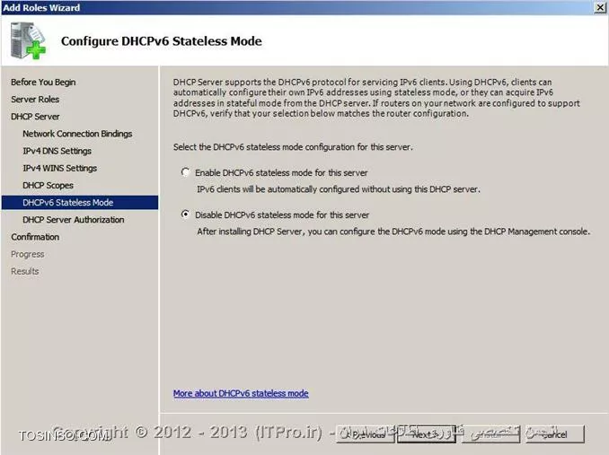 DHCP  یا Dynamic Host Configuration Protocol هسته ی یکی از سرویس های زیرساختاری شبکه محسوب می شود که مسئولیت ارائه IP آدرس ها و اطلاعات مربوط به DNS  سرورها به کلاینتها را بر عهده دارد. درمقاله |DHCP Option::http://www.tosinso.com/Articles/Details/541/DHCP%20Options| به معرفی Option ها و گزینه هایی که در نصب سرویس DHCP در ویندوز سرور 2008 به دانستن مفهوم آنها نیازمند بودیم پرداختم.در این مقاله به صورت تصویری نحوه ی نصب رول DHCP را توضیح خواهم داد و نگاهی گذرا به کنسول مدیریتی DHCP در ویندوز سرور 2008 خواهم داشت.

جهت نصب رول DHCP ، اولین موردی که باید به آن توجه داشت و پیش از نصب ،تنظیم مربوط به آن را چک کرد،داشتن Static IP سروری است که قصد نصب رول DHCP بر روی آن را دارید.در صورتی که سرور دارای Static IP نباشد،شما قادر نخواهید بود رول DHCP را بر روی آن نصب کنید.بعد از دادن IP دستی به سرور یا همان تنظیم Static IP باید طراحی های لازم جهت راه اندازی سرویس DHCP را انجام دهید.در طراحی باید موارد زیر را در نظر بگیرید:

* شبکه ای که قصد نصب این سرویس را بر روی آن دارید دارای چند سابنت و چه رنج IP می باشد؟
* IP آدرس های مر بوط به DNS سرور ،Default Gateway  و  دیگر سرورهای حیاتی و مهم در شبکه ،چه IP هایی هستند؟
*  سرویس DHCP مسئولیت ارائه خدمات به چندین کلاینت یا Device را در شبکه دارد؟
* سروری که قرار است سرویس DHCP بر روی آن نصب شود دارای چند کارت شبکه است ؟
* آیا نیاز شما اقتضا میکند که به روی هرکارت شبکه یک Scope  طراحی کنید یا نه ؟
* متناسب با تعداد کارتهای شبکه،چندین Scope خواهید داشت و کدام Scope بر روی کدام کارت شبکه قرار خواهد گرفت؟
* هر Scope باید از چه رنج IP شروع و تا چه رنج  IP ادامه داشته باشد.بهتر است Scopeها از قبل تعیین شوند.
* رنج IP مربوط به Exclusion Range را مشخص کنید.
* پیشنهاد می شود کلاینتهایی را که می خواهید IP آنها در Reservation Range قرار گیرند را مشخص کنید تا از قلم نیفتند.

!! نصب DHCP Role
جهت نصب رول DHCP ابتدا باید وارد کنسولServer Manager شوید،سپس گزینه Add Roles را انتخاب کنید:

 ||http://www.tosinso.com/files/get/49e7db6a-f526-430f-b283-eef0c7313ab5||
||http://www.tosinso.com/files/get/5ac7cf32-5bb3-4e9b-ba6e-ac73fd9855d5||
 سپس در میان رولهای نمایش داده شده در پنجره زیر،رول DHCP را تیک دارو گزینه Next را انتخاب کنید:

||http://www.tosinso.com/files/get/05e5b9ba-1932-4229-ad65-9ea4b7eeff08||
در صورتی که به سرور خود Static IP نداده باشید،در این مرحله اخطاری مبنی بر Static IP نبودن سرور و عدم امکان نصب رول DHCP را دریافت خواهید کرد.
در مرحله بعدی تعداد کارتهای شبکه ای که در سرور شما وجود دارند و شما می خواهید به روی آنها Scope های خود را تعریف کنید، نمایش داده خواهدشد. هرکدام از کارت شبکه هایی که می خواهید Scope های خود را به روی آنها تعریف کنید ،انتخاب یا تیک دار کنید.اصطلاح Connection Binding یعنی اینکه کدام رنجهای IP بر روی کدام کارت شبکه قرار گرفته باشند. 
همچنین شما درحین نصب رول DHCP  میتوانید دیگر تنظیمات مربوط به Scope ها را هم انجام دهید.در صورتی که تمایل داشته باشید Scope های خود را در همان کنسول مدیریتی DHCP انجام دهید،میتوانید از این مراحل بدون پر کردن گزینه های آن بگزرید.در اینجا ما انجام تنظیمات مربوط به Scope ها را به کنسول مدیریتی DHCP واگذار خواهیم کرد.

 ||http://www.tosinso.com/files/get/d954be2c-3741-4e67-87d9-2f18a1386ca6||
سپس در این مرحله مشخصات مربوط به Parent Domain یا دومینی که می خواهید DHCP  سرور بر روی آن فعالیت داشته باشد و همچنین مشخصات مربوط به DNS Server را وارد کنید و سپس گزینه Validate  را انتخاب کنید تا معتبر بودن DNS سرور شما بررسی و تایید شود.در صورت درست بودن IP مربوط به DNS سرور ، عبارت Valid همراه با تیک سبز رنگ در زیر آن قسمت ظاهر خواهد شد.در نهایت گزینه Next  را انتخاب کنید.

 ||http://www.tosinso.com/files/get/047dd83e-aab9-4ec0-9fa9-ef2a23c0e9e2||
در این مرحله در مورد سرویس WINS از شما سوال پرسیده می شود.در صورتی که در شبکه خود از این سرویس استفاده میکنید در اینجا IP مربوط به سرورهای آن را باید وارد کنید در غیر اینصورت گزینه اول را انتخاب و Next را بزنید:

 ||http://www.tosinso.com/files/get/c8f90b3b-bced-48bf-9612-0c8f1d61b39a||
همانطور که در بالانیز اشاره کردم شما میتوانید در حین نصب رول DHCP ، Scopeهای خود را نیز تعریف کنید .اینکار را در این مرحله از نصب رول می توانید انجام دهید.جهت تعریف Scope  کافی است گزینه Add را زده و اطلاعات خواسته شده مربوط به آن Scope را نیز وارد کنید.در غیر اینصورت گزینه Next را انتخاب کنید و وارد مرحله بعد شوید.
 
||http://www.tosinso.com/files/get/5a9b42e5-6711-44c5-8caa-de4dee95a345||
||http://www.tosinso.com/files/get/ae7a8e02-c12b-4299-9df7-3444b4a306d3||

در این مرحله در صورتی که از IPV6 استفاده میکنید میتوانید گزینه اول را جهت فعالسازی DHCPV6 انتخاب کنید.در غیر اینصورت گزینه دوم را انتخاب و Next را بزنید.
 
||http://www.tosinso.com/files/get/7e1dc8f1-17c7-45d1-b44f-abdf4f620325||

همانطور که از عنوان این پنجره بر می آید،در این قسمت نحوه Authorize کردن را انتخاب میکنید.اکتیودایرکتوری لیستی از DHCP سرورهای مجاز را در خود ذخیره میکند .جهت ذخیره و معرفی این DHCP سرور به اکتیودایرکتوری ،در این قسمت کاربری که در اکتیودایرکتوری است را وارد میکنید.در گزینه اول کاربری که با آن مشغول نصب این سرویس می باشید را انتخاب میکند که معمولا این کاربر ادمین است.در گزینه دوم شما نام کاربر دیگری را میتوانید وارد کنید.در گزینه ی آخر هم می توانید از ذخیره و معرفی این DHCP سرور به اکتیودایرکتوری خودداری کنید و گزینه Next را انتخاب کنید.اما همانطور که میبینید در پایین گزینه سوم به شما این هشدار را میدهد که این DHCP سرور برای اینکه بتواند در اکتیودایرکتوری سرویس دهد باید در آن Authorize شود.به هر حال این انتخاب شما می باشد.در نهایت گزینه Next را انتخاب کنید.

||http://www.tosinso.com/files/get/eabf314e-768e-4890-88cc-f4cadc3d7c7a||
 
در آخر خلاصه ای از اطلاعاتی که وارد کرده اید را به شما نمایش میدهد  و شما با زدن کلید Install این اطلاعات را تائید و نصب رول DHCP را آغاز میکنید.در صورتی که قسمتی از اطلاعات به درستی وارد نشده است گزینه  Previous را انتخاب و آن قسمت مورد نظر را اصلاح کنید.

||http://www.tosinso.com/files/get/7cf3ecd5-e7f5-4656-b614-a0ea465ad130||
 
با انتخاب گزینه Install ، رول DHCP شروع به نصب میکند.

||http://www.tosinso.com/files/get/be4b7009-f294-4b9d-9161-aa79f43cf497||
 
و در نهایت رول DHCP نصب می شود:
 
||http://www.tosinso.com/files/get/ab71f3f7-eae5-4fe1-900c-ecf8be4eeb96||

جهت وارد شدن به کنسول مدیریتی DHCP سرور از طریق منوی استارت،گزینه Administrative Tools و سپس DHCP را انتخاب کنید یا در Run تایپ کنید: dhcpmgmt.msc

شکل زیر نمایی از کنسول مدیریتی DHCP سرور است:

||http://www.tosinso.com/files/get/9d02c750-7c35-4dc4-9607-627f90456827||

!! ایجاد Scope جدید
برای ایجاد یکScope جدید در کنسول مدیریتی DHCP ،بر روی IPV4 راست کلیک کرده و گزینه New Scope را انتخاب کنید.سپس مراحل زیر را با دقت دنبال کنید:
 
||http://www.tosinso.com/files/get/34d01466-0152-4896-8166-7742f011fd8f||
||http://www.tosinso.com/files/get/b252e709-06b6-4010-9263-7b276c3ccf82||
 
در این پنجره باید برای Scopeی که می خواهید ایجاد کنید نامی انتخاب کنید و برای آن می توانید توضیحاتی را در قسمت Description اضافه کنید.Description در مواقعی که تعداد Scope ها زیاد باشد بسیار کاربردی می باشد.سپس گزینه Next را انتخاب کنید:

||http://www.tosinso.com/files/get/9fe64976-e2b7-4ee8-a34d-03144fc29c63||
 
در این پنجره،رنج IP ی که می خواهید آن Scope داشته باشد را مشخص می کنید.به خاطر داشته باشد که در End IP ، 8 کاراکتر آخر نمی تواند بیشتر از 254 باشد(همانطور که می دانید از 255 جهت Broadcast استفاده می شود). متناسب با رنج IP ی که واردمیکنید و کلاسی که آن رنجIP دارد،در قسمت پایین به صورت خودکار Subnet پر می شود:

||http://www.tosinso.com/files/get/47653958-410e-44a5-b8e7-0848a93487fa||
 
در پنجره بعدی شما آن رنجی را که می خواهید به عنوان Exclusion Range در نظر بگیرید را تعریف میکنید.شما می توانید بیش از یک Exclusion Range تعریف کنید.همانطور که میبینید در اینجا دو رنج IP برای Exclusion Range در نظر گرفته شده است:
 
||http://www.tosinso.com/files/get/a4f5cca4-1815-44ae-b36d-1cdd28af941b||

همانطور که از اسم این پنجره بر می آید،شما در اینجا مدت زمانی را که می خواهید IP ها را به کلاینتها قرض بدهید را تعریف می کنید،این مدت زمان یا همان Lease Duration به صورت پیش فرض 8 روز در نظر گرفته شده است که می توانید آن را تغییر دهید:
 
||http://www.tosinso.com/files/get/1fa23d7d-5a2b-4f5b-869f-22e83d7dde20||

در پنجره بعدی مشخص میکنید که آیا می خواهید تنظیمات مربوط به Option های DHCP را انجام دهید یا نه؟در اینجا جهت انجام این تنظیمات گزینه اول انتخاب شده است:

||http://www.tosinso.com/files/get/4ceda800-8a6c-42b8-bc71-0fe5f861c063||
 
Default Gateway های خود را در این قسمت تعریف و سپس Next را انتخاب کنید:

||http://www.tosinso.com/files/get/0a0c83ef-0d91-43c0-a71e-efbd5718af35||
 
در مرحله بعدی نام دومین و مشخصات مربوط به DNS Server را وارد کنید و گزینه Next را انتخاب کنید:

||http://www.tosinso.com/files/get/0d7d3874-6843-4b34-b2b7-09fbfae2d0b7||
 
در صورتی که از سرویس WINS استفاده میکنید اطلاعات مربوط به آن را وارد کنید ،در غیر اینصورت هم مجددا گزینه Next را انتخاب کنید:

||http://www.tosinso.com/files/get/2240e1fe-d43e-46a4-acea-a66de90341e7||
 
در این پنجره از شما پرسیده می شود که آیا می خواهید Scope مورد نظر را فعال کنید یا خیر؟در اینجا گزینه اول جهت فعالسازی Scope انتخاب شده است:
 
||http://www.tosinso.com/files/get/ae9083c0-05aa-4546-8595-30643ec0ff85||

و در نهایت با انتخاب گزینه Finish ،Scope  مورد نظر شما ایجاد خواهد شد:

||http://www.tosinso.com/files/get/51623f82-3668-4d53-b0c8-d0787a10bc3c||
 
و این هم نمایی از Scope ی که ایجاد کرده اید:

||http://www.tosinso.com/files/get/883a7d9c-1a06-417e-a07a-e6b23a5ec24f||
 
!! Scope Options
*Address Pool:*
کلیه IPهای مربوط به Scopeی که تعریف کرده اید در این قسمت قرار دارند.

*Address Lease:*
هر کلاینتی که در شبکه بالا بیاید و از سرویس DHCP ، IP دریافت کند در قسمت Address Leases ظاهر خواهد شد.

*Reservation:*
جهت اختصاص دادن Static IP به برخی از کلاینتهای بخصوص در این قسمت می توانید IP را برای آن کلاینتها را تعریف کنید.بر روی Reservation راست کلیک کرده و New Reservation را انتخاب کنید و سپس اطلاعاتی که از شما خواسته شده است را وارد کنید:
 
||http://www.tosinso.com/files/get/b47b5539-2d25-4c5f-b24d-f18d5fc240f3||
||http://www.tosinso.com/files/get/e98f70a0-d7bf-48f1-8320-e8e8f797e3f0||
 
*Scope Option:*
در این قسمت می توانید تنظیمات مربوط به Scope را ایجاد یا تغییر دهید.بر روی Scope option راست کلیک و گزینه Configure Option را انتخاب کنید:
 
||http://www.tosinso.com/files/get/1519b44e-51b7-4855-90d5-944f365797c0||
||http://www.tosinso.com/files/get/124f24c0-3cf9-4966-8522-dc9ef93f2115||
 
!! نتیجه گیری
DHCP یکی از سرویس های پایه ای و اساسی در شبکه محسوب می شود که تعریف،نصب و راه اندازی آن همانند دیگر سرویس های مهم شبکه نیازمند دقت و طراحی  می باشد.در این مقاله سعی شد نگاهی بر مبانی لازم جهت نصب و راه اندازی این سرویس مهم را  ارائه دهم.


نویسنده : فاطمه قرباوی
منبع : |جزیره سرویس های شبکه مایکروسافت وب سایت توسینسو::https://tosinso.com/microsoft|
هرگونه نشر و کپی برداری بدون ذکر منبع دارای اشکال اخلاقی می باشد. 