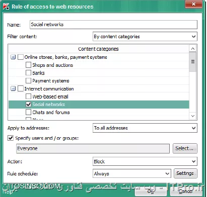 !! تنظیمات  Web Access Control 
در این آزمایش قصد داریم تا حوزه فعالیت کاربران در داخل سازمان را برای دسترسی به شبکه های اجتماعی محدود کنیم 

_ ماشین های DC و Security-Center را روشن کنید 

- ماشین PC1 را روشن کنید 

- مسدود سازی social networks 

ممکن است شما به عنوان مدیر شبکه یک سازمان بخواهید تا دسترسی کاربران به شبکه های اجتماعی در ساعات کاری را محدود کنید 

- Security-Center 

1- باز کنید Administration Console 

2- باز کنید Workstations و روی تب Policies کلیک کنید 

3- انتخاب کنید KES 10 SP2 workstation policy 

4- بخش properties پالیسی را باز کنید 

||https://tosinso.com/files/get/568a6f75-ae55-45ea-8cb2-2cbf8d25d182||

5- حالا روی Web Control سوییچ کنید 

||https://tosinso.com/files/get/91c15806-b16f-476d-a29d-fb280e11edac||

6- روی Add کلیک کنید 

7- در فیلد Name بنویسید Social networks 

8- در Filter content بر روی By content categories کلیک کنید 

||https://tosinso.com/files/get/5219fd23-9ed4-4423-8043-d92728221730||

9- در لیست Content categories زیر بخش Internet communication انتخاب کنید Social networks 

10- انتخاب کنید چک باکس Specify users and / or groups 

11- کلیک کنید روی Select و انتخاب گروه Everyone 

12- در بخش Action انتخاب کنید وضعیت Block 

||https://tosinso.com/files/get/7ea0257e-3da1-4618-b214-ab2f02f0efcb||

13- روی دکمه Settings کلیک کنید 

||https://tosinso.com/files/get/e44d74c9-3b3a-45f7-b92b-7f4e2c73e569||

14- تنظیمات زمانبندی را روی Monday تا Friday از ساعت 9:00am تا 6:00pm و روی OK کلیک کنید 

||https://tosinso.com/files/get/dfbe0985-ff95-4c12-93dc-e4ff4671a399||

15- نام فیلد را Working hours قرار دهید 

||https://tosinso.com/files/get/94892e69-309c-45d7-852f-36112a537cd3||

16- کلیک کنید روی OK 

||https://tosinso.com/files/get/3a9f42be-3c29-49e2-8f30-59d8b3af84ee||

17- و در آخر روی OK کلیک کنید 

||https://tosinso.com/files/get/a7221c26-8aba-49ff-8a96-b051c4f81b84||

18- صبر کنید تا پالیسی اعمال شود 

19- حالا مرورگر Internet Explorer را باز کنید و وارد سایت www.instagram.com شوید 

||https://tosinso.com/files/get/76dc8c78-5295-467a-a659-d36d33b60508||

نویسنده : سید احمد توسلی
منبع : |جزیره امنیت اطلاعات و ارتباطات وب سایت توسینسو::https://tosinso.com/security|
هرگونه نشر و کپی برداری بدون ذکر منبع و نام نویسنده دارای اشکال اخلاقی است
