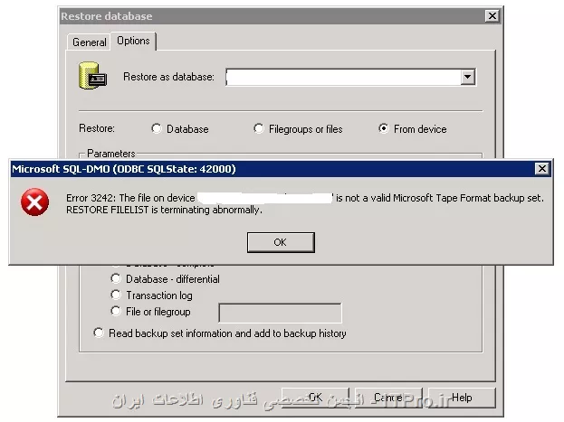 سلام دوستان گرامی،

من توسط یک job از بانک اطلاعاتی در سرور 1 بکاپ می گیرم و در همونجا هم جهت تست ریستور می کنم بدون هیچ مشکلی کار می کنه
در مرحله بعدی job که توسط دستور xp_cmdshell که این طوری نوشتم:
EXEC master.dbo.xp_cmdshell 'xcopy E:\Full-backup\test-FULL.BAK \\myServer\\Full-backup\backup /y /z'

بکاپ گرفته شده را از سرور یک به یک مسیر share شده در شبکه انتقال می دهم و در سرور 2 وقتی می خواهم بکاپ کپی شده را resotre کنم (چه از طریق کد یا visual) این پیغام خطا را نشان میده

||http://tosinso.com/files/get/7eb51584-453e-40b3-ae52-8de7a2fb0c79||

نسخه sql server که من استفاده می کنم 2000 هستش.
به نظر شما این خطا چرا اتفاق می افته؟ و پیشنهادی در مورد انتقال بکاپ از یک مبدا به مقصدی در شبکه داخلی دارید.

با تشکر.