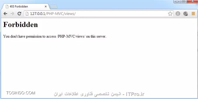 سلام به همه دوستان گلم در ITPro ابتدا قبل از شروع این قسمت یه عذر خواهی کنم بایت وقفه طولانی که ایجاد شد بین قسمت قبلی و این قسمت ، خوب توی قسمت قبلی درباره ErrorDocument ، Redirects  و password protection توضیح دادم و توی این قسمت توضیحات تکمیلی .htaccess براتون میگم بهمراه کد نویسی MVC  . نکته مهم : قبل از اینکه فایل .htaccess بسازید و توش کد بنویسید، برید توی فایل httpd.conf (اگه از wamp استفاده میکنید برید توی منوی wamp توی قسمت apache) و این خطی که در زیر انتخابش کردم پیدا کنید و اگه اول خط، کاراکتر # داشت ، کاراکتر # از اول خط پاک کنید و فایل ذخیره کرده و wamp ریستارت کنید . 
||https://tosinso.com//files/get/370a523a-186b-4d5a-b48f-5af01e053d2a||
4) Deny visitors by IP address : میتونیم جلوگیری کنیم از بازدید بعضی بازدیدکنندگان از وب سایتمون یا اجازه بدیم فقط کاربران با یه رنج آی پی خاص بتونن از وب سایتمون بازدید کنن .مثلاً فقط به ادمین سایت اجازه بدیم که بتونه صفحات حساس وب سایت ببینه و بقیه کاربران قادر نباشن .
<htm>
order allow,deny
deny from 123.45.6.
allow from all
<htm>
کد بالا به همه اجازه میده بتونن وب سایتو ببینن ولی کاربرانی که  سه اکتد آی پی شون این 123.45.6 هست اجازه بازدید از سایت ندارن .
<htm>
order allow,deny
allow from 162.1.1.1
deny from all
<htm>
کد بالایی هم فقط به کاربری با آی پی 162.1.1.1 اجازه میده از وب سایت بازدید کنه و اگه کاربری توی محدوده آی پی تعریف نشده باشه و بخواد وارد سایت بشه با خطای Forbidden مواجه میشه .
||https://tosinso.com//files/get/110262ac-52d4-466f-98ee-ab65f203e558||

5) DirectoryIndex : بصورت پیشفرض Apache بدنبال فایل index.php میگرده تا وب سایت با اون صفحه بیاره بالا (یعنی نشون بده) ، ولی میشه این پیشفرضو تغییر داد ، 
من یه صفحه index.php توی آموزش قبلی ساختم که موقعی که نمایش داده میشد بصورت زیر بود 
||https://tosinso.com//files/get/960448ad-c06f-433d-8c36-4aecd1c75ffb||
و حالا نمیخوام موقعی که وب سایتمو کسی باز میکنه صفحه index.php بصورت پیشفرض براش باز بشه میخوام index.html باز بشه .
کد index.html : فقط یه welcome توش نوشتم :-)
<htm>
<!DOCTYPE html PUBLIC -//W3C//DTD XHTML 1.0 Transitional//EN http://www.w3.org/TR/xhtml1/DTD/xhtml1-transitional.dtd>
<html xmlns=http://www.w3.org/1999/xhtml>
<head>
<meta http-equiv=Content-Type content=text/html; charset=utf-8 />
<title>Untitled Document</title>
</head>
<body>
welcome
</body>
</html>
<htm>
و حالا این کد توی .htaccess مینویسم .
<htm>
DirectoryIndex index.html
<htm>
و بعدش دوباره وب سایتمو باز میکنم میبینید که پیشفرضش تغییر کرد و صفحه که میخواستم باز شد .
||https://tosinso.com//files/get/f8cf8f64-1222-4f5c-a0f5-13c2c60cc21f||
خوب حالا اگه کدمونو به این صورت نوشته بودیم
<htm>
 DirectoryIndex index.html index.cgi index.php
<htm>
Apache ابتدا به دنبال صفحه index.html میگرده تا نمایشش بده و اگه وجود نداشت میره سراغ index.cgi  و در نهایت اگه این صفحه هم وجود نداشت index.php نمایش میده .

6) Disable directory listings : با استفاده از این قابلیت میتونیم جلوگیری کنیم از نمایش بعضی از فایل ها با پسوند های مورد نظر خودمون، یا کلاً جلوگیری کنیم از نمایش فولدرهای وب سایت .
من سه تا فولدر با نام های About,Index,Login توی فولدر Views میسازم (فولدر views توی قسمت قبلی ایجاد کردیم) ، یه چند تا فایل با پسوند jpg. و txt. هم توی فولدر views میسازم (البته این فایل هارو بعدش پاک کنید، چون فقط واسه توضیح disable directory این فایهارو ایجاد کردم بدردمون نمیخوره)  و حالا توی URL آدرس فولدر Views تایپ میکنم و enter میزنم .
||https://tosinso.com//files/get/c93ac99e-d6db-4197-be80-cbe624ea0723||
میبینید که تمام محتویات views نمایش داده شد حالا اگه بخوایم فایل هایی با پسوند txt نمایش داده نشن بصورت زیر کد مینویسیم (توی فایل .htaccess)
<htm>
IndexIgnore *.txt
<htm>
||https://tosinso.com//files/get/df7c03aa-0666-4a24-871c-81e767c61ae7||
یا اگه خواستیم فایل با پسوند jpg هم نمایش داده نشه کد بصورت زیر مینویسیم 
<htm>
IndexIgnore *.txt *.jpg
<htm>
||https://tosinso.com//files/get/14ce8ba5-d20c-417b-9113-4ca6ea8f79ba||
اگه کد بصورت زیر بنویسیم هیچ فایل و فولدری نمایش داده نمیشه ( انگار فولدر خالی هست )
<htm>
IndexIgnore *
<htm>
||https://tosinso.com//files/get/395d0ba6-8db8-4888-b2a9-f94c2e7e3161||
خوب حالا اگه وب سروری که شما وب سایتتونو روش آپ کردید فولدرهارو نمایش نمیده، میتونید با دستور زیر نمایش فولدر برای خودتون فعال کنید .
<htm>
Options +Indexes
<htm>
اگه خواستید کلاً فولدرهای سایتتون نمایش داده نشن میتونید از کد زیر استفاده کنید .
<htm>
Options -Indexes
<htm>
||https://tosinso.com//files/get/7ed0dba8-5af5-47f4-a797-5274439d0dab||
میبینید که دیگه اجازه نمایش فولدر بهمون نمیده .
خوب تا اینجا توضیحاتی که واسه .htaccess دادم کافی هست میریم سر بحث اصلیمون یعنی MVC ( توی ادامه آموزشها، قابلیت های دیگه htaccess براتون میگم ) واسه اطلاعات بیشتر میتونید به سایت زیر سر بزنید .
<left>
http://www.htaccess-guide.com
<left>
خوب حالا قبل از شروع MVC، کدهای زیر توی فایل .htaccess مینویسیم .
<htm>
Options -indexes

ErrorDocument 401 http://127.0.0.1/PHP-MVC/
ErrorDocument 403 http://127.0.0.1/PHP-MVC/
ErrorDocument 404 http://127.0.0.1/PHP-MVC/
ErrorDocument 500 http://127.0.0.1/PHP-MVC/
<htm>
به جای PHP-MVC (اسم وب سایت من هست)، شما اسم وب سایت خودتونو بنویسید .
||https://tosinso.com//files/get/279ca742-b8a9-4ca7-95d9-8cdb67bc8eae||
میبینید بعد از index.php هرچیزی وارد کنیم به ما خطایی نمیده که این خودش یه باگ محسوب میشه و حالا میاییم این باگ برطرف میکنیم.
فایل htaccess. بصورت زیر ویرایش میکنیم :
<htm>
Options +FollowSymlinks
RewriteEngine on

Options -indexes

ErrorDocument 401 http://127.0.0.1/PHP-MVC/
ErrorDocument 403 http://127.0.0.1/PHP-MVC/
ErrorDocument 404 http://127.0.0.1/PHP-MVC/
ErrorDocument 500 http://127.0.0.1/PHP-MVC/

RewriteCond %{REQUEST_FILENAME} !-d
RewriteCond %{REQUEST_FILENAME} !-f
RewriteCond %{REQUEST_FILENAME} !-l

RewriteRule ^(.*)$ index.php?url=$1 [QSA,L]

<htm>
زمانی که بخوایم از Rewrite استقاده کنیم باید قبلش دو خط اول هم بنویسیم . ( البته واسه بعضی از سرورها )
d- و f- و l- یعنی بتونیم با تایپ کردن اسم فایل و فولدر توی URL به اون فایل یا فولدر دسترسی داشته باشیم ،  $(*.)^  یعنی هر فایل و فولدری که توی URL وارد میکنیم ، url هم یه متغییر هست که بعداً توی کدها ازش استفاده میکنیم و 1$ هم تمام مقادیری که بعد از اسم سایت وارد میکنیم شامل میشه .
کد زیر به index.php اضافه میکنیم :
<php>
<?php
	echo $_GET['url'];	
?>
<php>
بصورت شکل زیر :
||https://tosinso.com//files/get/ffd5f0d8-0a96-4abd-91ab-0d0f55a33d3a||
این کد مقادیری که توی متغیر url وارد میکنیم (متغیر url توی کدهای htaccess تعریف کردیم) نمایش میده .
||https://tosinso.com//files/get/b32fc5c9-fb42-4b57-9026-79b6e554f2e2||
مثلاً زمانی که بعد از اسم سایت، مقداری بصورت بالا وارد میکنیم یعنی میخوایم تابعی (در اینجا run یه تابع هست) که توی کدهای کلاس Login نوشته شده اجرا بشه و اگه مقداری نیز بعد از run بیاد،این مقدار به عنوان مقادیر تابع (پارامتر تابع) به حساب میاد .
[QSA] زمانی به درد ما میخوره که بخوایم URL بصورت زیر وارد کنیم و از متغیری به نام b هم استفاده کنیم که در این صورت باید کد زیر به انتهای کد index.php (بعد از دستور echo) اضافه کنید تا نتیجه رو ببینید .
<php>
echo '<br>'.$_GET['b'];
<php>
||https://tosinso.com//files/get/64267654-e9e2-4274-9fb4-98929d5b7035||
ولی اگه این [QSA] نزاریم در موقعی که میخوایم از متغیر b استفاده کنیم بهمون خطا میده .
||https://tosinso.com//files/get/6d8880f7-936b-4984-b635-71f9b90b845f||
خوب حالا میایم مقادیر url جدا میکنیم با استفاده از تابع ()explode ، کدهای php صفحه index.php بصورت زیر تغییر بدید  :
<php>
<?php
	//echo $_GET['url'];
	//echo '<br>'.$_GET['b'];
	
	$url = $_GET['url'];
	$url = explode('/', $url);
	print_r($url);
?>
<php>
دو خط اول غیر فعال کردم چون دیگه بدردمون نمیخورن .
تابع explode مقادیر متغیر url$ جدا سازی میکنه بر حسب کاراکتر /  و خروجیش هم یه آرایه هست .
دستور print_r مقادیر آرایه رو چاپ میکنه .
||https://tosinso.com//files/get/fbb4c01c-984c-42ae-bada-455180885704|| 
خوب طبق چیزی که با لا گفتم اگه URL چرت و پرت هم بنویسیم (بصورت زیر) به ما خطا نمیده
||https://tosinso.com//files/get/e6e71890-0318-4572-bf4f-e2e72616ca21||
 حالا با دستور زیر میگم فقط صفحاتی رو نشون بده که توی وب سایت هست . (کدهای php صفحه Index.php بصورت زیر ویرایش کنید)
<php>
<?php
	//echo $_GET['url'];
	//echo '<br>'.$_GET['b'];
	
	$url = $_GET['url'];
	$url = explode('/', $url);
	//print_r($url);
	
	if(!file_exists(Controllers/.$url[0]..php))
	{
		echo Not Found Page;
	}
?>
<php>
خوب حالا اگه دوباره چرت و پرت بنویسیم (بصورت زیر) به ما خطایی که خودمون نوشتیمو نشون میده، حتی میشه یه صفحه خطا درست کرد و کاربر رو به صفحه ی خطا منتقل کرد .
||https://tosinso.com//files/get/e76e2185-9c9a-4250-9a44-c1d94e4db402||
خوب حالا اگه URL بصورت زیر بنویسیم بهمون خطا میده و اینم یه باگ دیگه هست که باید رفع بشه .
||https://tosinso.com//files/get/6ce34e29-c25f-41c9-8a57-3e9b357cb502||
بصورت زیر این باگ هم برطرف میشه . (کدهای php صفحه index.php بصورت زیر ویرایش کنید)
<php>
<?php
	//echo $_GET['url'];
	//echo '<br>'.$_GET['b'];
	
	if(!isset($_GET['url']))
	{
		$url = 'index';
	}
	else
	{
		$url = $_GET['url'];
	}
	
	$url = explode('/', $url);
	//print_r($url);
	
	if(!file_exists(Controllers/.$url[0]..php))
	{
		echo Not Found Page;
	}
?>
<php>
تابع isset چک میکنه که همچین متغیری ست شده یا نه ( یعنی همچین متغیری اصلاً وجود داره یا نه )
توی کد بالا گفتم اگه چیزی برای url ست نشده باشه، index براش ست بشه .امیدوارم از این قسمت هم استفاده لازم برده باشید . توی قسمت بعدی کلاسها رو توضیح میدم . 


نویسنده : مهدی رزمجویی
منبع : |جزیره طراحی و توسعه وب وب سایت توسینسو::https://tosinso.com/web|
هرگونه نشر و کپی برداری بدون ذکر منبع و نام نویسنده دارای اشکال اخلاقی می باشد