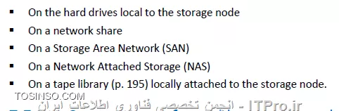 Backup Storage node چیست؟؟؟ یک سرور مرکزی می باشد که مدیریت Vaults ها که بر روی Resourceهای مختلفی پیاده سازی شده است را بر عهده میگیرد وبرای سازمانهای enterprise با داده های وسیع طراحی شده و قابلیتهای بیشتری نسبت به روشهای قبلی برای ما فراهم میکند.یکی از عملکردهای مهم Backup storage node قابلیت deduplication می باشد که اطلاعات مساوی یا یک نوع یا به اصطلاح دیگر یک جور را یک بار در این استورج ذخیره می کند که باعث بهیه سازی پهنای باند و فضای ذخیره سازی می شود.*Vaults Path های که برای Backup storage node استفاده می شود:*
||http://tosinso.com/files/get/7f4364d4-260a-4be1-9150-a4634a013034||

وقتی شما Backupی را بصورت Unmanaged ایجاد کنید تهیه ، نگهداری و  Cleanup دیسک بر عهده خود Agent می باشد که باعث مصرف بیهوده CPU و پهنای باند می شود ولی اگر این وظیفه را بر عهده Backup Storage Node واگذار کنید همه این Taskها در یک جای متمرکز توسط BSN انجام می شود. شما فرض کنید یک Backup Plane را بصورت Schedule بر روی یک Managed machine  ایجاد کرده اید بعد از مدتی پروسه Cleanup برای کاهش حجم هارد دیسک وارد عمل شود و اگر آن زمان آن Managed machine خاموش باشد چه اتفاقاتی در سازمان (بصورت وسیع این پروسه بر روی چندین سرور یا کلاینت تکرار شود) می افتد؟؟؟؟ 
بخاطر همین امر Acronis بدشدت توصیه می کند از BSN استفاده کنید.
استفاده از Managed vault (BSN) دو مزیت دارد:
•	Deduplication
•	Encryption
قابلیت اول را اول این فایل آموزشی بصورت مختصر توضیح دادم و ادامه به مکانیزم این روش بصورت مفصل می پردازیم. ولی قابلیت Encryption باعث رمزگذاری شدن اطلاعات ذخیره شده در Managed vault می شود تا افراد غیر مجاز به اطلاعات حساس سازمان دسترسی نداشته باشند.
! Getting Started with Backup Storage Node
--
پیشنیازهای استفاده از BSN:
•	Management Server
•	Management Console
•	Acronis Backup Advanced file setup
•	سیستم عاملهای وسخت افزارهای مناسب برای نصب این سرویس که در قسمت اول همین اموزش بصورت کامل ذکر گردید.
من برای اینکار یک Win server 2012 R2 نصب و آن را جوین به دومین کردم و و یک RAID-5 برای ذخیره کرده اطلاعات ایجاد کردم و قصد نصب این سرویس را دارم:
برای اینکار فایل Setup برنامه را اجرا می کنم مراحل مربوطه را Next و به صفحه زیر می رسیم که گذینه :
||http://tosinso.com/files/get/f5ac6392-badc-4d67-902e-19de9067f57b||
را انتخاب و Next
||http://tosinso.com/files/get/83a72d8f-9aab-41e7-a872-2c6a37a773ef||
اجزای بالا بصورت پیش فرض انتخاب می شوند. اگر قصد Backup گرفتن از اطلاعات سرور بالا را دارید Agent for Windows  را هم تیک بزنید.
||http://tosinso.com/files/get/aa163233-c311-4812-b1e0-fa716175c397||
یک Account برای اجرای سرویسهای Agent for Windows and Backup Storage node ایجاد یا انتخاب کنید.
نکته: این Account باید عضو دو گروه  Backup Operators and Administrators باشد.
||http://tosinso.com/files/get/6700cc90-6ab7-44bf-bc2c-70953c8dab30||
از شما می خواد که BSN را عضو Management Server کنید. برای اینکار User and pass ی که مجوز اینکار را بر روی Management Server را دارد وارد کنید.
||http://tosinso.com/files/get/31515b92-d69e-470a-9866-8539b2a1847c||
کادر بالا را هم قبلا توضیح دادم. قسمت اول همین اموزش را بخوانید.
در آخر هم Install و Finish
در آخر باید یک Vault به روش Managed در Management Server ایجاد کنید و BSN را معرفی کنید. برای اینکار به ABA وصل و به قسمت Vaults بروید و یک Vault بصورت Centralized ایجاد کنید
||http://tosinso.com/files/get/55ca68a0-7256-4c50-a698-d38ec88d2c46||
گذینه Createرا کلیک کنید
||http://tosinso.com/files/get/e05ecd12-c89c-4b66-9ec8-87da886487c6||
# یک اسم برای این استورج بنویسید.
# توضیحات.
# نوع آن.که باید Managed باشد.
# سرور BSN را انتخاب میکنید.
# فعال و غیرفعال کردن قابلیت Deduplication
# فعال کردن قابلیت Encryption. در ضورت فعال یک string value به آن دهید. که طبق این کد داده ها را رمزگذاری کند.
# مسیر ذخیره سازی اطلاعات.که طبق سناریو بر روی Local Disksهای BSN که بصورت RAID-5 ایجاد شده.
# مسیر دیتابیس Catalog. این دیتابیس شامل اطلاعات catalog index می باشد.
# این قابلیت را بعدا توضیح می دهم.
# Userهای که مجوز مدیریتی بر روی این استورج داشته باشند را انتخاب میکنیم. و همچنین Userهای که بتوانند داده های خود را مدیریت کنند. 
در آخر OK کنید.
||http://tosinso.com/files/get/fffb714b-1c9c-4048-9fdc-ee45b5e1a8ae||
شما همچنین می توانید این سرور را از طریق Storage Node مدیریت کنید:
||http://tosinso.com/files/get/45e6f622-22c0-47fe-8cc5-0ebbd5e6234f||
! Deduplication
--
این قابلیت باعث عدم ذخیره فایلهای تکرای بر روی BSN می شود. این فناوری باعث صرفه جوی در فضای هارد دیسک بوسیله حذف فایلهای تکراری و بهیه سازی پهنای باند می شود، در هنگام Backup گیری اگر Agent متوجه شود که این فایل قبلا در BSN ذخیره شده است از بک آپ گیری آن فایل صرفه نظر می کند.
شما می توانید این قابلیت را بر روی Vaultهای Managed پیاده سازی کنید.  به Vaultی که Deduplication  می باشد deduplicating vault گفته می شود
اساس کار Deduplication  بصورت Block می باشد (یعنی فایلهای را بصورت بسته های به نام Block تقسیم بندی می کند) اگر شما backupی از نوع Disk-Level داشته باشید اطلاعات شما به blockهای 4 KB دسته بندی می شود و برای File-Level از 1 B تا 256 KB دسته بندی می کند. اگر فایلی بزرگتری از 256 KB باشد فایل را به قسمت های 256 KB تقسیم می کند.
Acronis به دو صورت deduplication را انجام می دهد:
<ltr>
•	Deduplication at source
•	Deduplication at target
<ltr>

  Deduplication at source: این نوع بر روی Managed Machine انجام می شود. Agent با استفاده از BSN تعیین می کند چه اطلاعاتی را می تواند Deduplication کند تا مانع انتقال این اطلاعات شود.
Deduplication at target: این نوع بعد از Backup گیری کامل از ریسورس انجام می شود. BSN داده های بک آپ گرفته شده را آنلالیز می کند و داده های که Deduplication می شوند آنها را Deduplication میکند.
نکته: شما هنگام ایجاد Backup Plan Task می توانید تعیین کنید چه داده های را Deduplication کند.
! Deduplication database
--
Backup Storage Node این دیتابیس را ایجاد، تنظیم و نگهداری می کند. و همچنین دارای مقدار هش شده داده های Block شده ذخیره شده در این Vault می باشد به جزء اطلاعاتی که Deduplication نشده اند یا رمزگذاری شده اند.
Deduplication database در BSN ذخیره می شود.. و هنگام فعال کردن این قابلیت می توانید مسیر آن را مشخص کنید.

! How Deduplication works
--
# *Deduplication at source:* وقتی قراره داده های Backup گرفته شده به سوی یک Deduplication Database فرستاده بشه Agent اثر انگشت (hash value) داده های block را محاسبه می کند، بعد از محاسبه Agent یک Query سمت BSN ارسال میکند که آیا این مقدار Block قبلا در این Vault ذخیره شده یا نه؟؟؟ اگر قبلا ذخیره شده باشد Agent فقط مقدار hash شده را ارسال می کند و گرنه همان Block را ارسال می کند و BSN این داده را در یک temporary file ذخیره می کند. 
# *Deduplication at target:* وقتی مرحله Deduplication at source و Backup Plan به اتمام رسید BSN پروسه indexing activity را اجرا می کند. این پروسه اطلاعات را بصورت زیر Deduplication می کند:
•	برای محتویات temporary file مقدار هش را ایجاد می کند.
•	BSN مقدار هش و لینک بازسازی این Data Blockها را ایجاد و آنها را در فایلی به نام deduplication data store ذخیره می کند.
•	محتویات temporary file را حذف می کند.
در نتیجه بعد از Deduplication  فقط مقدار هش شده blockها ذخیره می شود و از ذخیره کرده Block ها تکراری جلوگیری می کند. هر مقدار هش وblockهای منحصر بفرد دارای چندین لینک Reference مربوطه به چندین Backup Plan Task می باشد که جهت بازسازی انها بکار می رود.
||Deduplication ::http://tosinso.com/files/get/2d65cc70-e055-4690-97c2-bf0316a76b4f||
در مواقعی که اطلاعات منحصر بفردی زیادی برای Backup گیری وجود داشت وBSN رم کافی نداشته باشد پروسه بک آپ fail می شود. 
نکته: حداقل RAMی که برای BSN توصیه شده 8 گیگ می باشد.
نکته: گاهی وقتا شما Backup Setهای را دستی یا در حین اجرای پروسه Cleanup پاک می شوند و blockهای باقی می مانند که به هیچ Backup setی تعلق نداشته باشد. این Blockها توسط  compacting task پاک می شوند. compacting task هر یکشنبه شب ساعت 3 اجرا می شود که شما می توانید این زمان بندی را بدلخوا تنظیم کنید.
||http://tosinso.com/files/get/1c91fb82-8469-4473-9e81-028f9c5750c1||
! Deduplication Limitation 
--
•	اگر Backupی بوسیله پسورد محافظت شده باشد. نمی توان آن را Deduplication کرد.
•	اگر cluster size or block size یک Volume بخش پذیری از 4 KB نباشد.
•	فایلهای رمز گذاری شده را نمی توان Deduplication کرد.
! Create Deduplication Database
--
برای ایجاد این دیتابیس در Managed vault کافیه گذینه زیر را فعال کنید و مسیر  Deduplication Database را مشخص کنید.
||http://tosinso.com/files/get/5dec2066-a3de-4ab7-bacc-840408ba01bd||
||http://tosinso.com/files/get/433f948c-2721-4f8b-97b4-64d530cc1fb6||
در آخر هم باید تذکر بدم که شما نمی توانید قابلیت Deduplication را بر روی سیستم عاملهای 32 bit پیاده سازی کنید. به هیچ وجه توصیه شده نسیت.
شما همچنین میتوانید قابلیت Deduplication را بر روی یکی از Volumeهای Windows Server 2012R2 پیاده سازی کنید.
<ltr>
Windows Server 2012 R2 Deduplication
<ltr>
<c#>
http://www.windowsnetworking.com/articles-tutorials/windows-server-2012/windows-server-2012-r2-deduplication.html
<c#>
در آموزش بعدی Acronis Secure Zone را آموزش میدهم.

موفق و پیروز باشید. 

نویسنده: احمد جهلولی 
منبع: |جزیره راهکارهای ذخیره سازی اطلاعات وب سایت توسینسو ::https://tosinso.com/virtualization|
نشر و کپی برداری، صرفاً با ذکر نام نویسنده و منبع مجاز می باشد. 