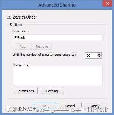 خب اولین کار اینکه برای هر 2 کامپیوتر و به خصوص کامپیوتری که میخواین بهش وصل بشین، یه Password انتخاب کنین.
البته این Password می بایست با تنظیمات Password Policy روی کامپیوتر اول سازگار باشه (از لحاظ طول Password، پیچیدگی و ...)
سپس به کامپیوتر مقصد برین و روی اون فولدر که قصد Share کردن دارین، راست کلیک کنید و سپس گرینه Properties رو انتخاب کنین.
حالا به تب Sharing برین.

||http://network.tosinso.com/files/get/3cd4a4fe-a1a4-4cb6-bcac-dd553f880353||

حالا گزینه Advanced Sharing رو انتخاب کنین و سپس گزینه Share this folder رو انتخاب کنین و برای این Share، یک اسم انتخاب کنین.

||http://network.tosinso.com/files/get/7f7ec009-1e46-48b6-9757-c25ae14d7948|| 

حالا پاین صفحه گزینه Permissions رو انتخاب کنید. حالا برای اطمینان از اینکه مشکلی به وجود نیاد، به Everyone دسترسی Full Control بدین.

||http://network.tosinso.com/files/get/d8235c34-b5f5-443a-9df8-0f66d2023f74||

این نکته رو فراموش نکنین که خیلی اوقات عدم اختصاص Password باعث بروز این مشکل میشه.
