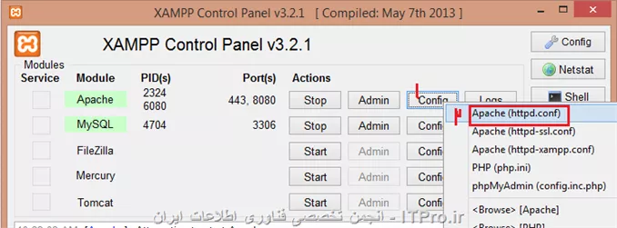 1- فقط کافیه apache و mysql رو startکنید.
2-اگه apache استارت نمیشه ممکنه مشکل از پورت پیشفرض (80) باشه که با برنامه دیگه ای درگیر هست. برای رفع این مشکل مطابق شکل زیر فایل httpd.conf رو باز کنید و با کلیدهای ترکیبی Ctrl+F عدد 80 رو find کنید و هرجا 80 هست بجاش 8080 بگذارید. و فایل رو save کنید. بعد مجدد start جلوی apache رو کلیک کنید. 
||http://web.tosinso.com/files/get/7fa056c2-b589-4814-99ae-6128d5111c25||
البته باید در نظر داشته باشید که با این تغییر، localhost با آی پی 127.0.0.1 و بدون ذکر پورت لود نخواهد شد بلکه شماره پورت 8080 را نیز بعد از آی پی باید ذکر کنید:
<text>
127.0.0.1:8080/sitename.domain
<text>
