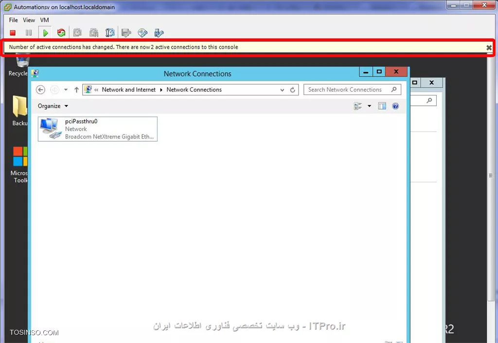 سلام
ممنونم از راهنماییتون.مقاله رو مطالعه کردم و طبق اون پیش رفتم.اما کارت شبکه ای که اضافه شده مدام ریپ میزنه.یعنی وقتی ازش پینگ میگیرم دائما بین reply ها request time out میده و همچنین وقتی کنسولش رو از esxi لود می کنم در حین کار باهاش دائم اتصالم قطع و وصل میشه.همه فایروال ها رو هم off کردم.نکته دیگه اینکه وقتی میخوام این ماشین رو به دامین Join کنم خطای زیر رو میده
||http://network.tosinso.com/files/get/b320baf2-744a-4708-9e89-c208a5f7076f||
و این هم لیست سخت افزارهای تخصیص داده شده به این سرور هست که در ردیف آخر کارت شبکه دیده میشه
||http://network.tosinso.com/files/get/df6b62c6-e1ab-4d3e-8f9f-9ec9b94870b3||
در ضمن وقتی پنجره ای باز میشه در بالای پنجره یه عبارت میاد که گفتم شاید کمک کنه که راحتتر بتونید راهنماییم کنید
توی شکل زیر این عبارت رو مشخص کردم
||http://network.tosinso.com/files/get/7fb80451-7236-490b-9bdb-7fc4300cff2d||
ممنونم