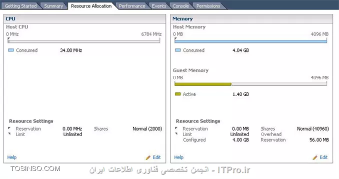 سلام.
میخواستم بدونم تقاوت  host memory با Guest memory در vmware چیه؟
و معنای consumed اینجا یعنی چی؟!
اینطور که من متوجه شدم هاست مموری همون حافظه فیزیکی هست که به هر ماشین مجازی اختصاص دادیم. و گس مموری مقدار مصرفی از این حافظه در لحظه است.
اما این واژه و مقدار consumed گیجم کرده. چون توی رم این مقدار همیشه با یک نوار ابی بصورت پر نمایش داده میشه. اما همین مقدار توی سی پی یو خالیه.
عکس زیر رو ببینید.
ممنون میشم راهنماییم کنید.
||http://tosinso.com/files/get/7fd535a4-1718-4d57-a210-aa8c0365ce87||