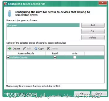 !! اجازه Write به همه کاربران USB flash drives 

- PC1 

1- یک فلش مموری را داخل قرار دهید 

2- ماشین PC1 را باز کنید 

3- در منوهای برنامه VMware Workstation به Vm و Removable Devices و چک کنید تا این امکان روی حالت Connect باشد 

||https://tosinso.com/files/get/5f02bd11-5e33-4e90-a0f5-899ddacbb82b||

4- وارد Start > Computer  شوید 

5- حالا چک کنید که درایو فلش مموری فعال شده باشد 

||https://tosinso.com/files/get/8c114775-482b-486d-b9c4-0ca49a117615||

- Security-Center 

1- وارد  Administration Console شوید 

2- در گروه  Workstations وارد تب Policies شوید 

3- روی پالیسی KES 10 SP2 workstation policy کلیک کنید 

4- حالا properties پالیسی را باز کنید ( روی آن راست کلیک یا دوبار روی آن کلیک کنید )

||https://tosinso.com/files/get/fb5cecec-06ed-4c0d-8fb0-5cf6791b6c73||

5- بروید به منوی Device Control 

6- انتخاب کنید Removable drives 

||https://tosinso.com/files/get/25105650-16fb-4378-8512-85b0eeb07569||

7- کلیک روی Edit 

||https://tosinso.com/files/get/247fd856-da21-41f5-bf29-c613c7336645||

8- روی Yes کلیک کنید 

||https://tosinso.com/files/get/5d2fed04-2778-44a9-a3c4-d5b6b1f4ebb1||

9- حالا تنظیمات دسترسی کاربران را روی Write گذاشته و OK کنید 

||https://tosinso.com/files/get/7ff6ceba-a92f-4a0a-8e87-e9e1ce6905df||

10- روی OK کلیک کنید تا پالیسی ذخیره شود 

||https://tosinso.com/files/get/90296cc2-72b4-4422-8293-3edd9221b729||

11- صبر کنید تا پالیسی اعمال شود 

12- اگر فایلی را در فلش مموری کپی کنید پیام زیر نمایش می یابد 

||https://tosinso.com/files/get/72f4f988-d329-4ad7-a795-4a25fff23694||

نویسنده : سید احمد توسلی
منبع : |جزیره امنیت اطلاعات و ارتباطات وب سایت توسینسو::https://tosinso.com/security|
هرگونه نشر و کپی برداری بدون ذکر منبع و نام نویسنده دارای اشکال اخلاقی است