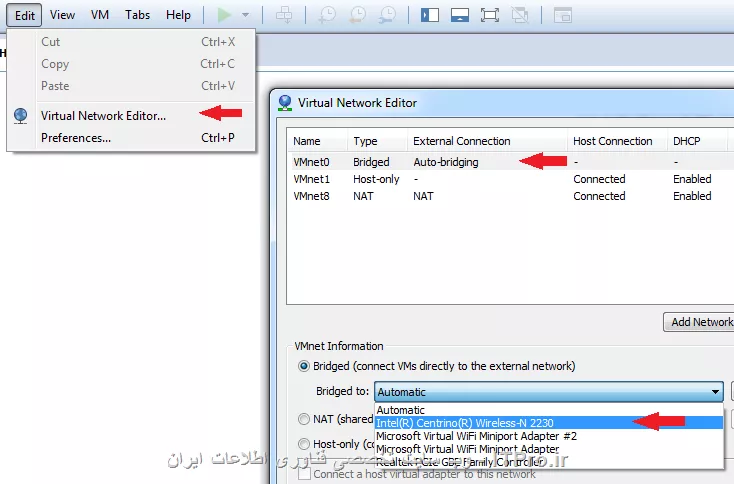 اگر اشتباه نکنم شما دارید اینترنت رو با استفاده از ICS به اشتراک میزارید به خاطر همین جواب نمیگیرید خب من مراحل اشتراک گذاری اینترنت از طریق Bridge کردن رو توضیح میدم اگر دوست داشتید این روش رو هم امتحان کنید
اول از همه VMware رو Run as Administrator کنید و بعد به مسیر Edit > Virtual network editor رفته و در پنجره باز شده ، در لیست ، VMnet0  Bridged رو انتخاب کنید و در منوی کشویی که در پایینش قرار داره کارت شبکه وایرلس خودتون رو انتخاب کنید و OK کنید. (البته اگر کارتهای شبکه دیگر شما به جایی وصل نباشند احتمالا همون گزینه Automatic هم کار رو راه بندازه)
||http://icdl.tosinso.com/files/get/8014881d-a1ec-44be-b6f9-25daeda6607b||
بعدش در تنظیمات ماشین مجازی خودتون کارت شبکه اون رو در حالت Bridged قرار بدید .
||http://icdl.tosinso.com/files/get/b4279078-7c95-44d5-bc7b-c3d5c990f332||
انجام این کار  باعث میشه که کارت شبکه ماشین مجازی شما با کارت شبکه وایرلس Bridge بشه و مثل این میمونه که ماشین مجازی مستقیما از کارت شبکه وایرلستون ارتباط میگیره
حالا در سیستم اصلی IP دستی دلخواه تنظیم کنید و جای Default Gateway رو خالی بزارید که نتونه اینترنت بگیره . از طرفی در ماشین مجازی تنظیمات آی پی رو بصورت خودکار قرار بدید تا از اکسس پوینت شما IP بگیره. به این صورت ماشین مجازی اینترنت داره و سیستم اصلی شما اینترنت نمیتونه داشته باشه.
سعی کردم مراحل رو تقریبا کامل توضیح بدم که جواب بگیرید امیدوارم مشکلتون حل بشه .