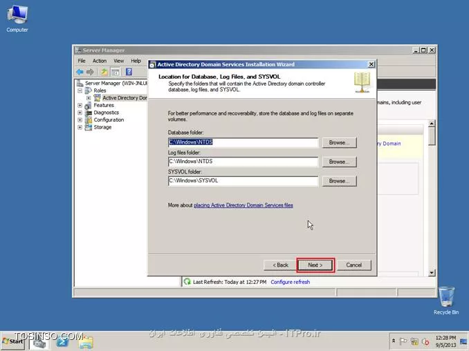 ||http://network.tosinso.com/files/get/465f83f1-ad1d-44fd-97d7-47db2dbdd599||
! راه اندازی یک شبکه قدرتمند محلی تحت دامین-Domain Networking

خب همان طور که از نامش معلوم هست شبکه ما تحت دامین میباشد و با شبکه های Workgroup خیلی تفاوت دارد. در شبکه دامین ما با سیستم عامل سرور یک شبکه راه اندازی میکنیم و بقیه کامپیوتر ها باید به سرور متصل شوند
تا بتوانند از سیستم های خود استفاده کنند همچنین ما در شبکه دامین میتوانیم سطح دسترسی کاربران را به قسمت های مختلف ویندوز محدود کنیم برای مثال از سرور دستور میدهم که کاربر X نتواند از USB استفاده کند و...
در شبکه Domain شما باید روی سرور برای هر کاربر Username و Password تعریف کنید تا کاربران با User و Pass های تایین شده توسط شما بتوانند کامپیوتر های خود را Login کنند.
در این قسمت از سیستم عامل Windows Server 2008 R2 استفاده میکنیم.

*خصوصیات شبکه Domain:*
قابلیت مدیرت هزاران کامپیوتر تنها از یک کامپیوتر ( سرور )
تعیین کردن سطح دسترسی کاربران به قسمت های مختلف سیستم عامل ویندوز
نصب برنامه ها تحت شبکه ( شما تایین میکنید که کاربران بتوانند چه برنامه هایی نصب کنند )
امنیت فوق العاده بالا
انعطاف پذیری بالا در مدیریت کاربران
نصب ویندوز بر روی کامپیوترهای Client عضو شبکه Domain
و......

پیکربندی ویندوز Server 2008 R2 Enterprise:
1- سیستم عامل ویندوز را روی کامپیوتر سرور نصب کنید. سیستم عامل را حتما فعال و Active کنید و ساعت آن را تنظیم کنید.
2- در این قسمت باید سرویس Active Directory را روی ویندوز سرور نصب کنید تا شبکه شما به Domain تبدیل شود. ( ADDC: Active Directory Domain Controller )
2-1: نصب سرویس Active Directory:

روی Start کلیک کنید سپس از Administrative Tools گزینه Server manager را انتخاب کنید:
||http://network.tosinso.com/files/get/d1bb9151-613e-43a6-9396-6d85acb85013||
2-2- در صفحه باز شده روی Roles کلیک کنید سپس Add Roles را بزنید:
||http://network.tosinso.com/files/get/9a64b30c-3142-4369-bca1-a874b86e16c5||
2-3- در این قسمت روی Next کلیک کنید:
||http://network.tosinso.com/files/get/587b1e57-15e6-462f-8a79-c55b970d6213||
2-4- در این قسمت تیک گزینه Active Directory Domain Services را بزنید:
||http://network.tosinso.com/files/get/ff749a6f-06e0-45a4-901e-53d8baa048a6||
2-5- صفحه ای باز میشود و باید روی Add Required Features کلیک کنید:
||http://network.tosinso.com/files/get/3fbe52f7-01e0-45d6-adb0-5fb2c2f42793||
2-6- تیک Active Directory Domain Services زده شد حالا روی Next کلیک کنید:
||http://network.tosinso.com/files/get/524e7fd5-206f-47f3-854a-efe49c96326d||
2-7- روی Next کلیک کنید:
||http://network.tosinso.com/files/get/2e1a28d8-acb0-4701-a7ae-9f42e86e1968||
2-8- روی Install کلیک کنید تا سرویس Active Directory نصب شود:
||http://network.tosinso.com/files/get/162dd0de-588b-4136-aaa4-2104315ab108||
2-9- در حال نصب:
||http://network.tosinso.com/files/get/6489b5cd-83f0-4b66-a890-eaa10b5c4660||
2-10- روی Close کلیک کنید تا نصب به اتمام برسد:
||http://network.tosinso.com/files/get/1b8b18aa-6986-418a-b01e-6b59c2ca8d5d||
2-11- روی Start کلیک کنید سپس از Administrative Tools گزینه Server manager را انتخاب کنید.
روی Roles کلیک کنید سپس روی Active Directory Domain Services کلیک کنید:
||http://network.tosinso.com/files/get/dee593d9-243f-44b2-93bc-6b300fe7d76c||
2-12- روی Run the Active Directory Domain Services Installation Wizard dcpromo.exe کلیک کنید:
||http://network.tosinso.com/files/get/3a44e3d2-068c-4c3d-9b58-80f609dbc2ad||
2-13- روی Next کلیک کنید:
||http://network.tosinso.com/files/get/3e5f84e4-a44a-4fad-8f5d-9f4ceb6e859f||
2-14- روی Next کلیک کنید:
||http://network.tosinso.com/files/get/2305697b-c67d-47d3-8601-cc7be14bc60a||
2-15- تیک گزینه Creat a new domain in a new forest را بزنید و روی Next کلیک کنید:
||http://network.tosinso.com/files/get/8dba017d-96aa-4fe6-bf36-681a52f70056||
2-16- در این قسمت باید برای دامنه شبکه دامین یک نام انتخاب کنید. دقت کنید که باید از 2 یا 3 کلمه تشکیل شود و بین آن ها نقطه ( . ) گذاشته شود. سپس روی Next کلیک کنید:
||http://network.tosinso.com/files/get/82dff6dd-706c-4bba-90b1-96701c4711e3||
2-17- در این قسمت از بالا ( Forest fuctional level ) گزینه Windows server 2008 R2 را انتخاب کنید و روی Next کلیک کنید:
||http://network.tosinso.com/files/get/781a032f-d08e-4aa9-bbfe-f0a3ed1ca1eb||
2-18- در این قسمت مطمئن باشید که تیک گزینه DNS خورده باشد سپس روی Next کلیک کنید:
||http://network.tosinso.com/files/get/f9000eaf-8a56-439c-b3f8-d985a60c39c0||
2-19- در این قسمت باید نوع سیستم IP دهی به شبکه را انتخاب کنید که DHCP و Manual میباشد من در اینجا ار IP دهی Manual استفاده میکنم و IP کارت های شبکه را دستی تنظیم میکنم
پس ابتدا IP سرور را دستی تنظیم کنید سپس گزینه زیر را انتخاب کنید:
||http://network.tosinso.com/files/get/82ea3931-05e4-4aea-99f3-969ef43e0458||
IP که من تنظیم کردم:
||http://network.tosinso.com/files/get/8154f867-bb10-4d7b-8e89-260cebf69a2b||
IP Address: 192.9.200.77 این IP باید در رنج IP ها و روترهای داخل شبکه باشد.
Subnet Mask: 255.255.255.0 باید همین مقدار باشد: 255.255.255.0
Default Geteway: 192.9.200.50 باید IP مودم یا روتر اینترنت باشد تا به اینترنت دسترسی داشته باشد.
2-20- سپس روی Next کلیک کنید و Yes را بزنید:
||http://network.tosinso.com/files/get/ea8c50c0-9f6d-4b9f-a188-7ea6f9e099d5||
2-21- روی Next کلیک کنید:
||http://network.tosinso.com/files/get/8065e660-4640-4674-a0ce-a263e88611f7||
2-22- در این قسمت برای بازیابی Active Directory یک رمز وارد کنید ( رمز شما باید ترکیبی از حروف کوچک حروف بزرگ و اعداد و کاراکتر یاشد ) سپس روی Next کلیک کنید:
||http://network.tosinso.com/files/get/f7579a6a-96f7-49b2-88d8-e51c2efbae91||
2-23- روی Next کلیک کنید تا تنظیمات اعمال شود:
||http://network.tosinso.com/files/get/01968a4a-546e-4e3b-9b0a-0577c06aaa91||
2-24- در این قسمت تیک گزینه Reboot on completion را بزنید تا بعد از اتمام نصب و تنظیمات سرور ریست شود:
||http://network.tosinso.com/files/get/4bf0cd9d-497e-4e7c-a2b6-07c6bdc59e00||
خب تا اینجا توانستیم شبکه Domain را روی سرور راه اندازی کنیم. حالا باید کامپیوترهای کاربران و کلاینت ها را عضو این شبکه کنیم.
||http://network.tosinso.com/files/get/2953c08f-ffda-4765-a24f-b57b27b1acb9||
! join کردن کامپیوتر ها به سرور
عضو کردن کامپیوترهای کاربران و کلاینت ها به شبکه Domain:
تعریف Username و Password برای یک یا چتد کاربر روی ویندوز سرور:
خب شما ابتدا باید روی سرور برای هر کاربر و کلاینت یک نام کاربری و رمز عبور تعریف کنید تا کاربران بتوانند وارد حساب کاربری خود شوند.
1- روی Start کلیک کنید سپس از Administrative Tools گزینه Server manager را انتخاب کنید.
به مسیر زیر بروید:
<c#>
Roles > Active Directory Domain Services > Active Directory users and Computers > Domain name > Users
<c#>
Domain name همان اسمی هست که برای شبکه Domain انتخاب کردید.
||http://network.tosinso.com/files/get/3643b8f5-fd04-49bd-afe5-70167391d2e2||
2- روی Users کلیک راست کنید و New user را بزنید:
||http://network.tosinso.com/files/get/5ad37cf3-02f0-47f7-9f82-91d39d93a7c9||
3- First name: نام کاربر را وارد کنید.

Last name: اسم فامیل کاربر را وارد کنید.

User logon name: نام کاربری کاربر برای وارد شدن به سیستم را وارد کنید.
سپس روی Next کلیک کنید:
||http://network.tosinso.com/files/get/60bb779e-6856-40b1-93ff-80b3c7021f24||
4- در این قسمت برای User که ساختید پشورد بزارید و همه تیک ها را بردارید و روی NExt کلیک کنید ( پسورد ترکیبی از اعداد حروف کوچک و بزرگ و کاراکتر باشد )
||http://network.tosinso.com/files/get/2591bc9d-892f-4d2c-9123-0c27023ee07c||
5- روی Finish کلیک کنید:
||http://network.tosinso.com/files/get/5a60ff1d-80d2-4d32-87e6-959e80df3dfc||
6- User ما بر روی سرور ساخته شد.

به کامپیوتر کاربر یا کلاینت بروید سپس IP آدرس برای آن کلاینت تعریف کنید ( IP باید در رنج IP سرور و شبکه باشد )
IP Address: آدرس IP در رنج شبکه و سرور ( تکراری نباشد )
Subnet Mask: باید 255.255.255.0 باشد
Default geteway: باید IP روتر یا مودم اینترنت باشد
Prefered DNS Server: که خیلی مهم میباشد باید IP سرور را وارد کنید اگر وارد نکنید امکان عضویت و بر قراری ارتباط با سرور را ندارید.
||http://network.tosinso.com/files/get/7120de2c-28be-4b06-b6bb-5dea7c2b1fa0||
6- روی Computer کلیک راست کنید و Properties را بزنید سپس روی Change settings کلیک کنید:
||http://network.tosinso.com/files/get/6448080b-1d7a-4f29-b68a-e22e062d076a||
7- روی Change کلیک کنید:
||http://network.tosinso.com/files/get/4268e27b-a4e8-40cf-ad0a-d49da540731d||
8- تیک گزینه Domain را بزنید و نام Domain که در سرور موقع نصب Active Directory انتخاب کردید را وارد کنید و OK را بزنید:
||http://network.tosinso.com/files/get/5c2cd75d-4a84-4a5a-9075-2672ada1bd65||
9- از شما USER Name و Password میخواهد:
||http://network.tosinso.com/files/get/4a3f8a04-0fc3-402d-bba6-4957033a51ff||
Username باید Administrator را وارد کنید و Password را رمز عبور ویندوز سرور 2008 سپس Ok را بزنید:
10- پیام خوش آمد گویی به شما نمایش داده میشود. این یعنی این که کاربر شما عضو شبکه Domain شد. روی OK کلیک کنید:
||http://network.tosinso.com/files/get/ba3a7f60-7726-457f-af71-9cec5e2c5a65||
11- از شما میخواهد کامپیوتر را ریست کنید رو OK کلیک کنید:
||http://network.tosinso.com/files/get/78b86ffc-d746-48f7-afbe-5e5df898929f||
سپس Close را بزنید و Restart now را بزنید.
12- سیستم کاربر که روشن شد به شما میگه مه CTRL + ALT + Delete را بزنید تا Login شوید:
||http://network.tosinso.com/files/get/18282e58-64b6-46c1-adb1-c3291cb96d40||
13- روی Switch User کلیک کنید:
||http://network.tosinso.com/files/get/52f35079-78d5-4633-bd7f-a71623317de8||
14- Other User را بزنید:
||http://network.tosinso.com/files/get/6b9d9841-f62d-48f3-a6ff-215ce30e2824||
15- User name و Password که در سرور برای کاربر تعریف کردید را وارد کنید تا Login شود:
||http://network.tosinso.com/files/get/5d6df99e-ab52-4b11-80f9-630070acbe20||
||http://network.tosinso.com/files/get/e51322cc-c0f7-4ffc-ade0-f0dc086b4188||
16- کاربر شما با موفقیت عضو شبکه Domain شد
||http://network.tosinso.com/files/get/4b8fb913-5ae3-40bb-b733-f01b85f970a1||
موفق باشید.