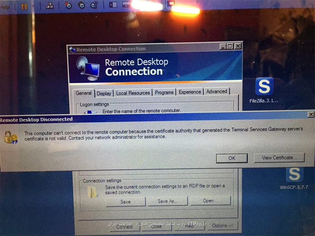 سلام 
دوروز هست دارم 24 ساعته روی terminal services gateway (ts gateway ) کار میکنم باز به مشکل میخورم
از اموزش |ماکروسافت::https://technet.microsoft.com/en-us/library/cc754252|  استفاده میکنم.
در مرحله اخر موقع ریموت زدن با ارور زیر مواجه میشم :

||http://tosinso.com/files/get/80dc1097-9af2-450a-888f-6dd2eda5d796||

میدونم مشکل از سرتیفیکیت هست. ولی هیچ راه دیگه ای به ذهنم نرسید. لطفا اگه امکانش هست مراحل رو مو به مو بگین یا فیلمی چیزی که صد در صد عملی بشه.

پروژه mcitp دارم . و نقشه به صورت زیر هست. سعی کردم از سرتیفیکیت sstp هم که به صورت افلاین باز گرفتم انجامش بدم نشد.

||http://tosinso.com/files/get/91fca368-8368-4e05-93c3-63b5955b631c||

به این |منبع::http://m.windowsecurity.com/articles-tutorials/authentication_and_encryption/Configuring-Windows-Server-2008-Terminal-Services-Gateway-Part2.html| هم نگاه انداختم تو figure 9 که میگه باید اگه افلاین هست سرور به صورت دستی نصب کنید موندم.

ممنون میشمم کمک کنید اصلا وقتی نمونده برام