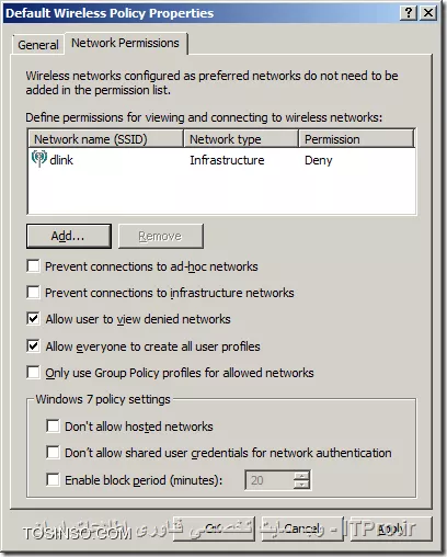 سلام
به واقع شما از تنظیمات پالیسی برای Wireless Network ها نمی تونید به این شکل برای غیر فعال کردن کارت شبکه وایرلس استفاده کنید، اما دو راه دارید:
1. Notepad را باز کنید و دستور زیر را در آن وارد کنید:
<c#>
 netsh interface set interface name=wifi admin=disabled
<c#>
فایل را با پسوند (bat.) ذخیره کنید بعد به Group Policy برید و یک  Log on/Start up Script ایجاد کنید و فایلی که درست کردید را وارد کنید و سپس به OU مورد نظر لینک کنید.
فقط این رو در نظر بگیرید که ممکن نام همه کانکشن ها برای Wireless Network
<c#>
wifi
<c#>
نباشد.
2. یک پالیسی با نام مناسب بسازید سپس بر روی آن کلیک راست و Edit را انتخاب کنید و به مسیر زیر برید
<c#>
Computer Configuration > Policies > Windows Settings > Security Settings > Wireless Network (IEEE 802.11)
<c#>
بر روی قسمت آخر کلیک راست کنید یا آنرا انتخاب و در قسمت Menu Bar بر روی Action کلیک و Create A New Wireless Network Policy for Windows Vista and Later Releases انتخاب کنید
||http://network.tosinso.com/files/get/15cdcfc6-ee5b-476b-8e9f-bc5d888d26fb||

در قسمت Policy Name یک نام مناسب وارد کنید و اطمینان حاصل کنید که تیک قسمت Use Windows WLAN AutoCOnfig service for clients خورده باشد.
||http://network.tosinso.com/files/get/11938b9a-1ffa-4244-a2e9-ee7b33cb3d60||

در همین پنجره به تب Network Permissions برید و بر روی Add کلیک کنید.
||http://network.tosinso.com/files/get/2343aa86-968e-4fac-82ec-2a6b3d6a9d02||

در این قسمت اسم SSID که قرار غیر فعال کنید را وارد کنید (مثلا: dlink) و نوع Network Type رو مثلا Infrastructure
||http://network.tosinso.com/files/get/223b5d48-1bc8-43ff-9f12-e8e11ef26508||

و در آخر Apply و OK کنید.
||http://network.tosinso.com/files/get/80de60f5-2200-40f3-a7e4-1574c03ea2d8||

حالا کاربران با وجود اینکه کارت شبکه وایرلس سیستمشون فعال هستش و اون Wireless Network رو می بینن، نمیتونن بهش وصل بشن.
||http://network.tosinso.com/files/get/ebf58c2a-8e40-4d65-9a7f-586c006f3999||
