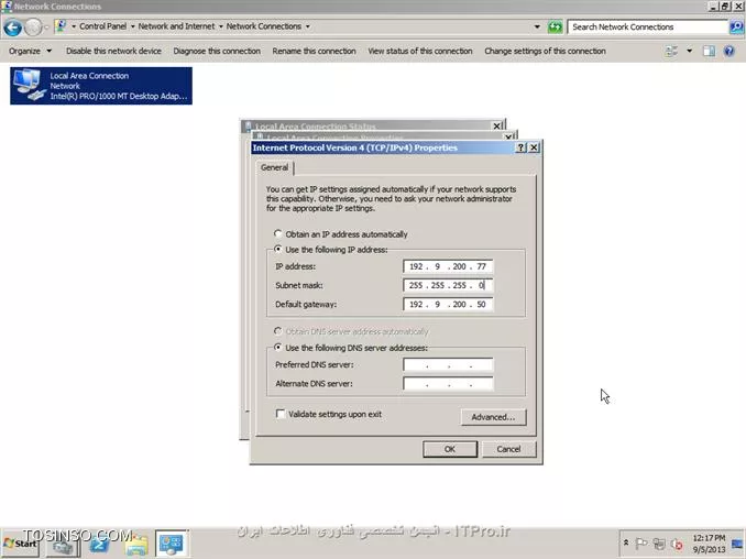 ||http://network.tosinso.com/files/get/465f83f1-ad1d-44fd-97d7-47db2dbdd599||
! راه اندازی یک شبکه قدرتمند محلی تحت دامین-Domain Networking

خب همان طور که از نامش معلوم هست شبکه ما تحت دامین میباشد و با شبکه های Workgroup خیلی تفاوت دارد. در شبکه دامین ما با سیستم عامل سرور یک شبکه راه اندازی میکنیم و بقیه کامپیوتر ها باید به سرور متصل شوند
تا بتوانند از سیستم های خود استفاده کنند همچنین ما در شبکه دامین میتوانیم سطح دسترسی کاربران را به قسمت های مختلف ویندوز محدود کنیم برای مثال از سرور دستور میدهم که کاربر X نتواند از USB استفاده کند و...
در شبکه Domain شما باید روی سرور برای هر کاربر Username و Password تعریف کنید تا کاربران با User و Pass های تایین شده توسط شما بتوانند کامپیوتر های خود را Login کنند.
در این قسمت از سیستم عامل Windows Server 2008 R2 استفاده میکنیم.

*خصوصیات شبکه Domain:*
قابلیت مدیرت هزاران کامپیوتر تنها از یک کامپیوتر ( سرور )
تعیین کردن سطح دسترسی کاربران به قسمت های مختلف سیستم عامل ویندوز
نصب برنامه ها تحت شبکه ( شما تایین میکنید که کاربران بتوانند چه برنامه هایی نصب کنند )
امنیت فوق العاده بالا
انعطاف پذیری بالا در مدیریت کاربران
نصب ویندوز بر روی کامپیوترهای Client عضو شبکه Domain
و......

پیکربندی ویندوز Server 2008 R2 Enterprise:
1- سیستم عامل ویندوز را روی کامپیوتر سرور نصب کنید. سیستم عامل را حتما فعال و Active کنید و ساعت آن را تنظیم کنید.
2- در این قسمت باید سرویس Active Directory را روی ویندوز سرور نصب کنید تا شبکه شما به Domain تبدیل شود. ( ADDC: Active Directory Domain Controller )
2-1: نصب سرویس Active Directory:

روی Start کلیک کنید سپس از Administrative Tools گزینه Server manager را انتخاب کنید:
||http://network.tosinso.com/files/get/d1bb9151-613e-43a6-9396-6d85acb85013||
2-2- در صفحه باز شده روی Roles کلیک کنید سپس Add Roles را بزنید:
||http://network.tosinso.com/files/get/9a64b30c-3142-4369-bca1-a874b86e16c5||
2-3- در این قسمت روی Next کلیک کنید:
||http://network.tosinso.com/files/get/587b1e57-15e6-462f-8a79-c55b970d6213||
2-4- در این قسمت تیک گزینه Active Directory Domain Services را بزنید:
||http://network.tosinso.com/files/get/ff749a6f-06e0-45a4-901e-53d8baa048a6||
2-5- صفحه ای باز میشود و باید روی Add Required Features کلیک کنید:
||http://network.tosinso.com/files/get/3fbe52f7-01e0-45d6-adb0-5fb2c2f42793||
2-6- تیک Active Directory Domain Services زده شد حالا روی Next کلیک کنید:
||http://network.tosinso.com/files/get/524e7fd5-206f-47f3-854a-efe49c96326d||
2-7- روی Next کلیک کنید:
||http://network.tosinso.com/files/get/2e1a28d8-acb0-4701-a7ae-9f42e86e1968||
2-8- روی Install کلیک کنید تا سرویس Active Directory نصب شود:
||http://network.tosinso.com/files/get/162dd0de-588b-4136-aaa4-2104315ab108||
2-9- در حال نصب:
||http://network.tosinso.com/files/get/6489b5cd-83f0-4b66-a890-eaa10b5c4660||
2-10- روی Close کلیک کنید تا نصب به اتمام برسد:
||http://network.tosinso.com/files/get/1b8b18aa-6986-418a-b01e-6b59c2ca8d5d||
2-11- روی Start کلیک کنید سپس از Administrative Tools گزینه Server manager را انتخاب کنید.
روی Roles کلیک کنید سپس روی Active Directory Domain Services کلیک کنید:
||http://network.tosinso.com/files/get/dee593d9-243f-44b2-93bc-6b300fe7d76c||
2-12- روی Run the Active Directory Domain Services Installation Wizard dcpromo.exe کلیک کنید:
||http://network.tosinso.com/files/get/3a44e3d2-068c-4c3d-9b58-80f609dbc2ad||
2-13- روی Next کلیک کنید:
||http://network.tosinso.com/files/get/3e5f84e4-a44a-4fad-8f5d-9f4ceb6e859f||
2-14- روی Next کلیک کنید:
||http://network.tosinso.com/files/get/2305697b-c67d-47d3-8601-cc7be14bc60a||
2-15- تیک گزینه Creat a new domain in a new forest را بزنید و روی Next کلیک کنید:
||http://network.tosinso.com/files/get/8dba017d-96aa-4fe6-bf36-681a52f70056||
2-16- در این قسمت باید برای دامنه شبکه دامین یک نام انتخاب کنید. دقت کنید که باید از 2 یا 3 کلمه تشکیل شود و بین آن ها نقطه ( . ) گذاشته شود. سپس روی Next کلیک کنید:
||http://network.tosinso.com/files/get/82dff6dd-706c-4bba-90b1-96701c4711e3||
2-17- در این قسمت از بالا ( Forest fuctional level ) گزینه Windows server 2008 R2 را انتخاب کنید و روی Next کلیک کنید:
||http://network.tosinso.com/files/get/781a032f-d08e-4aa9-bbfe-f0a3ed1ca1eb||
2-18- در این قسمت مطمئن باشید که تیک گزینه DNS خورده باشد سپس روی Next کلیک کنید:
||http://network.tosinso.com/files/get/f9000eaf-8a56-439c-b3f8-d985a60c39c0||
2-19- در این قسمت باید نوع سیستم IP دهی به شبکه را انتخاب کنید که DHCP و Manual میباشد من در اینجا ار IP دهی Manual استفاده میکنم و IP کارت های شبکه را دستی تنظیم میکنم
پس ابتدا IP سرور را دستی تنظیم کنید سپس گزینه زیر را انتخاب کنید:
||http://network.tosinso.com/files/get/82ea3931-05e4-4aea-99f3-969ef43e0458||
IP که من تنظیم کردم:
||http://network.tosinso.com/files/get/8154f867-bb10-4d7b-8e89-260cebf69a2b||
IP Address: 192.9.200.77 این IP باید در رنج IP ها و روترهای داخل شبکه باشد.
Subnet Mask: 255.255.255.0 باید همین مقدار باشد: 255.255.255.0
Default Geteway: 192.9.200.50 باید IP مودم یا روتر اینترنت باشد تا به اینترنت دسترسی داشته باشد.
2-20- سپس روی Next کلیک کنید و Yes را بزنید:
||http://network.tosinso.com/files/get/ea8c50c0-9f6d-4b9f-a188-7ea6f9e099d5||
2-21- روی Next کلیک کنید:
||http://network.tosinso.com/files/get/8065e660-4640-4674-a0ce-a263e88611f7||
2-22- در این قسمت برای بازیابی Active Directory یک رمز وارد کنید ( رمز شما باید ترکیبی از حروف کوچک حروف بزرگ و اعداد و کاراکتر یاشد ) سپس روی Next کلیک کنید:
||http://network.tosinso.com/files/get/f7579a6a-96f7-49b2-88d8-e51c2efbae91||
2-23- روی Next کلیک کنید تا تنظیمات اعمال شود:
||http://network.tosinso.com/files/get/01968a4a-546e-4e3b-9b0a-0577c06aaa91||
2-24- در این قسمت تیک گزینه Reboot on completion را بزنید تا بعد از اتمام نصب و تنظیمات سرور ریست شود:
||http://network.tosinso.com/files/get/4bf0cd9d-497e-4e7c-a2b6-07c6bdc59e00||
خب تا اینجا توانستیم شبکه Domain را روی سرور راه اندازی کنیم. حالا باید کامپیوترهای کاربران و کلاینت ها را عضو این شبکه کنیم.
||http://network.tosinso.com/files/get/2953c08f-ffda-4765-a24f-b57b27b1acb9||
! join کردن کامپیوتر ها به سرور
عضو کردن کامپیوترهای کاربران و کلاینت ها به شبکه Domain:
تعریف Username و Password برای یک یا چتد کاربر روی ویندوز سرور:
خب شما ابتدا باید روی سرور برای هر کاربر و کلاینت یک نام کاربری و رمز عبور تعریف کنید تا کاربران بتوانند وارد حساب کاربری خود شوند.
1- روی Start کلیک کنید سپس از Administrative Tools گزینه Server manager را انتخاب کنید.
به مسیر زیر بروید:
<c#>
Roles > Active Directory Domain Services > Active Directory users and Computers > Domain name > Users
<c#>
Domain name همان اسمی هست که برای شبکه Domain انتخاب کردید.
||http://network.tosinso.com/files/get/3643b8f5-fd04-49bd-afe5-70167391d2e2||
2- روی Users کلیک راست کنید و New user را بزنید:
||http://network.tosinso.com/files/get/5ad37cf3-02f0-47f7-9f82-91d39d93a7c9||
3- First name: نام کاربر را وارد کنید.

Last name: اسم فامیل کاربر را وارد کنید.

User logon name: نام کاربری کاربر برای وارد شدن به سیستم را وارد کنید.
سپس روی Next کلیک کنید:
||http://network.tosinso.com/files/get/60bb779e-6856-40b1-93ff-80b3c7021f24||
4- در این قسمت برای User که ساختید پشورد بزارید و همه تیک ها را بردارید و روی NExt کلیک کنید ( پسورد ترکیبی از اعداد حروف کوچک و بزرگ و کاراکتر باشد )
||http://network.tosinso.com/files/get/2591bc9d-892f-4d2c-9123-0c27023ee07c||
5- روی Finish کلیک کنید:
||http://network.tosinso.com/files/get/5a60ff1d-80d2-4d32-87e6-959e80df3dfc||
6- User ما بر روی سرور ساخته شد.

به کامپیوتر کاربر یا کلاینت بروید سپس IP آدرس برای آن کلاینت تعریف کنید ( IP باید در رنج IP سرور و شبکه باشد )
IP Address: آدرس IP در رنج شبکه و سرور ( تکراری نباشد )
Subnet Mask: باید 255.255.255.0 باشد
Default geteway: باید IP روتر یا مودم اینترنت باشد
Prefered DNS Server: که خیلی مهم میباشد باید IP سرور را وارد کنید اگر وارد نکنید امکان عضویت و بر قراری ارتباط با سرور را ندارید.
||http://network.tosinso.com/files/get/7120de2c-28be-4b06-b6bb-5dea7c2b1fa0||
6- روی Computer کلیک راست کنید و Properties را بزنید سپس روی Change settings کلیک کنید:
||http://network.tosinso.com/files/get/6448080b-1d7a-4f29-b68a-e22e062d076a||
7- روی Change کلیک کنید:
||http://network.tosinso.com/files/get/4268e27b-a4e8-40cf-ad0a-d49da540731d||
8- تیک گزینه Domain را بزنید و نام Domain که در سرور موقع نصب Active Directory انتخاب کردید را وارد کنید و OK را بزنید:
||http://network.tosinso.com/files/get/5c2cd75d-4a84-4a5a-9075-2672ada1bd65||
9- از شما USER Name و Password میخواهد:
||http://network.tosinso.com/files/get/4a3f8a04-0fc3-402d-bba6-4957033a51ff||
Username باید Administrator را وارد کنید و Password را رمز عبور ویندوز سرور 2008 سپس Ok را بزنید:
10- پیام خوش آمد گویی به شما نمایش داده میشود. این یعنی این که کاربر شما عضو شبکه Domain شد. روی OK کلیک کنید:
||http://network.tosinso.com/files/get/ba3a7f60-7726-457f-af71-9cec5e2c5a65||
11- از شما میخواهد کامپیوتر را ریست کنید رو OK کلیک کنید:
||http://network.tosinso.com/files/get/78b86ffc-d746-48f7-afbe-5e5df898929f||
سپس Close را بزنید و Restart now را بزنید.
12- سیستم کاربر که روشن شد به شما میگه مه CTRL + ALT + Delete را بزنید تا Login شوید:
||http://network.tosinso.com/files/get/18282e58-64b6-46c1-adb1-c3291cb96d40||
13- روی Switch User کلیک کنید:
||http://network.tosinso.com/files/get/52f35079-78d5-4633-bd7f-a71623317de8||
14- Other User را بزنید:
||http://network.tosinso.com/files/get/6b9d9841-f62d-48f3-a6ff-215ce30e2824||
15- User name و Password که در سرور برای کاربر تعریف کردید را وارد کنید تا Login شود:
||http://network.tosinso.com/files/get/5d6df99e-ab52-4b11-80f9-630070acbe20||
||http://network.tosinso.com/files/get/e51322cc-c0f7-4ffc-ade0-f0dc086b4188||
16- کاربر شما با موفقیت عضو شبکه Domain شد
||http://network.tosinso.com/files/get/4b8fb913-5ae3-40bb-b733-f01b85f970a1||
موفق باشید.