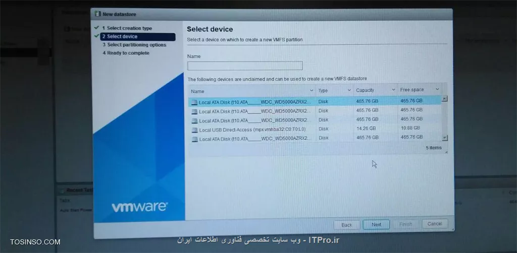 سپاسگزارم از جوابتون جناب آقای مهندس نصیری بزرگوار 

تو این یکی دو ساعت با دو روش رفتم جلو 
روش اول (نصب ESXi روی فلش )  :   هاردها رو Raid میکنم طبق همون دستورالعمل و مثلا یه پارتیشن درست میشه با یه حجم کامل (اینجا من با 4 تا هارد تست کردم )
||http://virtualization.tosinso.com/files/get/05e0fb5c-f83a-4857-addd-042a69ad2505||

همونطور که میبینین یه پارتیشن درست میشه و بعد از این محیط خارج میشم و ESXI رو با انتخاب فلش نصب میکنم . بعد از اینکه وارد محیط ESXI میشم و میخوام Datastore بسازم با این صحنه مواجه میشم : 
||http://virtualization.tosinso.com/files/get/8197c488-d3c6-4643-a5e3-60b739156513||

روش دوم ( نصب بر روی هارد)  : هاردها رو Raid میکنم و همون پارتیشن ساخته میشه و عملیات نصب رو با انتخاب یک هارد انجام میدم (اینجا با 6 هارد تست کردم)  
||http://virtualization.tosinso.com/files/get/a6dcb3ba-b10d-43d7-b89c-755b714f0a6b||
 بعد از اینکه وارد محیط ESXI میشم و میخوام Datastore بسازم با این صحنه مواجه میشم : 
||http://virtualization.tosinso.com/files/get/87e50855-48a9-47db-a597-79abce99dd75||
و این ... 
||http://virtualization.tosinso.com/files/get/0efd97a4-e4a4-4dad-afb7-3768095f444b||

همونطور که میبینید مشکل به این صورت پیش اومده 

البته اینو هم بگم در هیچکدوم از راه حل ها نمیشه در محیط esxi چندتا هارد رو باهم انتخاب کرد 


سپاسگزار میشم راهنمایی بفرمائید 

