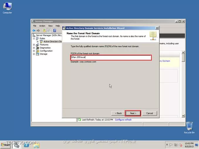 ||http://network.tosinso.com/files/get/465f83f1-ad1d-44fd-97d7-47db2dbdd599||
! راه اندازی یک شبکه قدرتمند محلی تحت دامین-Domain Networking

خب همان طور که از نامش معلوم هست شبکه ما تحت دامین میباشد و با شبکه های Workgroup خیلی تفاوت دارد. در شبکه دامین ما با سیستم عامل سرور یک شبکه راه اندازی میکنیم و بقیه کامپیوتر ها باید به سرور متصل شوند
تا بتوانند از سیستم های خود استفاده کنند همچنین ما در شبکه دامین میتوانیم سطح دسترسی کاربران را به قسمت های مختلف ویندوز محدود کنیم برای مثال از سرور دستور میدهم که کاربر X نتواند از USB استفاده کند و...
در شبکه Domain شما باید روی سرور برای هر کاربر Username و Password تعریف کنید تا کاربران با User و Pass های تایین شده توسط شما بتوانند کامپیوتر های خود را Login کنند.
در این قسمت از سیستم عامل Windows Server 2008 R2 استفاده میکنیم.

*خصوصیات شبکه Domain:*
قابلیت مدیرت هزاران کامپیوتر تنها از یک کامپیوتر ( سرور )
تعیین کردن سطح دسترسی کاربران به قسمت های مختلف سیستم عامل ویندوز
نصب برنامه ها تحت شبکه ( شما تایین میکنید که کاربران بتوانند چه برنامه هایی نصب کنند )
امنیت فوق العاده بالا
انعطاف پذیری بالا در مدیریت کاربران
نصب ویندوز بر روی کامپیوترهای Client عضو شبکه Domain
و......

پیکربندی ویندوز Server 2008 R2 Enterprise:
1- سیستم عامل ویندوز را روی کامپیوتر سرور نصب کنید. سیستم عامل را حتما فعال و Active کنید و ساعت آن را تنظیم کنید.
2- در این قسمت باید سرویس Active Directory را روی ویندوز سرور نصب کنید تا شبکه شما به Domain تبدیل شود. ( ADDC: Active Directory Domain Controller )
2-1: نصب سرویس Active Directory:

روی Start کلیک کنید سپس از Administrative Tools گزینه Server manager را انتخاب کنید:
||http://network.tosinso.com/files/get/d1bb9151-613e-43a6-9396-6d85acb85013||
2-2- در صفحه باز شده روی Roles کلیک کنید سپس Add Roles را بزنید:
||http://network.tosinso.com/files/get/9a64b30c-3142-4369-bca1-a874b86e16c5||
2-3- در این قسمت روی Next کلیک کنید:
||http://network.tosinso.com/files/get/587b1e57-15e6-462f-8a79-c55b970d6213||
2-4- در این قسمت تیک گزینه Active Directory Domain Services را بزنید:
||http://network.tosinso.com/files/get/ff749a6f-06e0-45a4-901e-53d8baa048a6||
2-5- صفحه ای باز میشود و باید روی Add Required Features کلیک کنید:
||http://network.tosinso.com/files/get/3fbe52f7-01e0-45d6-adb0-5fb2c2f42793||
2-6- تیک Active Directory Domain Services زده شد حالا روی Next کلیک کنید:
||http://network.tosinso.com/files/get/524e7fd5-206f-47f3-854a-efe49c96326d||
2-7- روی Next کلیک کنید:
||http://network.tosinso.com/files/get/2e1a28d8-acb0-4701-a7ae-9f42e86e1968||
2-8- روی Install کلیک کنید تا سرویس Active Directory نصب شود:
||http://network.tosinso.com/files/get/162dd0de-588b-4136-aaa4-2104315ab108||
2-9- در حال نصب:
||http://network.tosinso.com/files/get/6489b5cd-83f0-4b66-a890-eaa10b5c4660||
2-10- روی Close کلیک کنید تا نصب به اتمام برسد:
||http://network.tosinso.com/files/get/1b8b18aa-6986-418a-b01e-6b59c2ca8d5d||
2-11- روی Start کلیک کنید سپس از Administrative Tools گزینه Server manager را انتخاب کنید.
روی Roles کلیک کنید سپس روی Active Directory Domain Services کلیک کنید:
||http://network.tosinso.com/files/get/dee593d9-243f-44b2-93bc-6b300fe7d76c||
2-12- روی Run the Active Directory Domain Services Installation Wizard dcpromo.exe کلیک کنید:
||http://network.tosinso.com/files/get/3a44e3d2-068c-4c3d-9b58-80f609dbc2ad||
2-13- روی Next کلیک کنید:
||http://network.tosinso.com/files/get/3e5f84e4-a44a-4fad-8f5d-9f4ceb6e859f||
2-14- روی Next کلیک کنید:
||http://network.tosinso.com/files/get/2305697b-c67d-47d3-8601-cc7be14bc60a||
2-15- تیک گزینه Creat a new domain in a new forest را بزنید و روی Next کلیک کنید:
||http://network.tosinso.com/files/get/8dba017d-96aa-4fe6-bf36-681a52f70056||
2-16- در این قسمت باید برای دامنه شبکه دامین یک نام انتخاب کنید. دقت کنید که باید از 2 یا 3 کلمه تشکیل شود و بین آن ها نقطه ( . ) گذاشته شود. سپس روی Next کلیک کنید:
||http://network.tosinso.com/files/get/82dff6dd-706c-4bba-90b1-96701c4711e3||
2-17- در این قسمت از بالا ( Forest fuctional level ) گزینه Windows server 2008 R2 را انتخاب کنید و روی Next کلیک کنید:
||http://network.tosinso.com/files/get/781a032f-d08e-4aa9-bbfe-f0a3ed1ca1eb||
2-18- در این قسمت مطمئن باشید که تیک گزینه DNS خورده باشد سپس روی Next کلیک کنید:
||http://network.tosinso.com/files/get/f9000eaf-8a56-439c-b3f8-d985a60c39c0||
2-19- در این قسمت باید نوع سیستم IP دهی به شبکه را انتخاب کنید که DHCP و Manual میباشد من در اینجا ار IP دهی Manual استفاده میکنم و IP کارت های شبکه را دستی تنظیم میکنم
پس ابتدا IP سرور را دستی تنظیم کنید سپس گزینه زیر را انتخاب کنید:
||http://network.tosinso.com/files/get/82ea3931-05e4-4aea-99f3-969ef43e0458||
IP که من تنظیم کردم:
||http://network.tosinso.com/files/get/8154f867-bb10-4d7b-8e89-260cebf69a2b||
IP Address: 192.9.200.77 این IP باید در رنج IP ها و روترهای داخل شبکه باشد.
Subnet Mask: 255.255.255.0 باید همین مقدار باشد: 255.255.255.0
Default Geteway: 192.9.200.50 باید IP مودم یا روتر اینترنت باشد تا به اینترنت دسترسی داشته باشد.
2-20- سپس روی Next کلیک کنید و Yes را بزنید:
||http://network.tosinso.com/files/get/ea8c50c0-9f6d-4b9f-a188-7ea6f9e099d5||
2-21- روی Next کلیک کنید:
||http://network.tosinso.com/files/get/8065e660-4640-4674-a0ce-a263e88611f7||
2-22- در این قسمت برای بازیابی Active Directory یک رمز وارد کنید ( رمز شما باید ترکیبی از حروف کوچک حروف بزرگ و اعداد و کاراکتر یاشد ) سپس روی Next کلیک کنید:
||http://network.tosinso.com/files/get/f7579a6a-96f7-49b2-88d8-e51c2efbae91||
2-23- روی Next کلیک کنید تا تنظیمات اعمال شود:
||http://network.tosinso.com/files/get/01968a4a-546e-4e3b-9b0a-0577c06aaa91||
2-24- در این قسمت تیک گزینه Reboot on completion را بزنید تا بعد از اتمام نصب و تنظیمات سرور ریست شود:
||http://network.tosinso.com/files/get/4bf0cd9d-497e-4e7c-a2b6-07c6bdc59e00||
خب تا اینجا توانستیم شبکه Domain را روی سرور راه اندازی کنیم. حالا باید کامپیوترهای کاربران و کلاینت ها را عضو این شبکه کنیم.
||http://network.tosinso.com/files/get/2953c08f-ffda-4765-a24f-b57b27b1acb9||
! join کردن کامپیوتر ها به سرور
عضو کردن کامپیوترهای کاربران و کلاینت ها به شبکه Domain:
تعریف Username و Password برای یک یا چتد کاربر روی ویندوز سرور:
خب شما ابتدا باید روی سرور برای هر کاربر و کلاینت یک نام کاربری و رمز عبور تعریف کنید تا کاربران بتوانند وارد حساب کاربری خود شوند.
1- روی Start کلیک کنید سپس از Administrative Tools گزینه Server manager را انتخاب کنید.
به مسیر زیر بروید:
<c#>
Roles > Active Directory Domain Services > Active Directory users and Computers > Domain name > Users
<c#>
Domain name همان اسمی هست که برای شبکه Domain انتخاب کردید.
||http://network.tosinso.com/files/get/3643b8f5-fd04-49bd-afe5-70167391d2e2||
2- روی Users کلیک راست کنید و New user را بزنید:
||http://network.tosinso.com/files/get/5ad37cf3-02f0-47f7-9f82-91d39d93a7c9||
3- First name: نام کاربر را وارد کنید.

Last name: اسم فامیل کاربر را وارد کنید.

User logon name: نام کاربری کاربر برای وارد شدن به سیستم را وارد کنید.
سپس روی Next کلیک کنید:
||http://network.tosinso.com/files/get/60bb779e-6856-40b1-93ff-80b3c7021f24||
4- در این قسمت برای User که ساختید پشورد بزارید و همه تیک ها را بردارید و روی NExt کلیک کنید ( پسورد ترکیبی از اعداد حروف کوچک و بزرگ و کاراکتر باشد )
||http://network.tosinso.com/files/get/2591bc9d-892f-4d2c-9123-0c27023ee07c||
5- روی Finish کلیک کنید:
||http://network.tosinso.com/files/get/5a60ff1d-80d2-4d32-87e6-959e80df3dfc||
6- User ما بر روی سرور ساخته شد.

به کامپیوتر کاربر یا کلاینت بروید سپس IP آدرس برای آن کلاینت تعریف کنید ( IP باید در رنج IP سرور و شبکه باشد )
IP Address: آدرس IP در رنج شبکه و سرور ( تکراری نباشد )
Subnet Mask: باید 255.255.255.0 باشد
Default geteway: باید IP روتر یا مودم اینترنت باشد
Prefered DNS Server: که خیلی مهم میباشد باید IP سرور را وارد کنید اگر وارد نکنید امکان عضویت و بر قراری ارتباط با سرور را ندارید.
||http://network.tosinso.com/files/get/7120de2c-28be-4b06-b6bb-5dea7c2b1fa0||
6- روی Computer کلیک راست کنید و Properties را بزنید سپس روی Change settings کلیک کنید:
||http://network.tosinso.com/files/get/6448080b-1d7a-4f29-b68a-e22e062d076a||
7- روی Change کلیک کنید:
||http://network.tosinso.com/files/get/4268e27b-a4e8-40cf-ad0a-d49da540731d||
8- تیک گزینه Domain را بزنید و نام Domain که در سرور موقع نصب Active Directory انتخاب کردید را وارد کنید و OK را بزنید:
||http://network.tosinso.com/files/get/5c2cd75d-4a84-4a5a-9075-2672ada1bd65||
9- از شما USER Name و Password میخواهد:
||http://network.tosinso.com/files/get/4a3f8a04-0fc3-402d-bba6-4957033a51ff||
Username باید Administrator را وارد کنید و Password را رمز عبور ویندوز سرور 2008 سپس Ok را بزنید:
10- پیام خوش آمد گویی به شما نمایش داده میشود. این یعنی این که کاربر شما عضو شبکه Domain شد. روی OK کلیک کنید:
||http://network.tosinso.com/files/get/ba3a7f60-7726-457f-af71-9cec5e2c5a65||
11- از شما میخواهد کامپیوتر را ریست کنید رو OK کلیک کنید:
||http://network.tosinso.com/files/get/78b86ffc-d746-48f7-afbe-5e5df898929f||
سپس Close را بزنید و Restart now را بزنید.
12- سیستم کاربر که روشن شد به شما میگه مه CTRL + ALT + Delete را بزنید تا Login شوید:
||http://network.tosinso.com/files/get/18282e58-64b6-46c1-adb1-c3291cb96d40||
13- روی Switch User کلیک کنید:
||http://network.tosinso.com/files/get/52f35079-78d5-4633-bd7f-a71623317de8||
14- Other User را بزنید:
||http://network.tosinso.com/files/get/6b9d9841-f62d-48f3-a6ff-215ce30e2824||
15- User name و Password که در سرور برای کاربر تعریف کردید را وارد کنید تا Login شود:
||http://network.tosinso.com/files/get/5d6df99e-ab52-4b11-80f9-630070acbe20||
||http://network.tosinso.com/files/get/e51322cc-c0f7-4ffc-ade0-f0dc086b4188||
16- کاربر شما با موفقیت عضو شبکه Domain شد
||http://network.tosinso.com/files/get/4b8fb913-5ae3-40bb-b733-f01b85f970a1||
موفق باشید.