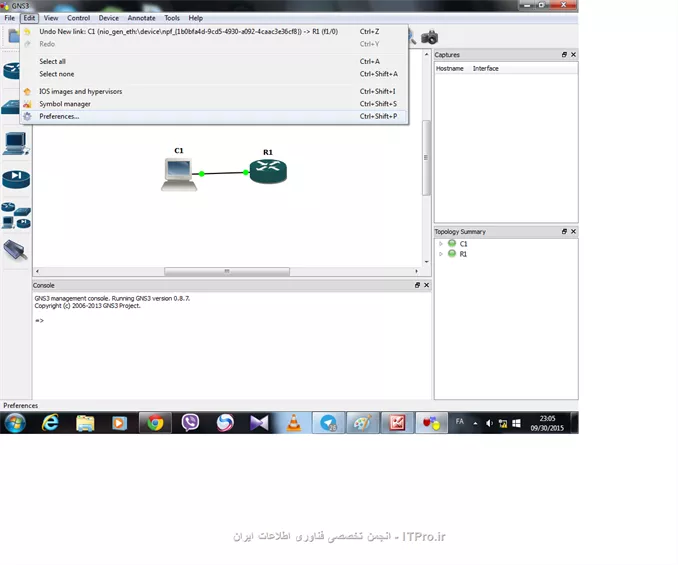 از منوی Edit گزینه Perference
||http://network.tosinso.com/files/get/831c42eb-daff-4048-bf01-9bdc3772ffe4||
صحت نصب Dynamips
||http://network.tosinso.com/files/get/ba7329ea-30df-4f26-9bc5-6fce781ed274||