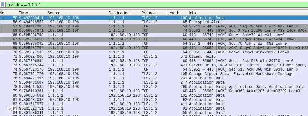 Wireshark output of DoH requests